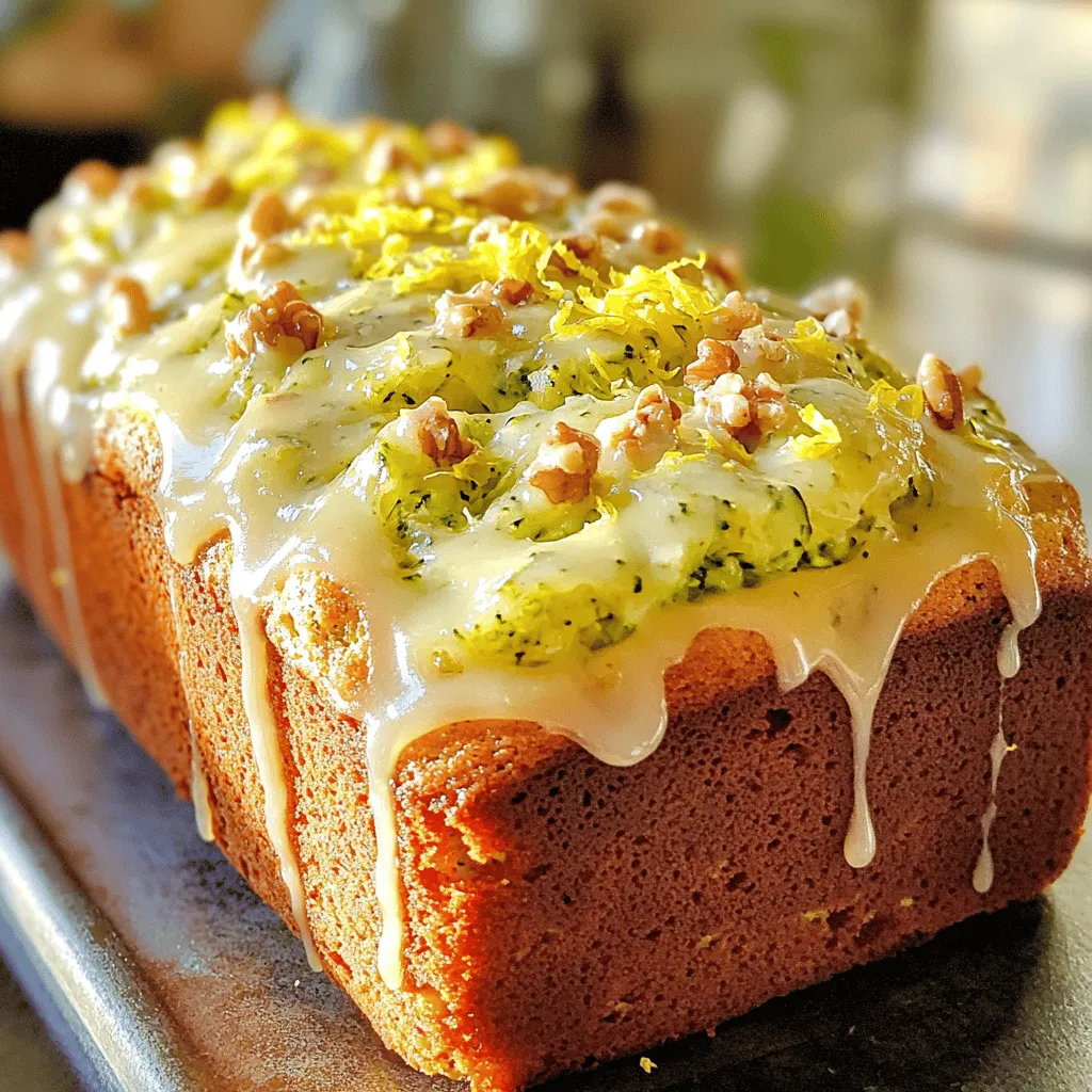 - 1 cup grated zucchini (approximately 1 medium zucchini) - 1 cup granulated sugar - 1/2 cup unsalted butter, softened - 2 large eggs - 1 teaspoon vanilla extract - 1 tablespoon lemon zest - 1/4 cup lemon juice - 1 and 1/2 cups all-purpose flour - 1 teaspoon baking powder - 1/2 teaspoon baking soda - 1/4 teaspoon salt - 1/2 teaspoon ground cinnamon (optional) - 1/2 cup chopped walnuts or pecans (optional) Lemon zucchini bread is flavorful and moist. The key is using fresh zucchini. When you grate it, it adds a nice texture and moisture. You don’t need to peel the zucchini; just wash it well. Lemon juice and lemon zest bring bright flavor to the bread. This balance of sweet and tart makes every bite special. The sugar gives the bread its sweetness. If you want less sugar, try reducing it a bit. Butter adds richness and helps with the texture. Use softened butter for the best mix. The eggs help bind everything together. They also add moisture and richness to the bread. Baking powder and baking soda help the bread rise. They create a light and fluffy texture. The salt enhances all the flavors in the bread. Ground cinnamon is optional but adds a warm note. If you like nuts, the chopped walnuts or pecans give a crunchy contrast. Using these ingredients, you can create a delicious lemon zucchini bread. The full recipe provides clear steps to guide you. Enjoy baking! - Preheat the oven to 350°F (175°C). - Grease a 9x5 inch loaf pan or line it with parchment paper. - In a large bowl, cream the butter and sugar together. - Add the eggs, one at a time. Mix well after each. - Stir in the vanilla extract, lemon zest, and lemon juice. - In another bowl, whisk the flour, baking powder, baking soda, salt, and cinnamon. - Slowly add this dry mix to the wet mixture. Stir gently until blended. - Fold the grated zucchini and nuts into the batter gently. - Pour the batter into the prepared pan and smooth the top. - Bake for 50-60 minutes. A toothpick should come out clean when done. Enjoy the full recipe as you create this delightful treat! - Avoid overmixing for a lighter texture. This keeps your bread fluffy. - Check for doneness using a toothpick. Insert it in the center; it should come out clean. - Substitute applesauce for butter for a healthier version. This cuts down on fat. - Use almond flour for a gluten-free option. It adds a nice nutty flavor. - Dust with powdered sugar before serving. This adds a lovely touch. - Serve with whipped cream for added flair. It makes each slice feel special. {{image_4}} You can elevate your lemon zucchini bread with fun flavors. Consider adding poppy seeds for a nice crunch. This tiny seed pairs well with lemon. It adds texture and a subtle nutty taste. You can also mix in dried fruits like cranberries or raisins. They give a sweet burst in every bite. Both options bring a new twist to this classic recipe. If you love lemon, try Lemon Blueberry Zucchini Bread. This version combines juicy blueberries with the zesty lemon flavor. The berries add sweetness and color. Another option is Lemon Poppy Seed Muffins. These muffins are easy to grab and go. They pack the same bright taste in a smaller form. Each alternative offers a fresh take on lemon and zucchini, keeping your baking exciting. For the original recipe, check out the Full Recipe. To keep your lemon zucchini bread fresh, store it in an airtight container. This method keeps the moisture in and prevents it from drying out. You can enjoy your bread for up to 3 days at room temperature. If you want to save some for later, freezing works great! Wrap the bread tightly in plastic wrap and then in foil. This protects it from freezer burn. You can freeze it for up to 3 months. When you're ready to enjoy it again, thaw it properly. The best way is to place it in the refrigerator overnight. If you're in a hurry, you can leave it at room temperature for several hours. This keeps it moist and tasty! Yes, yellow squash can be substituted for zucchini in this recipe. They have a similar texture and taste, so your bread will still be delicious. Just grate the yellow squash as you would the zucchini. This recipe is not vegan; however, you can substitute eggs with flax eggs or applesauce. To make a flax egg, mix one tablespoon of ground flaxseed with three tablespoons of water. Let it sit for a few minutes until it thickens. The bread is done when a toothpick inserted in the center comes out clean. If it has wet batter on it, bake for a few more minutes. Keep an eye on it to avoid overbaking. Yes, it contains zucchini, which provides vitamins; however, the sugar content should be moderated. Zucchini adds moisture and nutrients, making the bread a bit healthier. Just watch the sugar if you want a lighter treat. It pairs well with cream cheese frosting, butter, or fresh fruit. A slice with cream cheese adds a nice creamy touch. Fresh fruit can brighten the flavors even more. Lemon zucchini bread is a treat that blends zest with soft, moist goodness. This recipe is simple and fun. You start with fresh zucchini, which adds moisture and nutrition. The lemon brings bright flavor, making every bite refreshing. Ingredients: - 1 cup grated zucchini (approximately 1 medium zucchini) - 1 cup granulated sugar - 1/2 cup unsalted butter, softened to room temperature - 2 large eggs - 1 teaspoon pure vanilla extract - 1 tablespoon lemon zest (from about 1 lemon) - 1/4 cup freshly squeezed lemon juice - 1 and 1/2 cups all-purpose flour - 1 teaspoon baking powder - 1/2 teaspoon baking soda - 1/4 teaspoon salt - 1/2 teaspoon ground cinnamon (optional, for added warmth) - 1/2 cup chopped walnuts or pecans (optional, for crunch) Start by preheating your oven to 350°F (175°C). Grease a 9x5 inch loaf pan. You can also line it with parchment paper to help with easy removal later. In a large bowl, cream together the softened butter and sugar. Use an electric mixer for about 3-5 minutes. The mix should turn light in color and fluffy. Next, add the eggs one at a time. Mix well. Then, stir in the vanilla, lemon zest, and lemon juice until smooth. In a separate bowl, whisk together the flour, baking powder, baking soda, salt, and cinnamon if you want. This step ensures that all the dry ingredients mix well. Now, slowly add the dry mix to the wet ingredients. Stir gently using a spatula until just combined. It’s important to avoid overmixing, which can make the bread dense. Gently fold in the grated zucchini and chopped nuts if you choose. This step adds great texture and flavor without overworking the batter. Pour the batter into your prepared loaf pan. Use a spatula to smooth the top for even baking. Place the pan in the oven and bake for 50-60 minutes. Check for doneness by inserting a toothpick into the center. If it comes out clean, the bread is done. Let the loaf cool in the pan for about 10 minutes. After that, transfer it to a wire rack to cool completely before slicing. For a special touch, dust the top with powdered sugar or serve slices with whipped cream. Enjoy your flavorful Lemon Zucchini Delight! This blog shares a simple recipe for Lemon Zucchini Bread. You learned about ingredients, step-by-step mixing methods, baking tips, and storage options. Plus, I offered variations for added flavor and healthy swaps. Remember, this tasty bread is easy to make and can suit many diets with simple changes. Whether for a snack or dessert, it’s a delightful treat. Be creative and enjoy your baking journey!