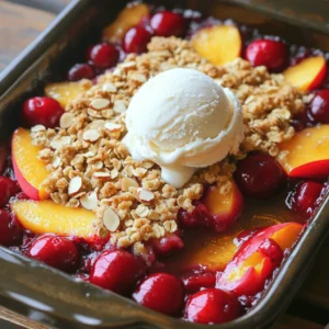 Here are the simple and fresh ingredients you will need for the Cherry Peach Crisp: - 2 cups fresh cherries, pitted and halved - 2 cups ripe peaches, peeled and thinly sliced - 1 cup rolled oats - 1/2 cup all-purpose flour - 1/2 cup packed brown sugar - 1/4 cup granulated sugar - 1 teaspoon ground cinnamon - 1/2 teaspoon sea salt - 1/2 cup unsalted butter, melted and slightly cooled - 1/4 cup sliced almonds - 1 teaspoon pure vanilla extract Each ingredient plays a key role. The cherries and peaches bring bright, sweet flavors. The oats and flour give the topping its crunch. Brown sugar adds depth, while cinnamon warms the dish. Sea salt enhances all the flavors, making them pop. The butter binds it all together, giving a rich taste and texture. For the best results, choose ripe, juicy fruits. Fresh ingredients make every bite more delicious. If you want to explore more, check out the Full Recipe. It offers step-by-step guidance to help you create this delightful dessert. - Preheat the oven: Start by preheating your oven to 350°F (175°C). This step is key to ensure your crisp bakes evenly. - Prepare the fruit mixture: In a large bowl, mix 2 cups of fresh, pitted cherries and 2 cups of ripe, sliced peaches. Add 1/4 cup of granulated sugar and 1 teaspoon of pure vanilla extract. Toss the fruit gently until it is well-coated. Spread this mixture in a greased 9x13-inch baking dish. - Prepare the oat topping: In another bowl, blend together 1 cup of rolled oats, 1/2 cup of all-purpose flour, 1/2 cup of packed brown sugar, 1 teaspoon of ground cinnamon, and 1/2 teaspoon of sea salt. Mix these dry ingredients until combined. - Assemble the crisp: Drizzle 1/2 cup of melted, slightly cooled unsalted butter over the dry mixture. Stir until it forms a crumbly texture. Fold in 1/4 cup of sliced almonds for added crunch. Sprinkle this oat mixture evenly over the fruit in the baking dish. - Bake duration and temperature: Place your baking dish in the preheated oven. Bake for 30 to 35 minutes. - Indications for doneness: Look for a golden brown topping and bubbling fruit around the edges. This means your cherry peach crisp is ready. - Cooling time before serving: Let the crisp cool for at least 10 minutes. This helps the juices settle and improves the serving experience. - Presentation tips: Serve the warm cherry peach crisp in rustic bowls. Add a scoop of creamy vanilla ice cream on top. Drizzle with honey and sprinkle with ground cinnamon for a beautiful finish. - Recommended accompaniments: This dish pairs well with whipped cream or a dollop of yogurt for added flavor. Enjoy the warm fruit and cool toppings together! To make the best cherry peach crisp, start by picking ripe fruit. Ripe cherries should be deep red, while peaches should feel slightly soft when you press them. This ensures juicy flavor in your dessert. For the topping, you want it to be crumbly but not too dry. Mix rolled oats, flour, brown sugar, and sea salt well. Drizzling melted butter over this mix helps create a nice texture. Stir until you see clumps form. This will give you that perfect crispy top. You can switch up the fruits in this recipe. Try using blueberries or apples if you want something different. Each fruit brings its own taste and texture, making your dish unique. If you need a gluten-free option, swap all-purpose flour for almond or coconut flour. Make sure your oats are certified gluten-free, as some brands may have traces of gluten. Adding spices can elevate your cherry peach crisp. A pinch of nutmeg or fresh ginger can add warmth and depth. These spices blend well with the sweet fruit. Citrus zest is another great addition. A bit of lemon or orange zest brightens the flavors. Just a teaspoon mixed in with the fruit gives a fresh twist. For more details, check the Full Recipe. {{image_4}} I love to mix different fruits in my cherry peach crisp. You can add berries like blueberries or raspberries for a fun twist. Apples also work well, giving a nice crunch and tartness. Seasonal fruits make it fun, too. In summer, use fresh cherries and peaches. In fall, swap in apples and pears. Each fruit choice brings its own flavor, making your crisp unique. You can serve cherry peach crisp in different ways. One fun idea is to turn it into a parfait. Layer the crisp with yogurt and fresh fruit in a glass. This looks pretty and tastes great! You can also make mini individual servings. Use small ramekins, so each person gets their own. This makes serving easy and adds a special touch to your meal. Toppings can change the whole dish. If you want a crunchier texture, swap oats for chopped nuts or granola. This adds a nutty flavor that pairs well with the fruit. You can also mix in chocolate chips for a sweet surprise. This little twist makes your cherry peach crisp even more delightful. For more ideas, check the Full Recipe for other topping options. You can store cherry peach crisp at room temperature for a day. If you have leftovers, refrigerate them. Place it in an airtight container to keep it fresh. The cold helps the flavors meld and can make it even tastier. Reheat your crisp in an oven or a microwave. The oven gives it a crispy topping. Heat it at 350°F (175°C) for about 10-15 minutes. If using a microwave, heat in 30-second bursts. This keeps the fruit warm without making the topping soggy. You can freeze cherry peach crisp before or after baking. If freezing before baking, assemble it in a dish and cover it well. Bake from frozen; add 10-15 extra minutes. If baked, let it cool, then wrap and freeze. For thawing, leave it in the fridge overnight. You can also thaw it at room temperature for a few hours. Enjoy your cherry peach crisp anytime! Yes, you can use frozen fruit. Just be sure to thaw and drain it first. Frozen fruit can give you a tasty crisp, but it might be a bit juicier. Adjust the sugar if needed to balance the flavors. To make the topping crunchier, try adding more oats or nuts. You can also bake it a few minutes longer. Just watch it closely to avoid burning. A sprinkle of brown sugar on top can also help with that golden crunch. Yes, you can prepare the crisp ahead of time. Just assemble the fruit and topping but don't bake it. Cover and store it in the fridge for up to a day. When you’re ready, bake it straight from the fridge. Serve it warm for the best taste. A scoop of vanilla ice cream on top makes it even better. You can also drizzle some honey or sprinkle cinnamon for extra flavor. Cherry peach crisp lasts about 3 to 5 days in the fridge. Make sure to cover it well. Reheat it in the oven or microwave for a quick treat. Enjoy this delicious dessert again and again! This cherry peach crisp recipe is easy to make and delicious. We discussed ingredients, baking steps, and serving ideas. You can try fun variations for your needs. Remember to store your leftovers well to keep them fresh. Enjoy your tasty crisp warm or cold. This dessert is sure to impress everyone. Get creative and have fun with different fruits and toppings. Happy baking!