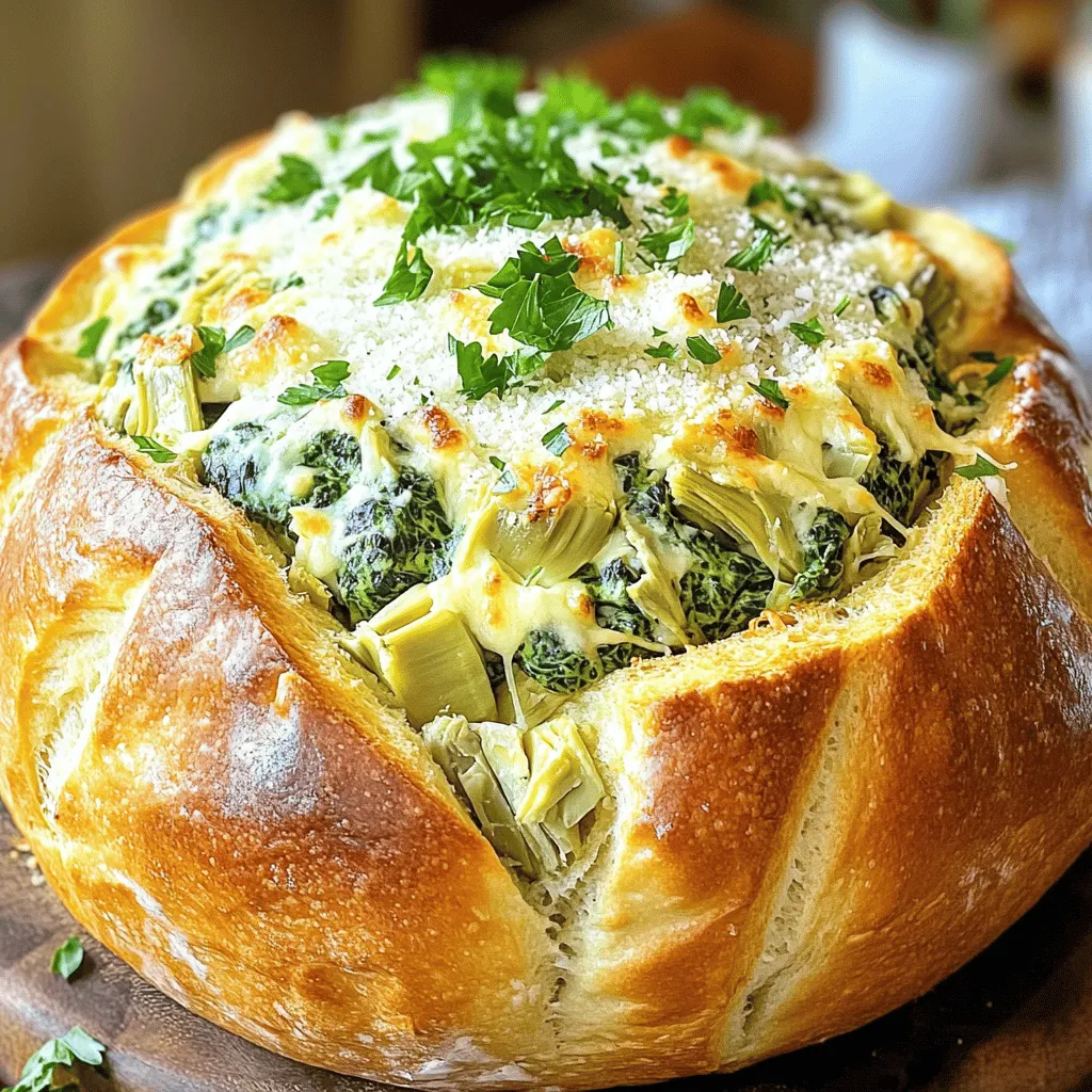 - 1 large round sourdough bread loaf - 1 cup fresh spinach, finely chopped - 1 cup canned artichoke hearts, well-drained and chopped - 1 cup cream cheese, softened - 1/2 cup sour cream - 1/2 cup mayonnaise - 1 cup shredded mozzarella cheese - 1/2 cup grated Parmesan cheese - 2 cloves garlic, minced - 1 teaspoon onion powder - 1 teaspoon fresh lemon juice - Salt and pepper to taste - 1 tablespoon olive oil - Fresh parsley, chopped, for garnish This recipe is all about balance. You want the savory artichokes and spinach to shine without overpowering the bread. The sourdough loaf adds a great tang, while the cream cheese and sour cream create a rich base. The mozzarella and Parmesan create that stretchy, cheesy goodness we all crave. - Prep Time: 15 mins - Cook Time: 30 mins - Total Time: 45 mins When you plan your time, consider the prep time. You can chop the spinach and artichokes while the oven heats. This way, you keep things moving. - Servings: 6-8 This recipe feeds a crowd. It’s perfect for parties or game days. Each person can grab a wedge and enjoy. For the full experience, check out the Full Recipe. It guides you through each step! - Set your oven to 350°F (175°C). - Blend cream cheese, sour cream, and mayonnaise until smooth. - Fold in spinach, artichokes, mozzarella, Parmesan, garlic, onion powder, lemon juice, salt, and pepper. Start by mixing the cream cheese, sour cream, and mayonnaise in a bowl. Use a hand mixer or a spatula to blend them well. This makes a nice, creamy base. Once smooth, add the chopped spinach and artichokes. Next, toss in the cheeses, garlic, onion powder, lemon juice, and your salt and pepper. Stir this mixture until everything is evenly combined. - Use a sharp knife to create a cavity in the sourdough bread. Take your sourdough loaf and place it on a cutting board. Carefully use a sharp knife to cut around the inside, making a cavity. Leave about an inch of bread at the edges. This keeps the shape and helps hold the filling. - Coat the inside with olive oil and pack the filling tightly. Drizzle some olive oil inside the hollowed bread. This helps keep it from getting soggy. Now, take your filling and pack it tightly into the cavity. You can mound it a bit above the edges for a nice look. - Place on a baking sheet and bake for 25-30 minutes until golden brown. Put the stuffed bread on a baking sheet. This helps catch any drips while baking. Bake it in the preheated oven for about 25 to 30 minutes. Look for a golden brown color on top. - Cool for 5 minutes and slice into wedges for serving. Once the bread is done, take it out and let it cool for about 5 minutes. This makes it easier to slice. Use a sharp knife to cut the stuffed bread into wedges. This makes it perfect for sharing. Serve it warm and enjoy your savory spinach and artichoke stuffed bread! For the full recipe, check out the recipe section above. You can boost the flavor of your stuffed bread easily. Add fresh herbs like basil or dill. A pinch of red pepper flakes will give it a nice kick. You can also use smoked paprika for depth. Consider mixing in some sun-dried tomatoes or olives for extra taste. Experiment with spices to find your favorite blend. Keeping your bread crisp is key. Start by coating the inside with olive oil. This will help create a barrier. Make sure your filling has no excess moisture. Drain artichokes well and pat spinach dry if needed. If you want, bake it on a pizza stone. This can help with even cooking and crispiness. Serving your stuffed bread can be fun and creative. Place it on a large wooden board for a rustic look. Sprinkle chopped parsley on top for color. Cut the bread into wedges for easy sharing. Serve with small plates and dips like marinara or ranch. You can even add a side salad for a nice touch. For the full recipe, check the details above! {{image_4}} You can easily switch up the veggies in your stuffed bread. Try adding bell peppers, mushrooms, or sun-dried tomatoes. These choices add a pop of color and flavor. You can also use kale or Swiss chard if you want something different. Experiment with veggies you love. This gives the dish a personal touch. Cheese is key to a creamy filling. You might want to try different types for unique tastes. Goat cheese adds a tangy flavor, while cheddar brings a sharper bite. You can also use vegan cheese if you avoid dairy. Mixing different cheeses creates a rich experience. Just remember to keep the total amount the same. To make your stuffed bread gluten-free, use gluten-free bread. Most stores have good options now. You’ll want to check that your cheese and sauces are gluten-free too. This way, everyone can enjoy the dish. Just follow the same steps in the recipe for best results. There’s no need to miss out on this delicious treat! To keep your stuffed bread fresh, wrap it tightly in plastic wrap. Place it in an airtight container. This method helps maintain the bread's moisture and flavor. Store it in the fridge for up to three days. Before serving, you can reheat it in the oven to restore its crispness. If you want to save some for later, freezing is a great option. First, let the stuffed bread cool completely. Then, wrap it tightly in aluminum foil or plastic wrap. Place it in a freezer bag to prevent freezer burn. You can freeze it for up to three months. To reheat, thaw it overnight in the fridge. Bake it at 350°F (175°C) for about 20–25 minutes. This will warm it through and crisp the outside. When stored properly, the stuffed bread stays fresh for about three days in the fridge. If you freeze it, it can last up to three months. After that, the taste and texture may decline. Always check for any signs of spoilage before eating leftovers. Yes, you can prepare it in advance. Mix the filling and stuff the bread. Cover it tightly with plastic wrap. Keep it in the fridge for up to a day. When you are ready to bake, remove the wrap. Bake as usual to warm it up. This stuffed bread pairs well with many sides. Here are a few ideas: - A fresh green salad for a light touch. - A creamy ranch or blue cheese dip for extra flavor. - Sliced veggies like carrots and cucumbers for crunch. - A warm bowl of soup for a cozy meal. You can easily change the spice level to suit your taste. To add heat, mix in crushed red pepper flakes or cayenne pepper. For a milder flavor, reduce the garlic or skip the onion powder. Taste the filling before baking to find your perfect balance. This blog post covered a tasty spinach and artichoke stuffed bread recipe. You learned about the ingredients, preparation steps, and tips to enhance flavor. The recipe is easy, quick, and perfect for sharing. You can also adjust it with variations like vegetarian or gluten-free options. In the end, this dish can impress friends and family. Enjoy baking, and have fun making it your own!