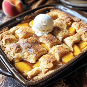 To make fresh peach cobbler, gather these key ingredients: - 6 ripe peaches, peeled and sliced - 1 cup granulated sugar, divided - 1 tablespoon freshly squeezed lemon juice - 1 teaspoon pure vanilla extract - 1 teaspoon ground cinnamon - 1/2 teaspoon ground nutmeg - 1 cup all-purpose flour - 1 tablespoon baking powder - 1/2 teaspoon sea salt - 1 cup whole milk - 1/2 cup unsalted butter, melted - 1/4 cup light brown sugar - 1 teaspoon cornstarch (optional for thicker filling) Each ingredient plays a role. The peaches give that sweet, juicy flavor. Sugar adds sweetness, while lemon juice brightens the taste. Vanilla and spices create warmth and depth. Flour, baking powder, and milk help form a soft, fluffy batter. Butter adds richness, and brown sugar gives a lovely caramel touch. If you lack any ingredient, don’t worry. Here are some substitutes: - Use nectarines instead of peaches for a similar taste. - Swap granulated sugar for coconut sugar or honey. - Substitute lemon juice with lime juice for a different twist. - Use almond or soy milk instead of whole milk. - Replace all-purpose flour with gluten-free flour if needed. These swaps keep the flavor intact while catering to your needs. To pick the best peaches, follow these tips: - Look for peaches that are slightly soft to the touch. - Choose peaches with a deep yellow or orange color. - Avoid any with bruises or blemishes. - Smell the peaches; they should have a sweet aroma. Fresh, ripe peaches make the cobbler truly shine. Use what is in season for the best flavor and taste. For the full recipe, check out the recipe section. Start by washing and peeling your ripe peaches. Use a sharp knife to slice them into thin pieces. Next, place the sliced peaches in a large bowl. Add 1/2 cup of granulated sugar, lemon juice, vanilla extract, ground cinnamon, ground nutmeg, and cornstarch if you want a thicker filling. Gently toss the mixture so the peaches get coated well. Let this sit for about 15 minutes. This waiting time helps the flavors blend nicely. In another bowl, mix the flour, the remaining 1/2 cup of granulated sugar, baking powder, and sea salt. Whisk them together until they are combined completely. Gradually add in the whole milk and melted butter. Stir gently until the batter is smooth. Do not overmix; this keeps the cobbler light and fluffy. Grease a 9x13 inch baking dish with butter or non-stick spray. Pour your batter into the dish, spreading it evenly. Carefully spoon the peach mixture over the batter. Do not stir; the peaches will sink while baking. Sprinkle the brown sugar on top for added sweetness. Bake in your preheated oven at 350°F (175°C) for 35-40 minutes. The cobbler is ready when it turns golden brown and a toothpick comes out clean. Let it cool for at least 10 minutes before serving. This makes it easier to serve and allows the juices to set. Enjoy your Fresh Peach Cobbler Bliss! For the full recipe, check the section above. To get the best cobbler texture, use fresh, ripe peaches. The juices from the peaches help create a soft, moist filling. Avoid overmixing your batter; mix just until combined. This keeps the cobbler light and fluffy. Add lemon juice to brighten the peach flavor. A scoop of vanilla extract brings warmth and depth. Ground cinnamon and nutmeg add spice. You can also try adding a splash of almond extract for a new twist. One mistake is using hard, unripe peaches. They won't soften well during baking. Another error is stirring the peach filling into the batter. Let the peaches sink naturally for a better look and taste. Lastly, don’t skip the resting time after baking; it helps flavors meld and makes serving easier. For the complete recipe, check out the Full Recipe. {{image_4}} You can change up your cobbler with other fruits. Try using ripe berries, apples, or pears. Each fruit brings its own taste and texture. Berries add a tart flavor, while apples give a nice crunch. You can mix different fruits too. A blend of peaches and blueberries can be delightful. You can make this cobbler gluten-free or dairy-free. For gluten-free, swap all-purpose flour with almond or coconut flour. These flours work well and taste great. Use almond milk or coconut milk instead of whole milk for a dairy-free option. You can also use a dairy-free butter substitute. Spices can change the flavor of your cobbler. Try adding a pinch of cardamom for warmth. Ginger can add a nice zing. You can also use a mix of spices for a more complex taste. Experiment with cloves or allspice. Each spice can make your cobbler unique and exciting. Remember, you can find the full recipe for my peach cobbler at the beginning of this article. Enjoy exploring these delicious variations! After you enjoy your fresh peach cobbler, store any leftovers in an airtight container. Let the cobbler cool to room temperature. Cover it tightly with plastic wrap or a lid. This keeps the cobbler moist and fresh. You can keep it in the fridge for up to three days. To reheat peach cobbler, preheat your oven to 350°F (175°C). Place the cobbler in an oven-safe dish. Cover it with foil to keep it from drying out. Heat for about 15-20 minutes, or until warm. You can also use a microwave. Heat individual portions on medium power for about 30 seconds to 1 minute. You can freeze peach cobbler for later. First, let it cool completely. Cut it into portions and wrap each piece in plastic wrap. Place the wrapped pieces in a freezer-safe bag. Remove as much air as possible. Freeze for up to three months. When ready to eat, thaw in the fridge overnight and reheat. This way, you can enjoy your delicious peach cobbler anytime! For the full recipe, check out the Peach Cobbler Delight section. Yes, you can use frozen peaches. Just thaw them and drain any excess juice. This keeps your cobbler from getting too watery. Frozen peaches may also need a bit more sugar since they are often less sweet than fresh ones. The cobbler is done when it turns golden brown. To check, insert a toothpick into the batter. If it comes out clean, your cobbler is ready! The top should look firm, and the edges should be bubbling. Fresh peach cobbler pairs perfectly with a scoop of vanilla ice cream. Whipped cream also adds a nice touch. If you want a twist, serve it with cream cheese frosting or a sprinkle of nuts for crunch. Homemade peach cobbler stays fresh for about 3-4 days in the fridge. Store it in an airtight container to keep it moist. You can also freeze it for up to 3 months. Just reheat it in the oven before serving for the best taste. For the full recipe, check out the Peach Cobbler Delight section. In this post, we explored key ingredients, step-by-step instructions, and tips for a great peach cobbler. Remember to choose ripe peaches and avoid common mistakes for the best outcome. You can even try different fruits and flavors to mix things up. Store leftovers correctly or freeze them for later enjoyment. This dessert is not just tasty; it brings joy to any gathering. Enjoy your baking journey!