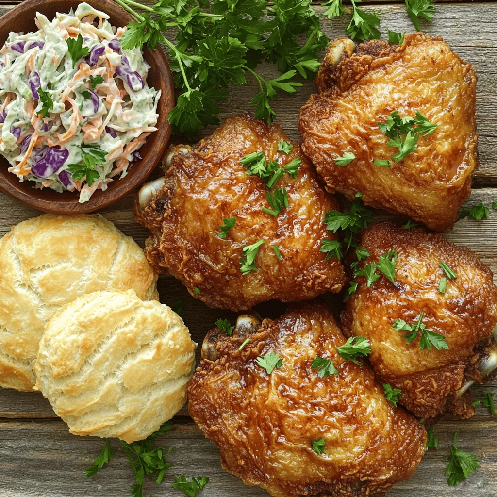 To make crispy KFC-style chicken, gather these ingredients: - 4 chicken thighs (bone-in, skin-on) - 1 cup buttermilk - 1 tablespoon hot sauce - 1 cup all-purpose flour - 1 teaspoon garlic powder - 1 teaspoon onion powder - 1 teaspoon smoked paprika - 1 teaspoon cayenne pepper (adjust to taste) - 1 teaspoon dried thyme - 1 teaspoon black pepper - 1 teaspoon salt - Vegetable or peanut oil (for frying) You can swap ingredients for various diets: - Gluten-free: Use a gluten-free flour blend instead of all-purpose flour. - Dairy-free: Replace buttermilk with almond milk mixed with lemon juice. - Spicy: Add more cayenne pepper or use a spicy sauce in the marinade. You'll need these tools for cooking: - Large mixing bowl - Whisk - Shallow dish or ziplock bag - Deep skillet or fryer - Wire rack or paper towels for draining - Meat thermometer for checking doneness These ingredients and tools will help you create delicious, crispy KFC-style chicken at home. For the full recipe, check the instructions provided above. To start, grab a mixing bowl. In it, combine 1 cup of buttermilk and 1 tablespoon of hot sauce. Whisk these two together until smooth. This mixture helps tenderize the chicken and adds flavor. Next, take 4 chicken thighs and place them in a large ziplock bag or dish. Pour the buttermilk mix over the chicken, ensuring it covers all the pieces. Seal the bag or cover the dish tightly. Refrigerate for at least 4 hours, or even better, overnight. This wait time allows the chicken to soak up the flavors. Next, we need to prepare the seasoned coating. In a separate bowl, mix 1 cup of all-purpose flour with the following spices: - 1 teaspoon garlic powder - 1 teaspoon onion powder - 1 teaspoon smoked paprika - 1 teaspoon cayenne pepper (you can adjust this for spice) - 1 teaspoon dried thyme - 1 teaspoon black pepper - 1 teaspoon salt Stir these until they blend well. When the chicken finishes marinating, take it out and let any extra liquid drip off. Now, dredge each chicken thigh in the seasoned flour mix. Make sure every surface is coated. Gently shake off the extra flour. Now, it’s time to fry! Heat vegetable or peanut oil in a deep skillet or fryer to 350°F (175°C). Ensure there’s enough oil to cover the chicken halfway. Carefully place the chicken in the hot oil, skin side down. Do not overcrowd the skillet; fry in batches if needed. Cook each batch for about 10-12 minutes until golden brown. Then, flip the chicken and fry for another 8-10 minutes. Use a meat thermometer to check that the inside reaches 165°F (75°C). Once cooked, take the chicken out and place it on a wire rack or on paper towels to drain any excess oil. Let it rest for a few minutes before serving to keep it juicy. For the full recipe, check the section above. Enjoy your crispy, homemade chicken! To get that crispy coating, start with the buttermilk marinade. The acid in buttermilk helps tenderize the chicken. Add hot sauce for spice and flavor. Let the chicken soak for at least four hours. For the coating, mix flour with spices. Make sure each piece is covered well. Shake off excess flour before frying. This will help the breading stick better. Use a deep skillet or fryer for the best results. Heat the oil to 350°F (175°C). This temperature cooks the chicken evenly and keeps it juicy. Always fry the chicken skin side down first. This helps seal in the moisture. Fry in small batches to avoid crowding the pan. Overcrowding can lower the oil temperature, leading to soggy chicken. If your chicken is not crispy, check the oil temperature. Too low makes the chicken greasy. If the coating falls off, it may not have enough flour. Make sure to shake off excess flour before frying. If the chicken cooks unevenly, reduce the number of pieces per batch. Lastly, always let the chicken rest on a wire rack after frying. This keeps the bottom crispy by allowing air to circulate. For more detailed steps, check the Full Recipe. {{image_4}} To spice up your KFC-style chicken, add more heat. Use two tablespoons of hot sauce in the buttermilk marinade. Adjust the cayenne pepper to two teaspoons for a bolder flavor. This fiery kick pairs well with creamy dips like ranch or blue cheese. It elevates your meal with a tasty twist. Try this spicy version if you crave something with a bit more zing. You can enjoy crispy chicken without the frying by baking it. Use the same buttermilk marinade and flour coating. Instead of frying, preheat your oven to 425°F (220°C). Place the coated chicken on a baking sheet lined with parchment paper. Spray it lightly with cooking oil. Bake for 30-35 minutes, flipping halfway through. Check for doneness using a meat thermometer. This version offers a crunchy texture with fewer calories. If you prefer a meatless option, try using cauliflower or eggplant. Cut the vegetables into thick slices or florets. Follow the same marinade and coating process. For a plant-based twist, use almond milk instead of buttermilk. Fry or bake as you would with chicken. This creates a crunchy, satisfying dish that everyone will love. Enjoy your crispy KFC-style veggie creation! For the complete recipe, check out the full recipe. To store leftover crispy KFC-style chicken, first let it cool. Once cool, place it in an airtight container. This helps keep it fresh and tasty. You can keep it in the fridge for up to four days. Make sure to label your container with the date. This way, you won’t forget how long it’s been there. When it’s time to reheat, the oven is your best friend. Preheat your oven to 375°F (190°C). Place the chicken on a baking sheet. Cover it loosely with foil to keep it moist. Heat for about 15-20 minutes. Check that it is hot all the way through. You can also use an air fryer for a crispy finish. Set it to 350°F (175°C) and heat for 5-7 minutes. If you want to save some for later, freezing works well. Wrap each piece of chicken in plastic wrap. Then, place the wrapped chicken in a freezer bag. Squeeze out as much air as you can. This helps prevent freezer burn. You can freeze it for up to three months. When you’re ready to eat, thaw it in the fridge overnight before reheating. To make your fried chicken extra crispy, use a few key tricks. First, soak the chicken in buttermilk. This step adds flavor and moisture. Second, double-dip the chicken. Dredge it in seasoned flour, then dip it back in the buttermilk, and coat it again in flour. This extra layer gives you that crunchy texture. Lastly, fry the chicken at the right temperature. Keep the oil at 350°F to 375°F. This helps the coating to crisp up quickly without getting soggy. Yes, you can use different cuts of chicken. Thighs, drumsticks, and wings all work well. Each cut has its own flavor and texture. Bone-in pieces keep the meat juicy. Skin-on chicken helps retain moisture and adds crispiness. If you prefer white meat, chicken breasts can also be used. Just remember to adjust the cooking time. Breast meat cooks faster than thighs or drumsticks. The best oil for frying chicken is one with a high smoke point. Vegetable oil and peanut oil are great choices. They handle high heat well without burning. Canola oil is also a good option. Avoid oils with low smoke points, like olive oil. These can create a burnt taste and smoke in your kitchen. Always ensure the oil is fresh for the best flavor. For a full recipe, check out the detailed steps and ingredients above. This article covered all you need to make great fried chicken. You learned about the key ingredients, whether they are alternatives or equipment. The clear steps made it easy to prepare and fry chicken perfectly. You also found helpful tips for a crispy coating and flavorful results. Remember, cooking is about experimenting. Try variations like the spicy version or healthier options. With these guidelines, you can enjoy delicious fried chicken at home.