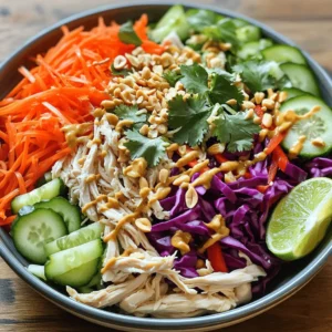- 2 cups cooked chicken breast, shredded - 1 cup red cabbage, thinly sliced - 1 cup carrots, grated - 1 cucumber, julienned - 1 red bell pepper, thinly sliced - 1/4 cup fresh cilantro, chopped - 2 tablespoons fresh lime juice - 2 tablespoons fish sauce - 1 tablespoon honey - 1 tablespoon sesame oil - 1 teaspoon freshly grated ginger - 1 garlic clove, finely minced - 1/4 cup chopped peanuts (for garnish) - Salt and freshly ground black pepper, to taste Each serving of Thai Chicken Salad packs a punch of flavor and nutrition. You can expect about 350 calories per serving. The macronutrient breakdown is as follows: - Protein: 25g - Carbohydrates: 20g - Fats: 15g This salad is not just tasty; it's also a balanced meal you can enjoy any time. The fresh ingredients bring vitamins and minerals to your plate. The chicken gives you protein, while the veggies provide fiber. Enjoy this salad knowing it's good for you! For a complete cooking experience, check out the Full Recipe. To start, gather your ingredients. You need cooked chicken breast, red cabbage, carrots, cucumber, red bell pepper, and cilantro. In a large bowl, combine the shredded chicken with the thinly sliced red cabbage, grated carrots, julienned cucumber, sliced red bell pepper, and chopped cilantro. Gently toss the mixture. This step ensures all the flavors blend. Next, grab a small bowl to make the dressing. Whisk together fresh lime juice, fish sauce, honey, sesame oil, grated ginger, and minced garlic. Add a pinch of salt and ground black pepper. Keep whisking until everything mixes well. Taste it and adjust the seasoning if needed. You want a balance of sweet and salty. Now it’s time to bring everything together. Drizzle the dressing over the salad mixture. Gently toss again to coat every ingredient in that tasty dressing. Let the salad rest for about 10 minutes. This resting time helps the flavors meld beautifully. Just before serving, sprinkle the chopped peanuts on top for a nice crunch. Enjoy your fresh, vibrant meal! Want to see the full recipe? Check out the Full Recipe. To make the best Thai chicken salad, start with high-quality chicken and fresh produce. Look for chicken breast that is firm and pink. This shows it is fresh. For the veggies, pick vibrant colors. The red cabbage should be crisp, and the carrots should snap when you break them. Fresh herbs are key to great flavor. Use cilantro and mint for a bright taste. They add a nice touch to the salad. Always wash herbs well to remove dirt. After mixing the salad, let it rest for about 10 minutes. This time allows the flavors to blend well. It makes each bite more tasty. If you want to spice things up, add chili flakes for heat, or a splash of soy sauce for depth. You can also play with the dressing. Try adding a bit of peanut butter for richness or a splash of rice vinegar for tang. Serving the salad in a colorful bowl makes it eye-catching. You can also use individual plates for a special touch. For garnishing, sprinkle chopped peanuts on top for crunch. Add extra cilantro leaves and a lime wedge on the side. This not only looks good but lets guests add more flavor if they wish. For the full recipe, check out the provided details. {{image_4}} For a tasty vegetarian Thai chicken salad, swap chicken for tofu or chickpeas. Tofu adds a nice texture when cubed and grilled or pan-fried. Chickpeas bring a hearty feel and nutty flavor. You can also play with dressings. Try using peanut sauce for a creamier twist. Or mix lime juice with soy sauce for a tangy kick. Adjust the sweetness by adding a bit of maple syrup if needed. If you want to switch proteins, shrimp or beef work great in this salad. For shrimp, just sauté them for 2-3 minutes until pink. If you choose beef, thinly slice it and cook for 3-4 minutes for medium-rare. Remember to adjust cook times based on the protein you choose. This ensures everything stays tender and juicy. Embrace seasonal veggies for your salad. In spring, add snap peas or radishes for crunch. Summer calls for fresh corn or zucchini. In fall, try roasted sweet potatoes or butternut squash. Winter can include crunchy Brussels sprouts or kale. You can also change flavors with herbs. Use basil in summer or mint in spring for a fresh taste. Adjusting these elements keeps your salad exciting all year long. For the full recipe, check out the Thai Chicken Salad instructions. After you enjoy your Thai Chicken Salad, proper storage keeps it fresh. First, let the salad cool to room temperature. Then, place it in an airtight container. This helps prevent air from spoiling your meal. Glass or BPA-free plastic containers work well. They keep the salad crisp and tasty. Reheating salad can be tricky. I suggest you enjoy it cold for the best flavor. If you want to warm it up, use the microwave. Heat it gently at low power. This way, you keep the chicken moist and the veggies crunchy. Avoid overheating, as it can make the salad soggy. In the fridge, your Thai Chicken Salad lasts about three days. After that, it may lose its taste and texture. Look for signs of spoilage, like a strange smell or slimy veggies. If you notice these, it’s best to toss it out. Always trust your senses to keep your meals safe. Thai Chicken Salad has about 300 calories per serving. This is a healthy choice. The chicken adds protein, while the veggies provide fiber and vitamins. Each ingredient contributes to the total count. Yes, you can make Thai Chicken Salad ahead of time. I recommend prepping the salad and dressing separately. Store the salad in the fridge for up to two days. Keep the dressing in a jar. Add it just before serving. This keeps the salad fresh and crunchy. You can serve many dishes with Thai Chicken Salad. Rice is a great option. It complements the flavors well. You can also try spring rolls or grilled vegetables. They add variety and make your meal more filling. Yes, you can swap ingredients in Thai Chicken Salad. If you don’t like fish sauce, try soy sauce. For a crunch, use sunflower seeds instead of peanuts. You can also use different veggies like bell peppers or snap peas. Feel free to mix and match! Thai Chicken Salad, or “Yam Gai,” comes from Thailand. It reflects Thai cooking's love for fresh flavors. The dish combines sweet, salty, and sour tastes. It is often served at gatherings and family meals. Its bright colors and textures make it a feast for the eyes! This blog post explored the ingredients, step-by-step instructions, and variations for Thai Chicken Salad. We discussed fresh produce, dressings, and how to enhance flavors. You can mix and match proteins to suit your taste. Remember, resting the salad helps the flavors blend. Whether making it ahead or adapting the recipe, there are many ways to enjoy this dish. Keep leftovers fresh to savor them longer. Thai Chicken Salad is versatile and delicious, ready to please any palate. Enjoy experimenting with this recipe!