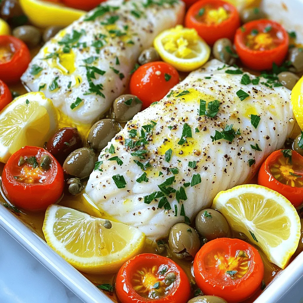 - 4 fillets of white fish (such as cod or sea bass) - 2 tablespoons extra virgin olive oil - 1 lemon (juiced and zested) - 1 teaspoon dried oregano - 1 teaspoon dried thyme - 2 cloves garlic, finely minced - 1/2 cup cherry tomatoes, halved - 1/2 cup Kalamata olives, pitted and sliced - 1/4 cup capers, rinsed and drained - Sea salt and freshly cracked black pepper to taste - Fresh parsley, finely chopped for garnish The best Mediterranean baked fish starts with fresh white fish fillets. Cod and sea bass work great. They cook evenly and have a mild taste. Use extra virgin olive oil for richness and flavor. The lemon juice and zest add brightness. Garlic, oregano, and thyme bring depth to the dish. Add cherry tomatoes and Kalamata olives for a pop of color and taste. Capers add a salty kick. Finally, sprinkle fresh parsley on top for a beautiful finish. The Mediterranean diet is known for health benefits. It focuses on fresh, wholesome ingredients. Fish provides lean protein and omega-3 fatty acids. These fats help heart health and reduce inflammation. Olive oil is rich in healthy fats and antioxidants. Tomatoes are full of vitamins and minerals. They help boost your immune system. The whole dish is light yet filling. This recipe serves four and has about 300 calories per serving. It is a great choice for a healthy meal. Enjoy the flavors without feeling guilty! You can find the full recipe to make this dish easily. 1. Preheat your oven to 400°F (200°C). This step is key for a great bake. 2. Grab a small bowl. Mix extra virgin olive oil, lemon juice, and zest. 3. Add minced garlic, dried oregano, dried thyme, salt, and pepper. Whisk until smooth. 4. Prepare your baking dish by greasing it lightly with olive oil or using parchment paper. 1. Place the fish fillets in the baking dish, skin side down if they have skin. 2. Pour the olive oil mixture over the fillets. Make sure each piece is well-coated. 3. Scatter halved cherry tomatoes, sliced Kalamata olives, and rinsed capers around the fish. 4. Bake in your preheated oven for 15 to 20 minutes. The fish should be opaque and flake easily. 1. Remove the dish from the oven. Let the fish rest for 2 to 3 minutes. 2. Just before serving, sprinkle fresh parsley for color and flavor. For more details on the ingredients, check the Full Recipe. To get the best flavor in your Mediterranean baked fish, use fresh ingredients. Fresh fish adds a bright taste. Fresh herbs like parsley and basil also boost flavor. You can mix in extra spices, like smoked paprika or red pepper flakes, for a kick. You can also try adding zest from an orange or lemon. This adds a nice touch of citrus. Fresh garlic is key for depth, while olives add briny notes. These small changes make a big difference in taste. Cooking fish perfectly takes practice. Always preheat your oven to 400°F (200°C). This helps the fish cook evenly. Place the fillets skin side down in the dish. Pour the olive oil mix over them, coating well. Watch the clock! Bake for 15-20 minutes, depending on the thickness. Fish is done when it flakes easily with a fork. Be careful not to overcook it, as it can dry out quickly. Use a timer to stay on track. For more tips, check out the Full Recipe for detailed guidance. Enjoy your cooking journey! {{image_4}} You can use many types of fish for this dish. Some great options are: - Cod - Sea bass - Halibut - Snapper Each fish type offers a unique taste. For example, cod has a mild flavor, while snapper has a more robust profile. Adjust your seasoning based on the fish. A stronger fish may need less salt and lemon. Adding vegetables can boost flavor and nutrition. Try these seasonal options: - Zucchini - Bell peppers - Spinach - Asparagus If you want to swap olives or capers, consider using artichokes or sun-dried tomatoes. Both add a nice tang and texture. Pair your baked fish with delightful sides. Here are some ideas: - A fresh green salad - Roasted potatoes - Quinoa or couscous - Grilled vegetables For the perfect drink, serve a crisp white wine. Wines like Sauvignon Blanc or Pinot Grigio enhance the Mediterranean taste. For the complete dish, check the Full Recipe. Enjoy cooking! After you bake your Mediterranean fish, you want to cool it down. Let it sit at room temperature for about 30 minutes. Then, place it in an airtight container. This helps keep it fresh. Stored this way, the fish lasts up to 3 days in the fridge. Always check for any off smells before you eat it again. If you want to save some for later, freezing works great. Cut the fish into portions. Wrap each piece tightly in plastic wrap, then place them in a freezer bag. This keeps out air and prevents freezer burn. The fish can stay frozen for up to 3 months. When it's time to eat, move it to the fridge overnight to defrost. You can also put it in cold water for faster thawing. Reheat it gently in the oven or microwave to keep it moist. Enjoy your flavorful delight! For the full recipe, check out The Ultimate Mediterranean Baked Fish. The best fish for baking is white fish. Cod and sea bass are my favorites. These fish are mild and flaky. They soak up flavors well. You can also try snapper or tilapia. Each adds a different taste. Look for fresh fish when possible. Yes, you can prep ahead. Marinate the fish for a few hours. This lets the flavors blend nicely. You can also chop the veggies and olives earlier. Just keep them in the fridge. When you're ready, bake the fish. You can check the fish's doneness easily. It should be opaque and flaky. Use a fork to test it. If it flakes apart, it’s done. Cooking time is usually 15-20 minutes. Keep an eye on it to avoid overcooking. If you don’t have Kalamata olives, try green olives. They give a nice salty taste. You can also use capers for a briny flavor. If you want something milder, try artichoke hearts. They add a fresh twist to the dish. This blog post covered how to bake fish Mediterranean style. We discussed key ingredients, like fresh fish and veggies. I explained step-by-step instructions, from prep to baking. I highlighted tips to boost flavor and shared variations for different tastes. I also included storage tips to keep your dish fresh. Baking fish can be simple and healthy. Use fresh ingredients for the best results. Enjoy experimenting with different flavors. Your Mediterranean meal will impress everyone.
