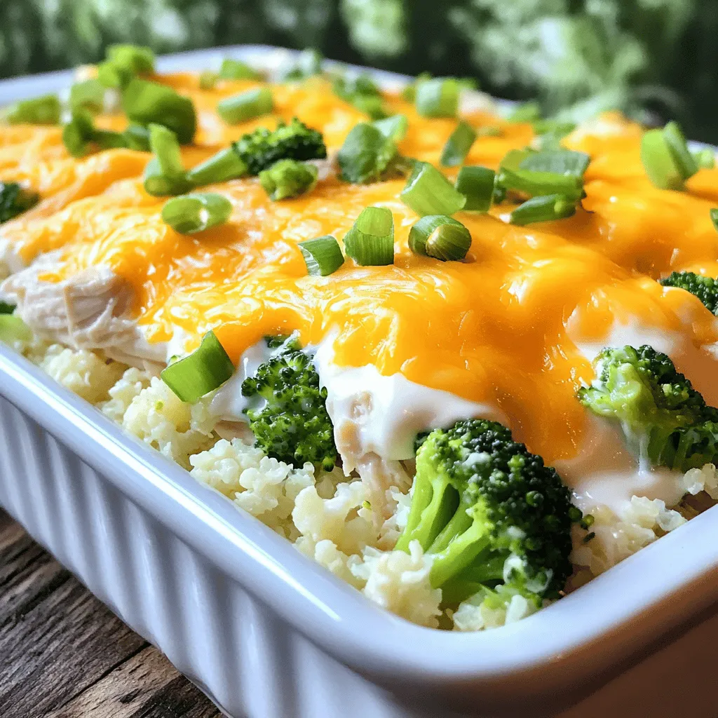 - 2 cups cooked chicken, shredded - 1 cup fresh broccoli florets, lightly steamed - 1 cup cauliflower rice For this easy low carb chicken casserole, you need a few main ingredients. First, we have shredded cooked chicken. You can use leftover chicken or rotisserie chicken for convenience. Fresh broccoli florets add a nice crunch and color. Cauliflower rice acts as a great low-carb substitute for regular rice. - 1 cup grated sharp cheddar cheese - 1/2 cup cream cheese, softened to room temperature - 1/2 cup sour cream Next, for the creamy texture, we need some dairy products. Grated sharp cheddar cheese gives a rich flavor. Cream cheese adds a smooth and creamy base. Sour cream brings tang and richness, making this casserole even better. - 1 teaspoon garlic powder - 1 teaspoon onion powder - Salt and freshly ground black pepper to taste - 1/4 cup green onions, finely chopped (for garnish) Seasonings enhance the dish's taste. Garlic powder and onion powder add depth. Use salt and pepper to balance the flavors. Finally, sprinkle chopped green onions on top before serving. This adds a fresh touch and bright color. For the full recipe, check out the instructions to make this delightful dish! - Preheat the oven to 350°F (175°C). - In a large bowl, mix the softened cream cheese and sour cream. Blend until smooth and free of lumps. - Add the shredded chicken, steamed broccoli, and cauliflower rice to the cream mixture. - Sprinkle in the garlic powder, onion powder, salt, and pepper. Mix well until every piece is coated. - Transfer the mixed ingredients into a greased 9x13-inch baking dish. Spread it out evenly. - Top with the grated cheddar cheese, covering it all. - Bake for 25-30 minutes. Look for bubbling and melted cheese. - Let it cool a few minutes, then garnish with green onions. Enjoy this tasty dish! For the full recipe, check out the ingredients list above. - Ensure chicken is well-shredded. Shredded chicken mixes better with other ingredients. - Steam broccoli just until tender. This keeps the broccoli bright and fresh. - Garnish with green onions. This adds a nice crunch and color. - Pair with a side salad for balance. A salad gives a fresh contrast to the casserole. - Monitor cheese melting for perfect texture. You want it to be bubbly and golden. - Allow to cool slightly before serving. This helps set the dish and makes it easier to serve. For the full recipe, check out the detailed steps to create this tasty dish! {{image_4}} You can easily change this dish with different veggies. Try using spinach or bell peppers. They add great taste and color. You can also swap the chicken for turkey or beef. This makes the dish fun and keeps it fresh. Want to spice it up? Add paprika or cumin for a kick. These spices can really change the flavor. You can also use different types of cheese. Try mozzarella or gouda for a new twist. Mixing flavors makes your casserole more exciting. If you need it dairy-free, you can use coconut cream or almond milk. These options work well and keep the dish creamy. For a nut-free version, just skip any nut-based products. This way, everyone can enjoy a tasty meal together. For the full recipe of this easy low carb chicken casserole, check out the section above. After you enjoy your casserole, let it cool down. Store it in an airtight container. Place it in the fridge. This keeps it fresh for about three to four days. Avoid leaving it out at room temperature for longer than two hours. This helps keep harmful bacteria away. When you are ready to eat leftovers, use the oven or the microwave. The oven helps keep the texture nice. Preheat your oven to 350°F (175°C) and bake for 15-20 minutes. If you use the microwave, heat in short bursts. Check every minute to prevent overcooking. You can freeze the chicken casserole for later. First, let it cool completely. Then, wrap it tightly in plastic wrap. Place it in a freezer-safe bag or container. It can last up to three months. When you want to eat it, thaw it overnight in the fridge. Reheat it in the oven for the best results. You can find the full recipe in the article for more details. This casserole is low carb because it uses ingredients that are low in sugar and starch. The main ingredients include: - 2 cups cooked chicken, shredded - 1 cup fresh broccoli florets, lightly steamed - 1 cup cauliflower rice Cauliflower rice is a great substitute for regular rice. It cuts the carbs while adding fiber and nutrients. Broccoli adds crunch and vitamins, making this dish healthy. The creamy mixture of cream cheese and sour cream adds flavor without extra carbs. With these ingredients, you can enjoy a tasty meal that fits your low-carb needs. Yes, you can make this casserole ahead of time. Here are some tips: - Prepare the casserole as directed but do not bake it. - Cover it and store it in the fridge for up to 24 hours. - When ready to eat, just bake it straight from the fridge. This saves you time on busy nights. You can also freeze it for longer storage. Just follow the same steps and wrap it well in plastic wrap and foil. Thaw it in the fridge before baking for best results. Absolutely! You can use other proteins like turkey or shredded beef. Just keep in mind: - Turkey and chicken cook similarly, so you can swap them easily. - If you use beef, ensure it is cooked well ahead of time to avoid undercooking. Using different proteins can change the flavor of the dish. Feel free to get creative and use what you have on hand! This blog post covered a easy and tasty casserole. I shared key ingredients like chicken, broccoli, and cheese. We walked through simple steps for mixing and baking. I provided tips for serving and storage to keep it fresh. You can switch ingredients for variety to fit your taste. In the end, this dish is flexible and fun to make. It's perfect for any meal or occasion. Enjoy creating your own version!