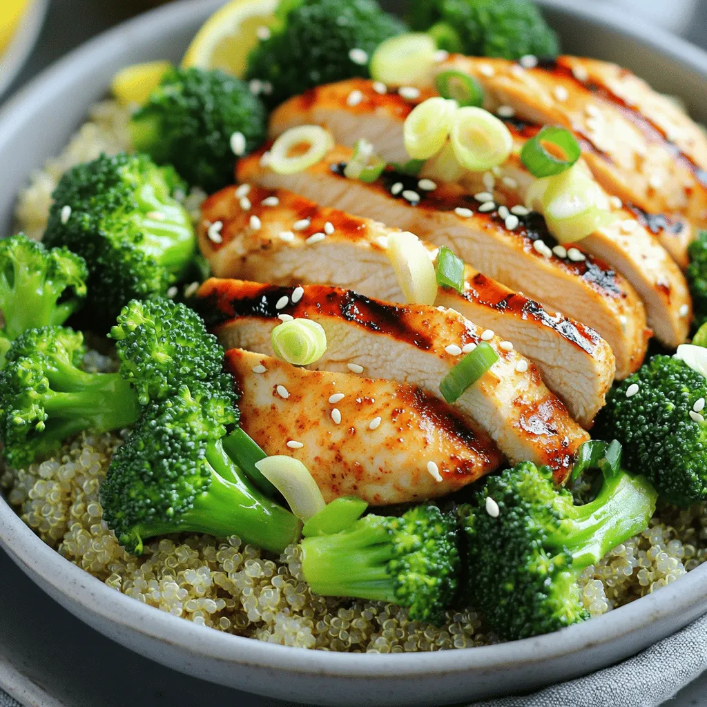 - Chicken and Broccoli specifics For this dish, I use 2 boneless, skinless chicken breasts. They cook well and stay juicy. The broccoli should be 2 cups of fresh florets. Fresh broccoli adds great color and crunch. - Quinoa and Broth Selection You'll need 1 cup of quinoa. Rinse and drain it before cooking. For the broth, use 2 cups of chicken broth or vegetable broth. The broth adds nice flavor to the quinoa. - Seasonings and Toppings For seasoning, I recommend: - 2 tablespoons of olive oil, divided - 1 teaspoon of garlic powder - 1 teaspoon of onion powder - 1 teaspoon of smoked paprika - Salt and freshly ground black pepper to taste - Zest of 1 lemon - Juice of 1 lemon Optional toppings include sliced scallions, sesame seeds, and red pepper flakes. These add flavor and a nice touch to your bowl. You can find the complete cooking instructions in the Full Recipe. Marinating the chicken is key. It adds flavor and keeps it juicy. I suggest marinating for at least 30 minutes. If you can, marinate for 2 hours in the fridge. This helps the chicken soak up all the tasty spices. Ingredients for the marinade: - 1 tablespoon olive oil - 1 teaspoon garlic powder - 1 teaspoon onion powder - 1 teaspoon smoked paprika - Salt and freshly ground black pepper to taste To make fluffy quinoa, rinse it well before cooking. This removes the bitter coating. Use chicken broth or vegetable broth for extra flavor. Bring the broth to a boil before adding the quinoa. Alternative liquids for cooking: - Water - Coconut milk Preheat your grill to medium-high heat. Grill the chicken for about 6-7 minutes on each side. The internal temperature should reach 165°F (75°C). Use a meat thermometer to check doneness. Timing is crucial for perfect broccoli. Blanch it for 2-3 minutes until bright green. This keeps it tender-crisp. After blanching, drain the broccoli and rinse with cold water. This stops the cooking process. Start with a layer of fluffy quinoa in each bowl. Next, add the grilled chicken slices. Top with the blanched broccoli. For the finishing touch, drizzle with olive oil, lemon zest, and lemon juice. For garnish, consider adding sliced scallions or sesame seeds. You can also sprinkle red pepper flakes for heat. Presentation techniques: - Use colorful bowls for a vibrant display. - Arrange ingredients in sections for a nice look. You can find the full recipe in the previous sections. Enjoy your delicious Grilled Chicken & Broccoli Bowls! - Ensuring juicy grilled chicken: Marinate the chicken well. Use a mix of olive oil, spices, and lemon juice. This adds flavor and moisture. Grill the chicken over medium-high heat. Check that it reaches 165°F. Let it rest before slicing. This keeps it juicy. - Flavor-enhancing methods: Use fresh herbs like parsley or basil. Add them to the marinade for more taste. A squeeze of lemon adds brightness. For extra flavor, try smoked paprika or fresh garlic. These give depth to your meal. - Preparing in advance: You can marinate the chicken a day ahead. This makes dinner quick and easy. Cook the quinoa and blanch the broccoli in advance. Store them in the fridge. This way, you can assemble your bowls in no time. - Storing cooked components: Keep the chicken, quinoa, and broccoli in separate containers. Use airtight containers to keep them fresh. They last about 3-4 days in the fridge. This makes meal prep simple for busy weeks. - Pairing with sauces or sides: Drizzle your bowls with soy sauce or teriyaki for added flavor. A dollop of hummus or tzatziki can also work well. Serve with a side salad for extra crunch. - Best serving temperatures: Serve the bowls warm for the best taste. If you have leftovers, reheat the chicken and quinoa. The broccoli is best served cool or at room temperature. Enjoy your meal with friends or family for a delightful experience. For a detailed recipe, check the Full Recipe. {{image_4}} You can switch up the protein in your grilled chicken and broccoli bowls. Here are some tasty options: - Turkey breasts: Lean and flavorful, turkey is a great swap. - Pork tenderloin: This cut is juicy and cooks quickly. - Tofu: For a vegetarian option, use firm tofu. Marinate and grill it just like the chicken. - Tempeh: This fermented soy product adds a nutty taste and a nice texture. Each of these alternatives can give your bowls a new twist while keeping them healthy. Quinoa is a fantastic base for these bowls, but you can try other grains too. Here are some ideas: - Brown rice: Chewy and filling, brown rice pairs well with the chicken and broccoli. - Farro: This ancient grain has a nutty flavor and a chewy texture. - Barley: A hearty option, barley makes your meal even more satisfying. - Cauliflower rice: For a low-carb choice, use cauliflower rice. It cooks quickly and has a mild taste. These grains can change the feel of your meal while offering good nutrition. Seasonal vegetables can add freshness to your bowls. Here’s how to adapt your dish throughout the year: - Spring: Use asparagus or snap peas for a bright touch. - Summer: Add grilled zucchini or bell peppers for some color and flavor. - Fall: Roasted sweet potatoes or Brussels sprouts can enhance the dish. - Winter: Try kale or Brussels sprouts for a hearty option. Using herbs like basil in summer or rosemary in fall can also change the dish's flavor. Each season brings a chance to explore new tastes and textures. To store leftovers, place them in airtight containers. This keeps moisture in and air out. Make sure to cool everything to room temperature before sealing. For best freshness, consume the bowls within three days. Always label the containers with the date to track freshness. You can freeze the chicken and quinoa. However, broccoli does not freeze well. To freeze, let the chicken and quinoa cool completely. Pack them in freezer-safe bags or containers. When you’re ready to eat, thaw them in the fridge overnight. Reheat in the microwave or on the stove. Add a splash of broth or water to keep it moist. In the fridge, grilled chicken and broccoli bowls last about three days. Look for changes in color or smell as signs of spoilage. If the chicken feels slimy or the quinoa has an off odor, it’s best to toss it. Always trust your senses when deciding if food is still good. I recommend marinating the chicken for at least 30 minutes. This gives the flavors time to soak in. For even better taste, you can marinate it for up to 2 hours. The longer the chicken sits in the marinade, the more tasty it becomes. Yes, you can use frozen broccoli. However, it cooks a bit differently than fresh. You might want to steam or microwave it instead of blanching. This keeps the broccoli tender and bright green. Adjust cooking time since frozen broccoli may need a bit longer to cook through. You can replace quinoa with brown rice, couscous, or farro. Brown rice takes about 45 minutes to cook, while couscous cooks quickly in about 5 minutes. Farro usually takes 30-40 minutes. Each grain brings its own flavor and texture to the dish. To make this dish gluten-free, use quinoa or rice as your base. Both are naturally gluten-free. Make sure to check that any broth you use is gluten-free as well. This way, you can enjoy a safe and tasty meal. To reheat, use the microwave or oven. If using the microwave, heat on medium for 1-2 minutes. Stir halfway to keep the chicken juicy. If using the oven, warm at 350°F (175°C) for about 10 minutes. This helps keep the texture and flavor intact. Check that it’s heated through before serving. For the full recipe, check out the Grilled Chicken & Broccoli Bowls section. This post covered the essential ingredients and steps for making delicious chicken and broccoli bowls. You learned about marinating chicken, cooking quinoa, and blanching broccoli. I also shared meal prep tips and fun variations based on your tastes and seasons. Enjoy making this dish your own. You can mix or swap ingredients to fit your needs. With the right techniques, your meals will be fresh and tasty. Happy cooking!