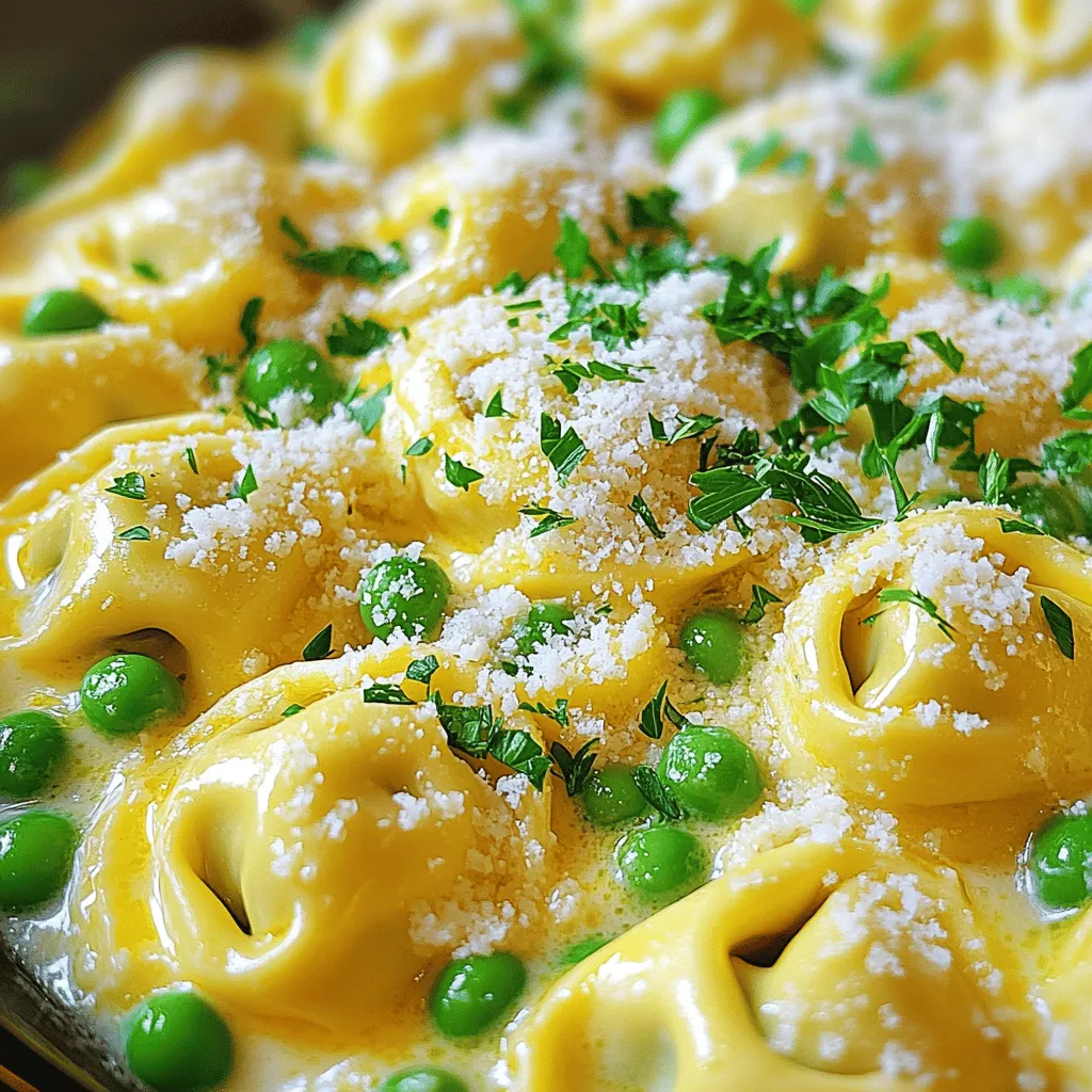 To make Tortellini Carbonara, gather these key ingredients. Each one plays a vital role in creating the creamy, comforting flavor of this dish. - 1 package (9 oz) cheese tortellini - 4 large eggs - 1 cup grated Parmesan cheese - 1 teaspoon freshly cracked black pepper - 1 cup frozen peas - 3 tablespoons extra virgin olive oil - 2 cloves garlic, minced - Fresh parsley, finely chopped (for garnish) - Sea salt, to taste These ingredients form the base of your Tortellini Carbonara. The cheese tortellini is rich and fills you up. The eggs and cheese create a creamy sauce that coats each piece perfectly. Peas add a pop of color and a touch of sweetness. Each bite brings comfort and joy. For the full recipe, you can check [Full Recipe]. This recipe is simple, yet it offers a warm, satisfying meal perfect for any day. First, bring a large pot of salted water to a boil. Add the cheese tortellini and cook it according to the package instructions. Once the tortellini is al dente, drain it carefully. Remember to reserve ½ cup of the pasta water for later. In a medium mixing bowl, whisk together the eggs and grated Parmesan cheese. Add freshly cracked black pepper to taste. Make sure this mixture is well combined, then set it aside for now. Heat three tablespoons of extra virgin olive oil in a large skillet over medium heat. Once the oil is warm, add two cloves of minced garlic. Sauté for about 1-2 minutes. Stir often to keep the garlic from browning, as this can make it bitter. Next, add one cup of frozen peas to the skillet. Stir and cook them for about 2-3 minutes. You want them to be heated through and bright in color. Lower the heat to medium-low. Gently add the drained tortellini to the skillet. Carefully toss the tortellini with the sautéed garlic and peas, making sure everything is mixed well. Remove the skillet from heat. Quickly pour the egg and cheese mixture over the warm tortellini. Stir vigorously to create a creamy sauce. If the sauce is too thick, add the reserved pasta water a little at a time until you reach your desired creaminess. Finally, add sea salt to taste. Continue to stir until the dish is well combined and creamy. Serve the Tortellini Carbonara hot, garnished with finely chopped fresh parsley and more Parmesan cheese if you like. Enjoy every bite of this comforting dish! For the full recipe, check the detailed instructions above. To get a creamy sauce for your tortellini carbonara, I suggest using fresh eggs and quality cheese. The heat from the pasta helps cook the eggs gently. Mix the egg and cheese fast to create a smooth blend. Keep stirring to avoid lumps. You’ll know the sauce is ready when it clings to the tortellini and looks glossy. If your sauce becomes too thick, don’t worry! Just add a splash of the reserved pasta water. Stir until you reach your desired creaminess. If your pasta clumps together, try gently tossing the tortellini with a bit of olive oil. This will help separate the pieces and keep them smooth. You can easily boost the flavor of your dish. Adding fresh herbs, like basil or thyme, brings brightness. A pinch of red pepper flakes adds warmth. For more depth, consider folding in sautéed mushrooms or spinach. These choices not only taste great but also make the dish more colorful. Check the [Full Recipe] for more ideas! {{image_4}} You can boost the nutrition of your tortellini carbonara with fresh veggies. I love adding spinach, broccoli, or bell peppers. These vegetables bring color and flavor. You can also swap them based on the season. In spring, use asparagus; in fall, try butternut squash. If you want more protein, you can add bacon or pancetta. Their salty taste enhances the dish. You can also consider grilled chicken or shrimp for a heartier meal. They add a nice texture and flavor to the creamy sauce. For a vegan twist, you can substitute eggs and cheese. Use silken tofu blended with nutritional yeast for creaminess. You can find plant-based tortellini in many stores. They taste great and fit perfectly in this recipe. Check out the Full Recipe for more details. To keep your Tortellini Carbonara fresh, store it in the fridge. Use an airtight container to keep it safe from air and moisture. This method helps the flavors stay vibrant. Make sure it cools down to room temperature before sealing it. This prevents condensation, which can make the dish soggy. When it’s time to enjoy your leftovers, reheating is key to keeping the taste and texture. For best results, use the stovetop. Heat a pan over low heat and add a splash of water or olive oil. Stir the tortellini gently until it warms through. This method helps maintain creaminess. If you're in a hurry, the microwave works too. Use a microwave-safe dish, cover it, and heat in short bursts. Stir between intervals to avoid hot spots. Freezing is a great option if you want to save some for later. First, let the dish cool completely. Then, portion it into freezer-safe bags or containers. Remove as much air as possible to avoid freezer burn. Label the bags with the date for easy tracking. When you’re ready to eat, the best way to thaw is in the fridge overnight. This keeps it from turning mushy. If you’re pressed for time, you can thaw it in the microwave, but this might change the texture a bit. Yes, you can use fresh tortellini. Fresh tortellini cooks faster than frozen. Typically, it takes about 3–5 minutes to cook fresh tortellini. Frozen tortellini usually needs 7–10 minutes. Using fresh may give you a softer texture. The flavor can also be more vibrant, enhancing your dish. If you need a substitute for Parmesan, try Pecorino Romano. It has a similar salty taste. Grana Padano is another good choice. For a dairy-free option, use nutritional yeast. It adds a cheesy flavor without dairy. To make Tortellini Carbonara vegetarian, skip the meat. Use sautéed mushrooms for a savory flavor. You can add more peas or spinach for depth. For the cheese and eggs, try using cashew cream and nutritional yeast. This keeps the dish creamy and tasty. Tortellini Carbonara is a modern twist on classic carbonara. Traditional carbonara uses pasta like spaghetti and bacon or guanciale. This dish combines the comfort of tortellini with creamy sauce. It brings a new flair to a beloved classic. In this blog post, we explored how to make Tortellini Carbonara. We covered the ingredients needed, step-by-step cooking instructions, and tips for the best results. We also shared ways to store leftovers and variations to try. Remember, cooking is fun and allows you to be creative. Don't hesitate to experiment with flavors and ingredients. With practice, you will master this dish and impress others with your skills. Enjoy making and sharing this delicious meal!