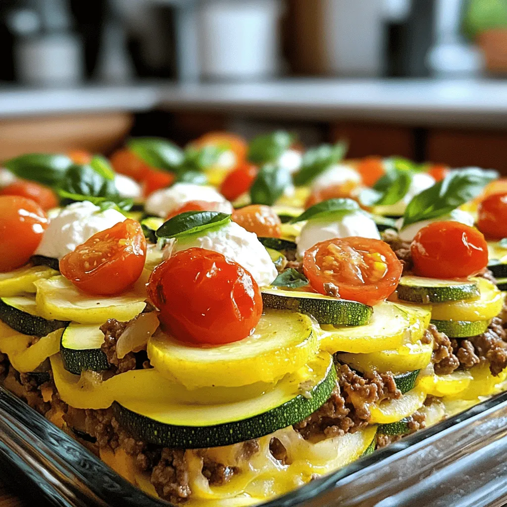 - 1 lb ground beef - 3 medium zucchinis, sliced - 1 medium onion, finely diced - 2 cloves garlic, minced - 1 cup cherry tomatoes, halved - 1 cup shredded mozzarella cheese - 1 cup ricotta cheese - 1 tablespoon Italian seasoning - 1 teaspoon salt - ½ teaspoon black pepper - 2 tablespoons olive oil In this recipe, the main ingredients create a rich base. The ground beef adds protein and flavor. Zucchini brings freshness and a nice crunch. The onion and garlic provide depth and aroma. For the additional ingredients, cherry tomatoes give a burst of sweetness. Mozzarella cheese melts beautifully, while ricotta adds creaminess. Each layer of cheese makes the casserole rich and satisfying. Seasoning is key. Italian seasoning brings warmth and herbal notes. Salt enhances all the flavors, while black pepper adds a subtle kick. Olive oil helps in cooking and adds richness. This combination of ingredients makes for a hearty meal. Trust me; you’ll love this dish! For the full recipe, check out the complete cooking guide. - Preheat oven to 375°F (190°C). - In a large skillet, pour in 2 tablespoons of olive oil. - Add 1 medium onion, finely diced, and 2 cloves of minced garlic. - Sauté for about 3-4 minutes until the onion is soft and fragrant. - Add 1 lb of ground beef to the skillet. - Cook until the meat is browned, about 5-7 minutes. - Drain any excess fat from the skillet. - Season the beef with 1 tablespoon of Italian seasoning, 1 teaspoon of salt, and ½ teaspoon of black pepper. - In a large baking dish, start with a layer of zucchini. - Use 3 medium zucchinis, sliced into thin rounds, to cover the bottom. - Spread half of the beef mixture over the zucchini. - Add half of 1 cup of ricotta cheese, dolloping it over the beef. - Scatter half of 1 cup of cherry tomatoes, halved, on top. - Repeat these layers, ending with the remaining beef and zucchini. - Top with 1 cup of shredded mozzarella cheese for a cheesy finish. - Cover the baking dish tightly with aluminum foil. - Bake for 25 minutes in the preheated oven. - After 25 minutes, remove the foil. - Bake for an additional 15-20 minutes until the cheese is bubbly and golden brown. This method creates a warm, hearty meal that satisfies everyone. For more details, check the Full Recipe. - Use fresh ingredients for the best flavor. Fresh zucchini and ripe tomatoes make a big difference. - Let the casserole rest before slicing. This helps the layers set and makes serving easier. - Garnish with fresh basil leaves. This adds color and a burst of flavor. - Serve warm with rustic bread. The bread pairs nicely with the rich casserole. - Avoid overcrowding the baking dish. This can lead to uneven cooking. Each layer needs space to cook well. - Always drain excess fat from the beef. This keeps your casserole from being greasy and heavy. For the full recipe, check out the Ground Beef Zucchini Dream Casserole. {{image_4}} You can make this dish meat-free. Substitute ground beef with lentils or chopped mushrooms. Both options add a rich texture and taste. Lentils are packed with protein, while mushrooms bring a nice umami flavor. Use one cup of cooked lentils or about 2 cups of chopped mushrooms. Sauté them with the onion and garlic for best results. Cheese is a key flavor in casseroles. You can play with different cheese blends to change the taste. Try sharp cheddar for a bold kick or crumbly feta for a tangy touch. Mixing cheeses can also create a delightful texture. Aim for about 2 cups of cheese total for the best results. Adding more vegetables boosts nutrition and flavor. Bell peppers and spinach are great choices. Diced bell peppers add sweetness and color. Spinach brings a nice earthiness and extra vitamins. You can mix in 1 cup of diced bell peppers or 2 cups of fresh spinach. Just add them to the sauté step with the onions and garlic. For the full recipe, check out the Ground Beef Zucchini Dream Casserole 🥒. To keep your Ground Beef Zucchini Casserole fresh, store it in an airtight container. This way, it lasts for up to 3 days in the fridge. Make sure it cools down before sealing it, so it stays tasty. If you want to save some for later, freeze individual portions. Use freezer-safe containers or bags to keep it fresh. This makes quick meals easy later on. You can enjoy your casserole anytime you want! When it's time to eat, reheat in the oven for the best texture. Preheat your oven to 350°F (175°C) and warm it for about 20 minutes. This keeps the cheese nice and gooey. If you're in a hurry, use the microwave. Just warm it in short bursts to avoid drying it out. Enjoy your delicious meal again! Yes, you can prepare the layers in advance and bake when ready. This makes it great for busy days. Just cover it tightly and store it in the fridge. When you are ready, bake it straight from the fridge. It should be bubbly and golden brown on top. A good tip is to look for the cheese. When it is melting and has a nice color, your casserole is ready. Absolutely! Feel free to adjust herbs and spices to your taste. You can add more garlic if you love it or some crushed red pepper for heat. Experimenting makes your dish unique and fun. Yes, use dairy-free cheese alternatives and omit ricotta. There are many great options out there. This way, you can enjoy the casserole without the dairy. Try it with your favorite non-dairy cheese to keep it creamy. This casserole blends fresh veggies, savory beef, and creamy cheeses for a tasty meal. We've covered the main ingredients, step-by-step cooking instructions, and helpful tips to ensure success. Remember to use fresh ingredients and avoid common mistakes like overcrowding the dish. Whether you enjoy it as is or try variations, this dish is versatile. With proper storage, you can savor leftovers easily. Get ready to impress with your homemade casserole that suits every palate. Enjoy the cooking process and the delightful results!