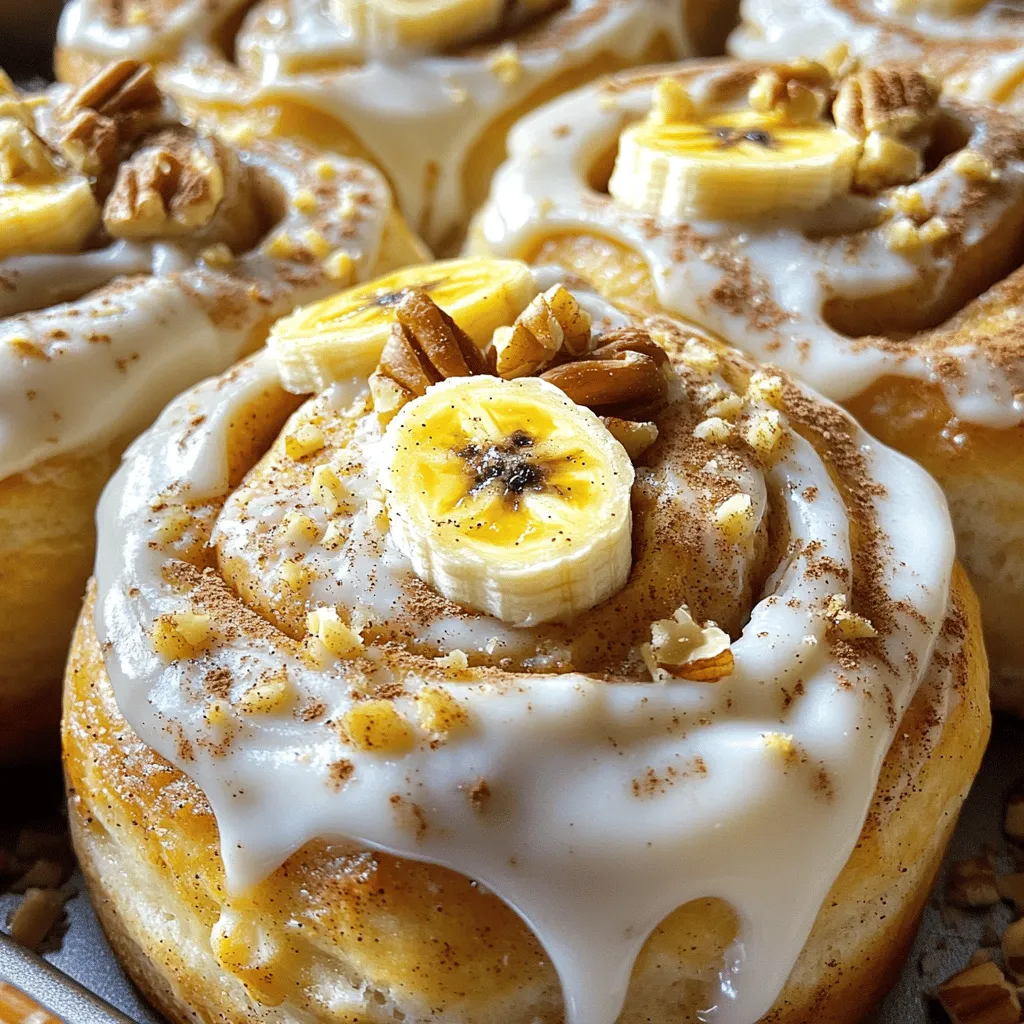 To make these tasty banana bread cinnamon rolls, gather these key ingredients: - 2 ripe bananas, mashed - 2 cups all-purpose flour - 3/4 cup granulated sugar - 1/2 cup brown sugar, packed - 1/4 cup unsalted butter, softened - 1/2 cup milk - 2 large eggs - 1 teaspoon vanilla extract - 1 tablespoon baking powder - 1 teaspoon baking soda - 1/2 teaspoon salt - 1 tablespoon ground cinnamon These ingredients blend to create a soft, flavorful dough that is perfect for rolling. For the creamy topping, you will need: - 8 oz cream cheese, softened - 1/4 cup unsalted butter, softened - 2 cups powdered sugar - 1 teaspoon vanilla extract - 1-2 tablespoons milk (to adjust consistency) This frosting adds a sweet, tangy kick to the rolls. You can customize your rolls by adding: - 1/2 cup pecans or walnuts, chopped - Chocolate chips These add-ins provide extra texture and flavor. Feel free to get creative! For the full recipe, check out the details above. 1. Preheat Oven: Start by preheating your oven to 350°F (175°C). Grease a 9x13 inch baking dish to stop sticking. 2. Mix Wet Ingredients: In a big bowl, mash the ripe bananas. Add softened butter and granulated sugar. Mix until creamy. 3. Add Eggs and Milk: Next, include the eggs, milk, and vanilla extract. Stir until everything blends smoothly. 4. Combine Dry Ingredients: In another bowl, whisk together flour, baking powder, baking soda, salt, and half of the ground cinnamon. 5. Mix Wet and Dry: Slowly fold the dry mix into the wet mix. Stir gently. Remember, a few lumps are fine. 6. Roll the Dough: Pour the dough onto a floured surface. Roll it out into a rectangle about 1/4 inch thick. 7. Prepare Cinnamon Sugar Filling: In a small bowl, mix brown sugar, remaining cinnamon, and nuts if you want them. Spread softened butter over the dough. Then sprinkle the cinnamon sugar mix on top. 8. Form the Rolls: Start rolling the dough from one edge. Make a tight log. Slice the log into 12 equal pieces. 9. Let Them Rise: Place the slices in the greased baking dish. Let them rise for about 20 minutes while the oven heats up. 10. Bake the Rolls: Bake for 25-30 minutes. Look for a golden brown color. They should be fully cooked. 11. Prepare the Frosting: As the rolls bake, make the frosting. In a bowl, beat together softened cream cheese, softened butter, powdered sugar, vanilla extract, and milk. Mix until it’s creamy and smooth. 12. Frost the Rolls: After baking, let the rolls cool for a bit. Spread the cream cheese frosting on top while they are still warm. For the full recipe, check out the complete guide to making these tasty treats! To get soft and fluffy rolls, the dough needs care. First, don’t overmix the wet and dry ingredients. Mixing too much makes the rolls tough. Aim for a few lumps in the dough. Also, let your rolls rise before baking. This rise helps them become light and airy. Start with room temperature ingredients. This helps everything blend easily. Mix the bananas and butter until creamy, then add eggs and milk. Stir gently to keep the mixture smooth. When adding dry ingredients, fold them in slowly. This keeps your rolls from turning dense. For the perfect cream cheese frosting, use softened cream cheese and butter. Mix them well to avoid lumps. Gradually add powdered sugar and a bit of milk. If your frosting is too thick, add more milk a little at a time. It should be creamy and spreadable but not runny. For a special touch, swirl in extra vanilla for flavor. Check out the Full Recipe to make your delicious banana bread cinnamon rolls! {{image_4}} You can enhance your cinnamon rolls by adding nuts. Pecans and walnuts work best. They add a nice crunch and flavor. If you want a softer roll, leave out the nuts. For a fun twist, try adding almonds or hazelnuts. Chop them finely so they blend well in the dough. Want to change things up? You can infuse different flavors into your rolls. Add chocolate chips for a sweet bite. Or, mix in some pumpkin spice for a cozy fall flavor. You could even add a hint of orange zest for a fresh twist. Experiment with these flavors to find your favorite! You can make this recipe vegan or gluten-free. For a vegan roll, swap eggs for flaxseed meal or applesauce. Use almond milk instead of regular milk. For gluten-free, choose a gluten-free flour blend. Just make sure it includes a binding agent like xanthan gum. These changes keep the rolls delicious and friendly for all diets. For the complete recipe, check out the Full Recipe section! To keep your banana bread cinnamon rolls fresh, first let them cool. Once cooled, place them in an airtight container. You can also use plastic wrap to cover them tightly. Store them at room temperature for up to two days. If you want them to last longer, refrigerate them. This will keep them fresh for about a week. When you’re ready to enjoy your leftover rolls, preheat your oven to 350°F (175°C). Place the rolls on a baking sheet and cover them with foil. Heat them for about 10-15 minutes. This will warm them up without drying them out. If you prefer a quicker method, use the microwave. Warm each roll for about 15-20 seconds. This is great for a fast snack. If you want to save some rolls for later, freezing is a great option. Wrap each roll tightly in plastic wrap. Then, place them in a freezer-safe bag. You can freeze them for up to three months. When you're ready to eat one, simply thaw it in the fridge overnight. Reheat it as mentioned above for a warm treat. Enjoy your delicious rolls anytime! For the full recipe, check out the details above. You can tell your rolls are ready when they look golden brown on top. They should also feel firm to the touch. A toothpick inserted into the center should come out clean. If it has wet dough on it, bake for a few more minutes. Always trust your nose; the sweet aroma should fill your kitchen! Yes, you can prepare the dough ahead of time. Make the dough and roll it up into a log. Wrap the log tightly in plastic wrap and refrigerate it. You can keep it in the fridge for up to 24 hours. When you’re ready to bake, slice the rolls and let them rise before baking. You can use Greek yogurt or mascarpone cheese as a cream cheese substitute. They both add creaminess. If you want a dairy-free option, try coconut cream or a vegan cream cheese. Just make sure to adjust the sugar to taste, as some alternatives can be sweeter. Banana bread cinnamon rolls are a fun treat you can easily make. We covered the important ingredients, step-by-step instructions, and tips for perfect results. You can add nuts or chocolate chips for extra flavor. Remember to store leftovers properly to enjoy later. Baking should be enjoyable and rewarding. Experiment with variations to find your favorite. Now, it’s time for you to bake and share your delicious rolls with others!