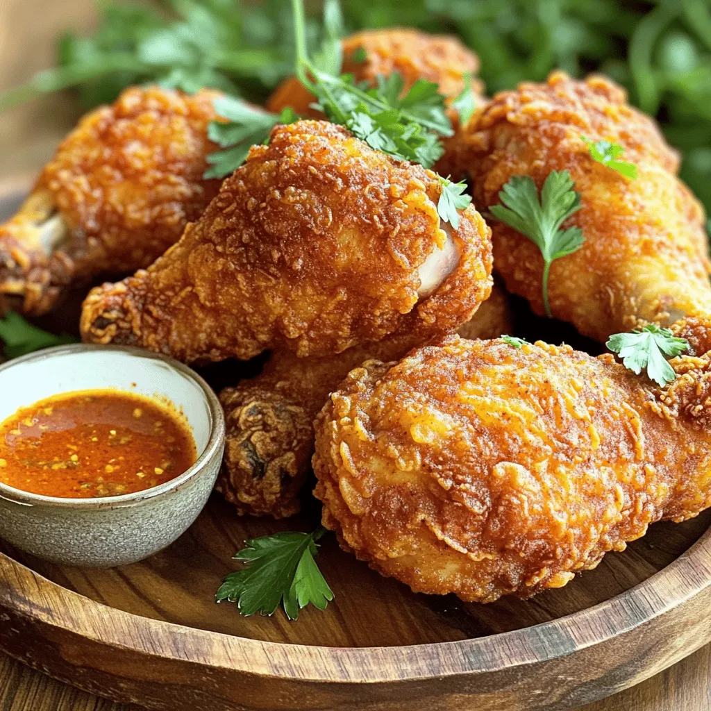 For this recipe, you will need: - 4 chicken thighs (bone-in, skin-on) - 4 chicken drumsticks These pieces give you juicy meat and crispy skin. The bone helps keep the meat moist while frying. To create the marinade, gather these: - 2 cups buttermilk - 2 teaspoons hot sauce (adjust to taste) The buttermilk makes the chicken tender. The hot sauce adds a kick that you can control. For the crunchy coating, use: - 1 cup all-purpose flour - 1 tablespoon cornstarch - 2 teaspoons paprika - 1 teaspoon cayenne pepper (add more for extra heat) - 1 teaspoon garlic powder - 1 teaspoon onion powder - 1 teaspoon salt - 1/2 teaspoon black pepper This mixture gives the chicken a golden and crispy texture. Each spice adds its own flavor, making every bite special. For the full recipe, check out the instructions provided earlier. To start, you need to marinate the chicken. In a large bowl, mix 2 cups of buttermilk and 2 teaspoons of hot sauce. This mix adds flavor and moisture. Submerge the chicken thighs and drumsticks in the buttermilk. Cover the bowl with plastic wrap and place it in the fridge. Let the chicken marinate for at least 2 hours, but overnight is best. This step is key to making the chicken juicy and tender. Now, let’s make the coating. In a clean bowl, combine 1 cup of all-purpose flour, 1 tablespoon of cornstarch, 2 teaspoons of paprika, 1 teaspoon of cayenne pepper, 1 teaspoon of garlic powder, 1 teaspoon of onion powder, 1 teaspoon of salt, and 1/2 teaspoon of black pepper. Whisk everything together until it's mixed well. This coating is what gives your chicken its crispy texture. Next, it’s time to fry. Pour enough vegetable oil into a deep skillet or Dutch oven to reach a depth of 1-2 inches. Heat the oil over medium-high heat until it hits 350°F (175°C). This is important; a thermometer helps here. While the oil heats, take the marinated chicken out. Let any extra buttermilk drip off. Dredge each piece in your seasoned flour mix, pressing it in firmly. Let the coated chicken rest on a wire rack for about 10 minutes. When the oil is ready, carefully add the chicken pieces. Don’t overcrowd the pan; this can make your chicken soggy. Fry for 12-15 minutes on each side. You want a deep golden brown color. Use a meat thermometer to check that the inside is at least 165°F (74°C). Once fried, place the chicken on a plate lined with paper towels to soak up any extra oil. Enjoy the crispy, spicy goodness! For the full recipe, check the details above. To get that extra crunch, use cornstarch in your flour mix. Cornstarch makes the coating crispier. Make sure to press the flour firmly onto the chicken. The more you press, the better the crunch. Next, let the chicken rest on a wire rack after coating. This helps the coating stick better when frying. You can change the heat level easily! Add more cayenne pepper for extra spice. If you prefer milder chicken, reduce the hot sauce in the marinade. Taste as you go to find your perfect balance. Remember, the joy of cooking is making it your own! Serve your fried chicken with sides like coleslaw or cornbread. A spicy dipping sauce makes a great addition too. For a fun twist, pair it with pickles or jalapeños. Don’t forget to present the chicken nicely on a platter. A sprig of parsley adds color and freshness! For the full recipe, check out the Extra Crispy Spicy Fried Chicken recipe above. {{image_4}} For a bold twist, try Spicy Garlic Fried Chicken. Start by adding minced garlic to your marinade. Use 4-5 cloves for a strong flavor. This will make your chicken smell amazing and taste even better. You can also mix garlic powder into your coating. This adds depth and a tasty kick. To make Southern Style Fried Chicken, focus on using traditional spices. Add sage and thyme to your flour mix for that classic flavor. You can also switch the hot sauce in the marinade for the more subtle flavors of mustard. The result? A crispy chicken with Southern charm. If you need gluten-free options, use rice flour or a gluten-free flour blend. These alternatives work well and still give a nice crunch. Make sure your hot sauce and other ingredients are also gluten-free. This way, everyone can enjoy the crispy goodness without worry. For the full recipe, check out the detailed instructions that guide you step by step! After enjoying your extra crispy spicy fried chicken, you may have some left. To store it, let the chicken cool down first. Then, place it in an airtight container. Make sure to keep it in the fridge. Properly stored, it will last for up to four days. If you want to keep it longer, consider freezing. Reheating chicken can be tricky. You want it hot and crispy, not soggy. To reheat, preheat your oven to 375°F (190°C). Place the chicken on a baking sheet. Bake for about 15-20 minutes, or until it's heated through. This method helps maintain that crunchy texture. You can also use an air fryer for a quicker option. Set it to 350°F (175°C) and heat for about 10 minutes. Freezing is great for longer storage. To freeze the chicken, first, let it cool completely. Wrap each piece tightly in plastic wrap. Then, place them in a freezer bag or container. Be sure to remove as much air as possible. This helps prevent freezer burn. The chicken can stay frozen for up to three months. When you're ready to eat, thaw it in the fridge overnight before reheating. For the best flavor, try to use it within a month. For the full recipe, look back to the beginning of this article. To make fried chicken extra crispy, you need a good coating. The combination of flour and cornstarch gives the chicken its crunch. Cornstarch absorbs moisture, which helps create a crispier surface. Marinating in buttermilk adds flavor and breaks down proteins, making the chicken tender. The right frying temperature, around 350°F, is essential too. If the oil is too cool, the chicken will be greasy and soggy. Yes, you can use chicken breasts instead of thighs. Breasts cook faster and are leaner. However, they may dry out if overcooked. To keep them juicy, you can marinate them for the same time as thighs. Just be mindful of the cooking time. Check the internal temperature with a meat thermometer. It should reach 165°F for safe eating. To check if the chicken is fully cooked, use a meat thermometer. Insert it into the thickest part of the chicken without touching bone. The temperature should read 165°F. If you don't have a thermometer, look for a golden brown color and clear juices when pierced. The chicken should feel firm, not soft. Cooking times may vary, so always check before serving. For the full recipe, check the Extra Crispy Spicy Fried Chicken section above. This blog post covered everything you need for great fried chicken. We explored the chicken, marinade, and coating for flavor. Then, we walked through each step for marinating, coating, and frying. I shared tips on getting the perfect crunch and adjusting spice levels. We also discussed fun variations and how to store leftovers. Fried chicken opens the door to creativity. You can make it your own! Enjoy experimenting with flavors and methods. Happy cooking!