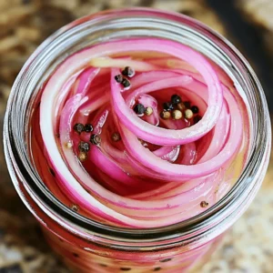 - 2 medium red onions, thinly sliced - 1 cup apple cider vinegar - 1 cup water - 2 tablespoons granulated sugar - 1 teaspoon fine sea salt - 1 teaspoon whole black peppercorns - 1/2 teaspoon cumin seeds - 1/2 teaspoon crushed red pepper flakes (optional) Quick pickled red onions start with fresh, crisp ingredients. The red onions brighten any dish with color and flavor. The apple cider vinegar adds a tangy kick. Water balances the acidity. Granulated sugar rounds it all out, making the onions sweet and sour. For seasonings, fine sea salt enhances the flavor. Whole black peppercorns add depth. Cumin seeds bring warmth, while crushed red pepper flakes give a spicy touch. You can skip the red pepper if you prefer a milder taste. Use the Full Recipe for step-by-step guidance. To start, grab a medium saucepan. In this pan, combine the apple cider vinegar, water, granulated sugar, fine sea salt, whole black peppercorns, cumin seeds, and crushed red pepper flakes if you want some heat. Place the saucepan over medium heat. This is where the magic begins! Bring the mixture to a gentle simmer. Stir it now and then until the sugar and salt dissolve completely. This process is key for a balanced flavor. Once the mixture simmers, remove it from the heat. Let the pickling liquid cool for about 5 to 10 minutes. Cooling it helps keep the onions crisp. While it cools, take your thinly sliced red onions and place them into a clean, heatproof jar or container. Make sure the jar is ready to hold all those vibrant slices! Next, carefully pour the cooled pickling liquid over the onions. Ensure they are completely submerged in that zesty bath. If any onions float, use the back of a spoon to press them down gently. Seal the jar tightly with a lid and allow it to cool to room temperature. After it cools, move it to the refrigerator. The pickled onions will be tasty after about an hour, but let them sit longer for even better flavor. For the complete recipe, check out the Full Recipe section. - Allow for longer pickling time: If you want strong flavor, let your onions pickle longer. One hour works, but overnight is best. The longer they sit, the tastier they get. This extra time allows the onions to soak up the vinegar and spices. - Keep onions submerged for best flavor: Ensure your onions stay fully covered in the pickling liquid. If they float, they won't pickle evenly. Use a spoon to press them down if needed. This keeps them crunchy and flavorful. - Use as a topping for tacos, salads, or sandwiches: These pickled onions add a zesty kick. They brighten up any dish. Try them on tacos for a fresh twist. Add them to salads for a crunch. Layer them on sandwiches to enhance flavor. - Showcase in clear glass jars for an attractive presentation: Use clear jars to display your pickled onions. Their bright color catches the eye. It makes a lovely centerpiece on your table. Guests will admire both the look and taste. {{image_4}} You can make quick pickled red onions even better by adding new flavors. Garlic adds a rich taste. Try adding a few crushed cloves. Dill also gives a bright, fresh taste. Just toss in some fresh dill or dried dill weed. You can also switch up the vinegar. Apple cider vinegar is great, but white wine vinegar gives a different twist. Each vinegar has its own flavor, so feel free to experiment. Want to spice things up? Add more heat with red pepper flakes or fresh jalapeños. This will make your pickled onions really pop. If you want, you can also add herbs like thyme or oregano. Both herbs add depth and a new layer of flavor. These variations make your pickled onions unique. They can enhance any dish you serve. For the Full Recipe, check out the steps to create this flavorful treat. To keep your quick pickled red onions fresh, store them in an airtight container. This helps prevent any odors from mixing in your fridge. Make sure to keep them refrigerated. The cool temperature slows down spoilage and keeps the onions crisp. You can expect your pickled onions to last about 2-4 weeks. It’s smart to check for any signs of spoilage before using them. Look for changes in color, texture, or smell. If anything seems off, it’s best to toss them. Enjoy your zesty quick pickled red onions for a fresh flavor boost in many dishes! If you want to know how to make them, check out the Full Recipe. Quick pickled red onions last about 2 to 4 weeks in the fridge. Store them in an airtight jar. Always check for signs of spoilage before using. Yes! You can use yellow or white onions for pickling. Both types offer a milder flavor and work well in this recipe. Each onion type gives a unique taste. Experiment to find your favorite. Pickled red onions shine in many dishes. Try them on tacos, salads, or sandwiches. They also add a nice pop to burgers and grain bowls. Their tangy flavor brightens up any meal. No, you do not need to can quick pickled red onions. Quick pickling is different from canning. Quick pickling uses a simple brine, while canning involves sealing jars for long-term storage. Quick pickling allows for fast enjoyment. You can find the Full Recipe for zesty quick pickled red onions in this article. It includes all the steps and tips to make your own at home. Enjoy making these tasty onions! Pickled red onions bring zest and color to dishes. We discussed ingredients, steps, tips, and variations to perfect your pickles. Remember, patience is key for the best flavor. Don't hesitate to try new spices or types of vinegar. Store them right, and enjoy their crunch in your meals. With careful prep, your pickles can last and make any dish shine. Get started today and savor the fresh kick of pickled onions. Happy pickling!