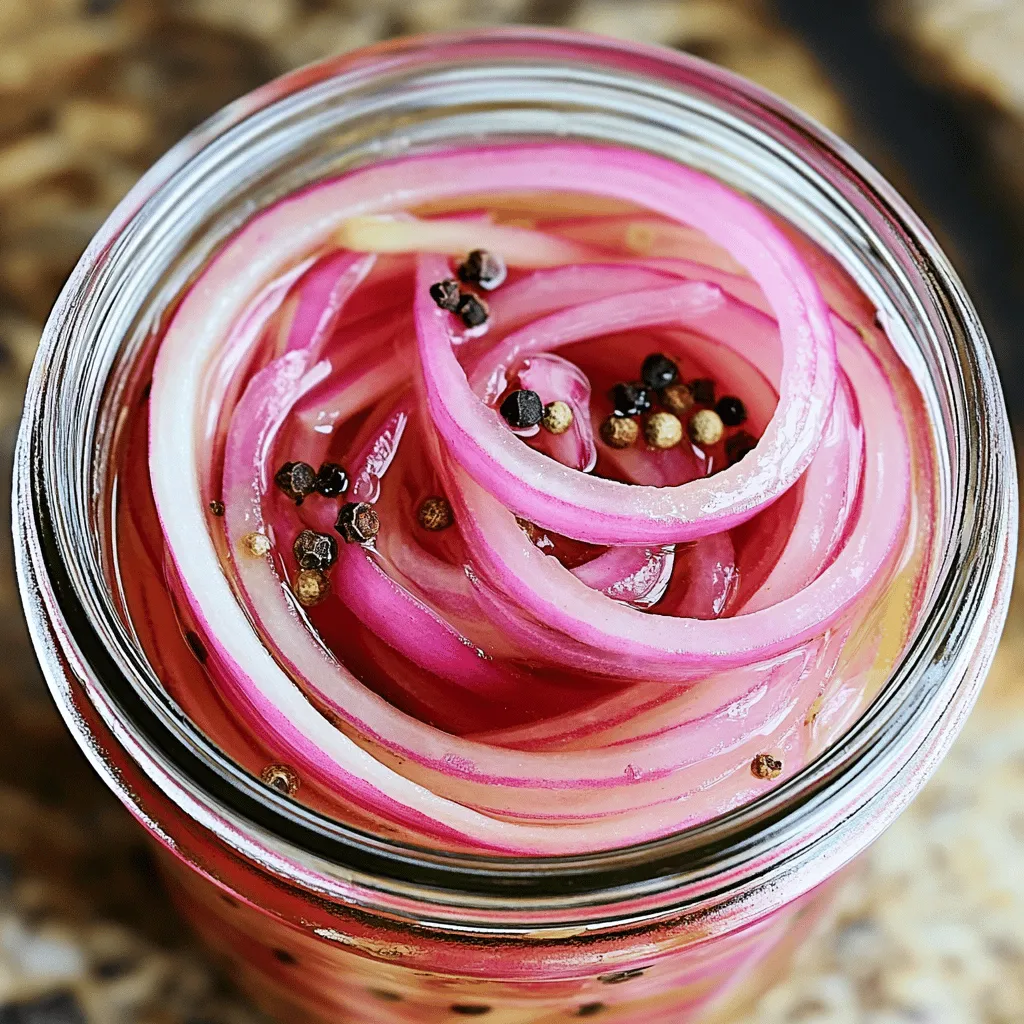 - 2 medium red onions, thinly sliced - 1 cup apple cider vinegar - 1 cup water - 2 tablespoons granulated sugar - 1 teaspoon fine sea salt - 1 teaspoon whole black peppercorns - 1/2 teaspoon cumin seeds - 1/2 teaspoon crushed red pepper flakes (optional) Quick pickled red onions start with fresh, crisp ingredients. The red onions brighten any dish with color and flavor. The apple cider vinegar adds a tangy kick. Water balances the acidity. Granulated sugar rounds it all out, making the onions sweet and sour. For seasonings, fine sea salt enhances the flavor. Whole black peppercorns add depth. Cumin seeds bring warmth, while crushed red pepper flakes give a spicy touch. You can skip the red pepper if you prefer a milder taste. Use the Full Recipe for step-by-step guidance. To start, grab a medium saucepan. In this pan, combine the apple cider vinegar, water, granulated sugar, fine sea salt, whole black peppercorns, cumin seeds, and crushed red pepper flakes if you want some heat. Place the saucepan over medium heat. This is where the magic begins! Bring the mixture to a gentle simmer. Stir it now and then until the sugar and salt dissolve completely. This process is key for a balanced flavor. Once the mixture simmers, remove it from the heat. Let the pickling liquid cool for about 5 to 10 minutes. Cooling it helps keep the onions crisp. While it cools, take your thinly sliced red onions and place them into a clean, heatproof jar or container. Make sure the jar is ready to hold all those vibrant slices! Next, carefully pour the cooled pickling liquid over the onions. Ensure they are completely submerged in that zesty bath. If any onions float, use the back of a spoon to press them down gently. Seal the jar tightly with a lid and allow it to cool to room temperature. After it cools, move it to the refrigerator. The pickled onions will be tasty after about an hour, but let them sit longer for even better flavor. For the complete recipe, check out the Full Recipe section. - Allow for longer pickling time: If you want strong flavor, let your onions pickle longer. One hour works, but overnight is best. The longer they sit, the tastier they get. This extra time allows the onions to soak up the vinegar and spices. - Keep onions submerged for best flavor: Ensure your onions stay fully covered in the pickling liquid. If they float, they won't pickle evenly. Use a spoon to press them down if needed. This keeps them crunchy and flavorful. - Use as a topping for tacos, salads, or sandwiches: These pickled onions add a zesty kick. They brighten up any dish. Try them on tacos for a fresh twist. Add them to salads for a crunch. Layer them on sandwiches to enhance flavor. - Showcase in clear glass jars for an attractive presentation: Use clear jars to display your pickled onions. Their bright color catches the eye. It makes a lovely centerpiece on your table. Guests will admire both the look and taste. {{image_4}} You can make quick pickled red onions even better by adding new flavors. Garlic adds a rich taste. Try adding a few crushed cloves. Dill also gives a bright, fresh taste. Just toss in some fresh dill or dried dill weed. You can also switch up the vinegar. Apple cider vinegar is great, but white wine vinegar gives a different twist. Each vinegar has its own flavor, so feel free to experiment. Want to spice things up? Add more heat with red pepper flakes or fresh jalapeños. This will make your pickled onions really pop. If you want, you can also add herbs like thyme or oregano. Both herbs add depth and a new layer of flavor. These variations make your pickled onions unique. They can enhance any dish you serve. For the Full Recipe, check out the steps to create this flavorful treat. To keep your quick pickled red onions fresh, store them in an airtight container. This helps prevent any odors from mixing in your fridge. Make sure to keep them refrigerated. The cool temperature slows down spoilage and keeps the onions crisp. You can expect your pickled onions to last about 2-4 weeks. It’s smart to check for any signs of spoilage before using them. Look for changes in color, texture, or smell. If anything seems off, it’s best to toss them. Enjoy your zesty quick pickled red onions for a fresh flavor boost in many dishes! If you want to know how to make them, check out the Full Recipe. Quick pickled red onions last about 2 to 4 weeks in the fridge. Store them in an airtight jar. Always check for signs of spoilage before using. Yes! You can use yellow or white onions for pickling. Both types offer a milder flavor and work well in this recipe. Each onion type gives a unique taste. Experiment to find your favorite. Pickled red onions shine in many dishes. Try them on tacos, salads, or sandwiches. They also add a nice pop to burgers and grain bowls. Their tangy flavor brightens up any meal. No, you do not need to can quick pickled red onions. Quick pickling is different from canning. Quick pickling uses a simple brine, while canning involves sealing jars for long-term storage. Quick pickling allows for fast enjoyment. You can find the Full Recipe for zesty quick pickled red onions in this article. It includes all the steps and tips to make your own at home. Enjoy making these tasty onions! Pickled red onions bring zest and color to dishes. We discussed ingredients, steps, tips, and variations to perfect your pickles. Remember, patience is key for the best flavor. Don't hesitate to try new spices or types of vinegar. Store them right, and enjoy their crunch in your meals. With careful prep, your pickles can last and make any dish shine. Get started today and savor the fresh kick of pickled onions. Happy pickling!
