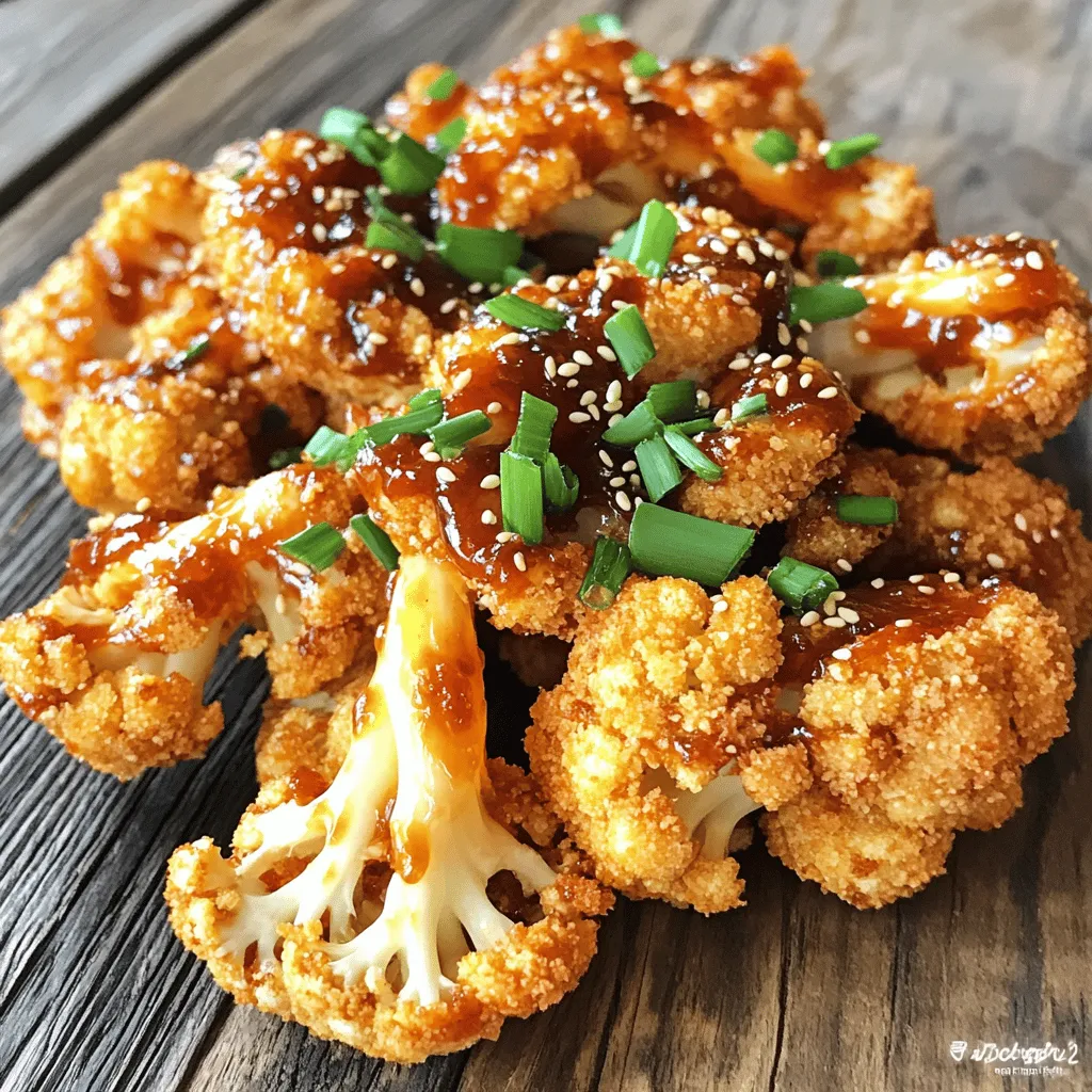 - 1 large head of cauliflower, cut into bite-sized florets - 1 cup all-purpose flour (or gluten-free flour for a gluten-free option) - 1 cup plant-based milk (such as almond or soy milk) - 1 teaspoon garlic powder - 1 teaspoon onion powder - 1 teaspoon smoked paprika - Salt and freshly cracked pepper, to taste - 1 cup panko breadcrumbs - 1 cup Asian BBQ sauce (store-bought or homemade) - 1 tablespoon sesame oil - 1 tablespoon finely chopped green onions (for garnish) - Toasted sesame seeds (for garnish) When I make these Air-Fryer Asian BBQ Cauliflower Wings, I love how simple the ingredients are. You only need a few items to create something delicious. The cauliflower is the star. It’s crunchy and absorbs flavors well. Flour helps the batter stick. I often use all-purpose flour for a classic touch, but gluten-free flour works too. The seasonings elevate the dish. Garlic powder adds depth, while onion powder gives a nice sweetness. Smoked paprika brings warmth and a smoky taste. Don’t forget salt and pepper to enhance everything. The coating is where the magic happens. Panko breadcrumbs make the wings extra crispy. I find that they give a great crunch. The Asian BBQ sauce is the final touch. It’s sweet, tangy, and full of flavor. Adding sesame oil gives a lovely richness. Lastly, I love garnishing with green onions and sesame seeds. They add freshness and a bit of flair to the dish. For the full recipe, you can check out the link. Get ready to enjoy a fun cooking adventure! Creating the batter Start by getting a large mixing bowl. Whisk together the all-purpose flour and plant-based milk. Add garlic powder, onion powder, smoked paprika, salt, and pepper. Mix until the batter is smooth. It should cling well to the cauliflower. Cutting the cauliflower Next, take a large head of cauliflower. Cut it into bite-sized florets. Make sure the pieces are about the same size for even cooking. Dipping in batter Take each cauliflower floret and dip it into the batter. Make sure to coat it well on all sides. Let any extra batter drip off before moving to the next step. Rolling in panko Now, place the batter-coated florets on a plate with panko breadcrumbs. Roll each piece in the breadcrumbs until they are fully covered. This gives the wings a nice crispy texture. Preheating the air fryer Preheat your air fryer to 375°F (190°C). This takes about 5 minutes. Preheating helps the wings cook evenly and get crispy. Cooking time and temperature Place the panko-coated cauliflower wings in the air fryer basket. Make sure they are in a single layer. Cook them for 12 to 15 minutes. Shake the basket halfway through to help them crisp up nicely. Mixing BBQ sauce with sesame oil While the wings are cooking, grab a bowl. Mix the Asian BBQ sauce with sesame oil. Stir it well so the flavors combine nicely. Coating the cooked wings Once the wings are crispy, transfer them to a large bowl. Pour the BBQ sauce mixture over the hot wings. Gently toss to coat each piece evenly. Additional air frying for extra crispiness For an even crispier finish, place the sauced wings back into the air fryer. Cook them for an extra 5 minutes. This step is optional but worth it for crunch lovers. Plating the wings Carefully arrange the wings on a serving platter. This makes them look great when serving to friends or family. Suggested garnishes Top the wings with chopped green onions and toasted sesame seeds. These add a pop of color and flavor. Enjoy your Air-Fryer Asian BBQ Cauliflower Wings! For the full recipe, check out the details above. To get crispy cauliflower wings, choose the right flour. I recommend using all-purpose flour for the best crunch. Gluten-free flour works, too, if needed. The batter should be thick. This helps it stick to the florets. If it is too thin, the coating will slide off. Aim for a pancake-like consistency for great results. Cooking in batches is key. If you overcrowd the air fryer, the wings won’t crisp well. Place them in a single layer for even cooking. To avoid soggy wings, shake the basket halfway through cooking. This helps the hot air circulate and ensures all sides get crispy. Want to kick up the flavor? Try adding spices like cayenne pepper or smoked paprika for a smoky twist. You can also make your own BBQ sauce. Use soy sauce, honey, and ginger for a tasty blend. This gives your wings a unique touch. For the full recipe, check out the detailed steps in the earlier section. {{image_4}} Want to add some heat? You can easily spice up the wings. Use chili powder or hot sauce. I suggest adding one teaspoon of chili powder to the batter. If you prefer, toss the cooked wings in your favorite hot sauce. This gives you full control over the spice level. You can also mix Sriracha with the Asian BBQ sauce for a zesty kick. If you need a gluten-free option, I've got you covered! Substitute all-purpose flour with gluten-free flour. Make sure to use gluten-free panko breadcrumbs as well. This way, you’ll still enjoy those crunchy, flavorful wings without the gluten. They taste just as good and can easily satisfy your cravings. Not a fan of Asian BBQ sauce? No problem! You can try different BBQ flavors. For a smoky touch, use a chipotle BBQ sauce. If you like sweetness, go for a honey BBQ sauce. You can even create your own sauce by mixing soy sauce, honey, and a splash of vinegar. Get creative and find a sauce that makes you smile. For the full recipe, check out the [Full Recipe]. To store leftover wings, let them cool first. Place the wings in an airtight container. Keep them in the fridge for up to three days. This keeps them fresh and tasty for later meals. The best way to reheat your cauliflower wings is in the air fryer. Set it to 350°F (175°C). Heat wings for about 5-7 minutes. This method helps keep them crispy and delicious. You can also use an oven. Set it to 350°F (175°C) and bake for 10-15 minutes. To freeze your cauliflower wings, wait until they are completely cool. Place them in a freezer bag or container. Remove as much air as possible to prevent freezer burn. They can last for about three months in the freezer. When ready to eat, thaw them overnight in the fridge. Reheat in the air fryer for the best texture. Enjoy your tasty wings again! For the complete recipe, check out the Full Recipe. Yes, you can easily make these wings gluten-free. Use gluten-free flour instead of all-purpose flour. For the breadcrumbs, opt for gluten-free panko breadcrumbs. This will keep the wings crispy and delicious. The wings take about 12 to 15 minutes to cook. Preheat your air fryer to 375°F (190°C). Shake the basket halfway through cooking for even crispiness. You can use regular BBQ sauce, but the flavor will change. Asian BBQ sauce adds a sweet and tangy kick. If you prefer a different taste, try mixing regular BBQ with some soy sauce and ginger. You can try air-frying other veggies like broccoli, Brussels sprouts, or zucchini. They can soak up flavors and get crispy. Just cut them into similar sizes for even cooking. To add heat, mix in chili powder or cayenne pepper into the batter. You can also drizzle hot sauce over the wings after cooking. Adjust heat levels to fit your taste buds. For the detailed recipe, check out the Full Recipe. In this post, we explored how to make tasty air-fryer Asian BBQ cauliflower wings. We covered the essential ingredients, step-by-step instructions, and helpful tips for the right texture. You can customize flavors and even make gluten-free options to suit your needs. Remember, cooking is all about fun and creativity. Enjoy trying new spices and sauces. Keep experimenting to find your perfect cauliflower wing recipe!