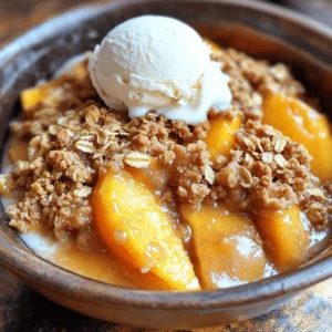 - 4 ripe peaches, pitted and sliced into thin wedges - 1 tablespoon freshly squeezed lemon juice - 1/4 cup packed brown sugar - 1 teaspoon ground cinnamon - 1/4 teaspoon ground nutmeg For a great peach crisp, you need ripe peaches. They should feel soft but not mushy. The lemon juice adds brightness and balances the sweetness. Brown sugar gives a rich flavor, while granulated sugar helps with sweetness. Ground cinnamon and nutmeg create warmth and depth in every bite. - 1 cup rolled oats - 1/2 cup all-purpose flour - 1/3 cup granulated sugar - 1/3 cup unsalted butter, melted - 1/2 teaspoon pure vanilla extract - 1/4 teaspoon fine sea salt The topping is what makes the crisp so special. Rolled oats add texture and chewiness. All-purpose flour helps bind it together. Melted butter brings richness and a golden color. Pure vanilla extract adds a sweet aroma, and fine sea salt enhances all the flavors. - Approximately 250 calories per serving - Breakdown of macronutrients: - Carbohydrates: 35g - Fat: 10g - Protein: 3g This warm bourbon peach crisp provides a comforting treat without too many calories. Each serving is about 250 calories, making it a delightful dessert. The carbohydrates mainly come from the peaches and oats, while the butter adds healthy fat. Enjoy this dessert knowing it offers a mix of flavors and nutrients. For the full recipe, check out the details above. First, preheat your oven to 350°F (175°C). This step is key for even cooking. While the oven heats, prepare the peaches. In a large bowl, mix the sliced peaches with freshly squeezed lemon juice. The lemon juice adds a bright flavor. Then, add brown sugar, ground cinnamon, and ground nutmeg. Gently toss the peaches to coat them evenly. Make sure each slice is covered in sweet spice. Now, it’s time to make the topping. In a medium bowl, combine rolled oats, all-purpose flour, granulated sugar, and fine sea salt. Mix these dry ingredients well. They should be evenly distributed. Next, pour in the melted butter and pure vanilla extract. Stir everything with a fork. You want a crumbly texture that will sprinkle nicely over the peaches. Carefully transfer the peach mixture to your greased baking dish. Spread it out evenly. This helps the peaches bake nicely. Then, sprinkle the oat topping over the peaches. Make sure to cover the fruit completely. This keeps the juices in while baking. Place the dish in your preheated oven. Bake for about 25-30 minutes. Check for a golden topping and bubbling edges. Once done, let the crisp cool for 5 minutes. Serve it warm for the best taste. For the full recipe, check the earlier section. To make the best warm bourbon peach crisp, start with ripe peaches. Look for peaches that are slightly soft and fragrant. They should have a golden color. If they feel hard, let them sit at room temperature for a few days. This helps them ripen. You can adjust the sweetness based on your taste. If you like it sweeter, add more brown sugar. If you prefer it less sweet, reduce the sugar. Taste the peach mixture before baking. This way, you can find the perfect balance. When you prepare the topping, make sure to distribute it evenly over the peaches. This helps the crisp cook well and become golden. If the topping is uneven, some parts may burn while others stay raw. Keep an eye on the baking time. Check your crisp at 25 minutes. You want the topping to turn golden brown, and the peaches should bubble. If it seems undercooked, give it a few extra minutes. The goal is a perfectly baked dessert. Serve your warm bourbon peach crisp while it’s still hot. This makes the flavors pop. Use individual bowls for a nice touch. For a special treat, pair it with ice cream or whipped cream. The cold creaminess contrasts well with the warm, spiced peaches. This combination will delight your taste buds and impress your guests. For the full recipe, see the details above! {{image_4}} You can swap out peaches if you want. Try using plums, cherries, or apricots. These fruits add their own unique taste. Mixing different stone fruits gives a fun flavor twist. You might even add some berries like blueberries or raspberries. Berries add a burst of color and sweetness. Want to spice things up? Experiment with liqueurs like amaretto or whiskey. A splash can add depth to the dish. You can also add nuts like walnuts or pecans. They give a nice crunch. If you want a tropical twist, add shredded coconut. It makes the crisp even more interesting! If you need gluten-free options, use almond flour instead of regular flour. Oats are usually gluten-free, just check the label. For a vegan version, replace butter with coconut oil or vegan butter. Also, use maple syrup instead of sugar. These swaps keep the flavor while fitting your diet. For the complete recipe, check the Full Recipe. To keep your warm bourbon peach crisp fresh, let it cool first. Then, cover it tightly with plastic wrap or aluminum foil. You can also place it in an airtight container. Store it in the fridge. It will stay good for about 3 to 5 days. When it's time to enjoy leftovers, the best way to reheat is in the oven. Preheat it to 350°F (175°C). Place the crisp in an oven-safe dish. Heat for about 10 to 15 minutes. This keeps the topping crunchy. Avoid the microwave if you can. It may make the crisp soggy. You can freeze the crisp both before and after baking. If you freeze it before baking, wrap it well and store it for up to 3 months. When you're ready, bake it straight from the freezer, adding a few extra minutes to the time. If you freeze it after baking, let it cool completely. Then, wrap it tightly and store it. Thaw it in the fridge overnight before reheating. Yes, you can use frozen peaches. However, you need to make some changes. First, thaw the peaches and drain excess liquid. This helps keep the crisp from becoming too watery. You might want to add a bit more sugar to balance the tartness. The flavor still shines through, even with frozen fruit. Absolutely! If you want to skip the bourbon, try using vanilla extract or almond extract instead. Both add a nice depth of flavor. You can also use a splash of apple juice or even a bit of peach nectar for a fruity twist. The crisp will still taste great without the bourbon. Making this peach crisp ahead of time is easy! You can prep the peach filling and the topping separately. Store them in the fridge for up to a day. When you're ready to bake, just combine them in a baking dish and pop it in the oven. This way, you save time on busy days. Warm Bourbon Peach Crisp pairs wonderfully with several treats. A scoop of vanilla ice cream is a classic choice. It melts into the warm crisp, creating a dreamy dessert. You can also serve it with whipped cream or Greek yogurt for a tangy touch. For drinks, try a sweet iced tea or a light white wine to complement the flavors. Enjoy! This article covered how to make a delicious peach crisp. We discussed fresh ingredients, step-by-step instructions, useful tips, fun variations, and smart storage methods. You now have all the tools to bake this tasty dessert successfully. Remember, using ripe peaches is key for great flavor. Don’t be afraid to get creative with fruit and toppings. Enjoy serving your warm peach crisp with ice cream or whipped cream for the perfect treat. Happy baking!