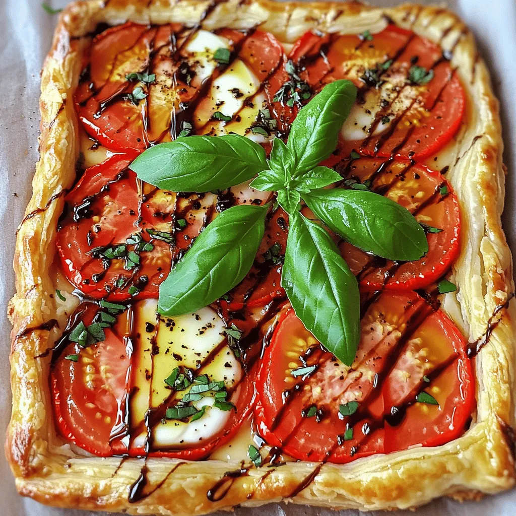 - 1 sheet of puff pastry (thawed) - 3 large ripe tomatoes - 8 oz fresh mozzarella cheese - 1 cup fresh basil leaves - 2 tablespoons extra virgin olive oil - 1 teaspoon balsamic glaze - 1 teaspoon dried oregano - Salt and freshly ground black pepper Alternative cheese options If you don't have mozzarella, try using burrata or feta. Both add a nice touch. Recommended tomato varieties For the best flavor, use heirloom or vine-ripened tomatoes. They are sweeter and juicier. Fresh vs. dried herbs Fresh basil tastes best, but you can use dried if needed. Just use less. Dried oregano works well, too. - Preheat the oven to 400°F (200°C). This step makes sure your tart bakes evenly. - Take your thawed puff pastry and roll it out on a floured surface. Aim for a size that fits your tart pan. Carefully fit the pastry into the pan and trim any extra edges. - Use a fork to prick the bottom of the pastry. This helps prevent it from puffing up while baking. - Place a piece of parchment paper over the pastry and fill it with baking beans or uncooked rice. This is called blind baking. - Bake for 15 minutes. Look for golden edges. Remove the parchment and weights, then bake for another 5 minutes until fully golden. Let it cool a bit. - Start layering your sliced tomatoes and mozzarella in the tart shell. Alternate them and overlap slightly. This creates a nice visual effect. - Drizzle extra virgin olive oil over the top. Sprinkle dried oregano, salt, and black pepper to bring out the flavors. - Pop the tart back in the oven for another 20 minutes. Watch for the cheese to bubble and turn light golden. - Once baked, take it out and let it cool for 5 minutes. Add fresh basil leaves and drizzle with balsamic glaze for a final touch. For the full recipe, make sure to check it out! Enjoy your cooking journey! To get a flaky and crispy crust, make sure to roll out the puff pastry evenly. Thin spots may bake too fast, while thick spots may stay soggy. Pricking the bottom with a fork helps steam escape, so your crust stays crisp. Always use parchment paper and weights when blind baking. This keeps the crust flat and helps avoid soggy bottoms. For the best taste, season your tart well. A mix of salt, pepper, and dried oregano works wonders. Adding a pinch of garlic powder can give an extra kick. Fresh basil leaves add a fragrant note, so don't skip them! You can also drizzle some balsamic glaze on top for sweetness and tang. Pair the tart with a fresh salad or some grilled veggies. A light vinaigrette complements the flavors well. When plating, slice the tart into wedges and arrange them on a nice wooden board. Add extra basil leaves and balsamic drizzle around the plate. This makes the dish pop and look inviting. For the full recipe, check out my detailed guide! {{image_4}} You can take this tart to the next level with extra ingredients. Adding veggies like zucchini or bell peppers gives it a nice crunch. These vegetables add color and taste. You can also change the cheese. Feta or goat cheese brings a tangy flavor. These options make your tart unique and delicious. If you're gluten-free, you can still enjoy this tart. Look for gluten-free puff pastry at the store. It will work just as well. For vegan options, swap the mozzarella for a plant-based cheese. You can also use a mix of cashews and nutritional yeast for a creamy feel. These adjustments make the tart friendly for everyone. Using seasonal ingredients can give your tart a fresh twist. In summer, try heirloom tomatoes for their sweetness. In winter, consider roasted vegetables or a tomato-based sauce. This way, you can enjoy the tart all year round. Each season brings new flavors and ideas that keep your cooking exciting. To keep your Tomato Mozzarella Basil Tart fresh, place it in the fridge. Wrap it in plastic wrap or foil. This method helps prevent the tart from drying out. When you're ready to eat, reheat it in the oven. Set your oven to 350°F (175°C) and warm it for about 10 minutes. This keeps the crust crispy and the cheese melty. If you want to save some tart for later, freezing is a great option. First, let the tart cool completely. Then, slice it into pieces. Wrap each piece tightly in plastic wrap, then place them in a freezer bag. Make sure to remove as much air as you can. When you're ready to enjoy, thaw it in the fridge overnight. Reheat in the oven at 350°F (175°C) to keep the texture. In the fridge, your tart will stay good for about 3-4 days. If you freeze it, expect it to last for up to 2 months. Just remember, the sooner you eat it, the better it will taste! Yes, you can make this tart ahead of time. Bake the tart shell and let it cool. Store it in the fridge for up to 24 hours. When you are ready to serve, add the toppings and bake again. This works well for parties or busy days. You can use store-bought puff pastry for ease. Look for high-quality brands at your local store. If you prefer, you can make homemade puff pastry. Just know it takes more time and skill. Both options work well for this tart. Serve the tart warm or at room temperature. Cut it into wedges for easy sharing. Pair it with a fresh salad or a light soup. You can also drizzle more balsamic glaze on top before serving. This adds a nice pop of flavor. Absolutely! You can customize the toppings to your liking. Try adding sliced zucchini, bell peppers, or even olives. Change up the cheese too; feta or goat cheese can add a new twist. Get creative and use what you love! Bake the tart for about 20 minutes after adding the toppings. Keep an eye on the mozzarella. It should be bubbling and light golden. Ovens vary, so check for doneness. If it's not ready, bake a few minutes more. This blog post covered everything you need for a Tomato Mozzarella Basil Tart. We explored ingredients, substitutions, and step-by-step instructions. You learned tips for a perfect crust and flavor upgrades. Variations let you customize the dish while storage tips help keep it fresh. In final thoughts, this tart is easy to make and can suit many tastes. Experiment with ingredients to make it your own. Enjoy your tasty creation in good company!
