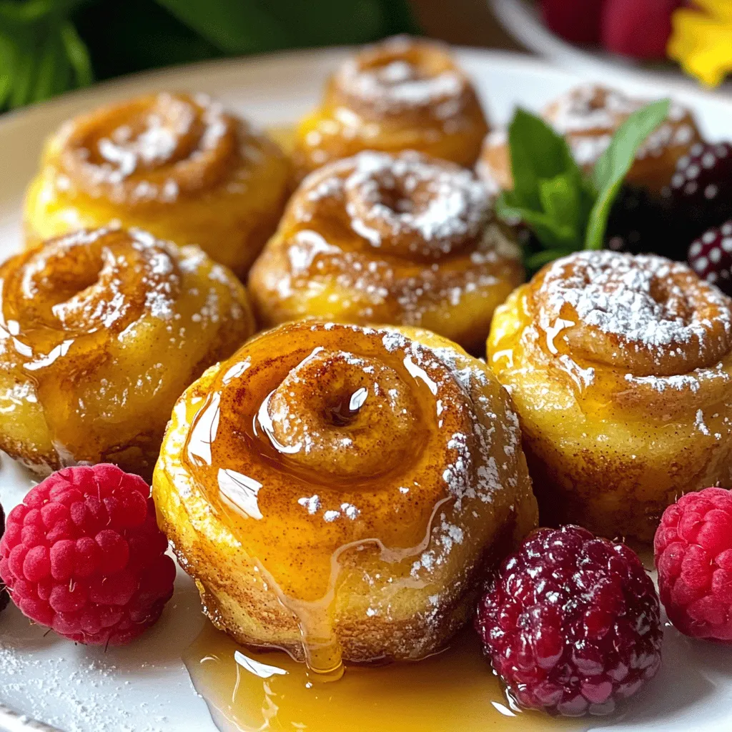 - 1 can of refrigerated cinnamon rolls - 4 large eggs - 1/2 cup milk - 2 teaspoons vanilla extract - 1 teaspoon ground cinnamon - 1/4 teaspoon ground nutmeg - 1/4 cup pure maple syrup - Powdered sugar - Fresh berries The main ingredients create a sweet and rich flavor. The cinnamon rolls bring warmth, while eggs and milk add creaminess. Vanilla, cinnamon, and nutmeg give depth. Maple syrup adds a sweet twist. Powdered sugar creates a lovely finish, and fresh berries bring a burst of color and freshness. - Dairy-free alternatives - Extra toppings like whipped cream or chocolate sauce For those who prefer dairy-free, use almond or oat milk. You can add whipped cream for a fluffy touch. Chocolate sauce can enhance sweetness and make it more decadent. The choice of toppings can elevate your bites, making them even more special. If you want to check out the full recipe, I highly recommend doing so for the best results! - Preheat your oven to 375°F (190°C). - Lightly grease a baking dish with cooking spray or butter. - Open the can of cinnamon rolls. - Divide each roll into quarters. - Place the bite-sized pieces in a large mixing bowl. - In another bowl, whisk together the eggs, milk, and vanilla extract. - Add ground cinnamon and nutmeg to the mix. - Stir until everything blends. - Pour the egg mixture over the cinnamon roll pieces. - Gently toss with a spatula until all pieces are coated. - Let the mixture sit for about 5-10 minutes. - This helps the cinnamon rolls soak up the egg mix. - Transfer the coated pieces to your greased baking dish. - Spread them out evenly for even cooking. - Drizzle pure maple syrup over the top. - Bake in the preheated oven for 20-25 minutes. - Look for a golden brown color and a set center. - Once done, cool the bites for a few minutes. - Drizzle the icing from the can over the warm bites. - Finish with a dusting of powdered sugar and fresh berries. For the complete guide, check out the Full Recipe. Soaking time is key for a great texture in these bites. I let the cinnamon roll pieces rest in the egg mixture for about 5-10 minutes. This helps each piece soak up all that tasty goodness. If you skip this step, your bites may turn out dry. To avoid over-baking, keep an eye on your bites as they cook. Bake them for 20-25 minutes, or until they are golden brown and set in the center. If they start to brown too much, cover the dish with foil to shield them. You can add spices like nutmeg or allspice to deepen the flavor. A splash of almond extract can also elevate the taste. For syrup, I recommend pure maple syrup for a sweet touch. If you want a twist, try adding a fruit syrup or honey. A light dusting of powdered sugar makes everything feel special. Garnishing with fresh berries like strawberries or blueberries adds color and freshness. Arrange them on top or around the bites for a beautiful plate. Serve these bites with coffee or tea to create a cozy brunch vibe. You can also place them on a nice platter for a fun sharing experience. {{image_4}} You can make these Cinnamon Roll French Toast Bites even more fun with different flavors. Try pumpkin spice cinnamon roll bites. Just add pumpkin puree and a dash of pumpkin spice to the egg mixture. It brings a warm, festive taste that is great for fall. You can also use chocolate chip or fruit-filled alternatives. Simply swap regular cinnamon rolls for ones filled with chocolate or fruit. These options add a rich twist to your bites, making them even more delightful. If you need gluten-free options, look for gluten-free cinnamon rolls available in stores. These work well in the recipe. Just follow the same steps, and you won’t miss a thing. For those who prefer vegan dishes, you can make vegan replacements for eggs and dairy. Use flax eggs or applesauce instead of eggs. For dairy, choose almond or oat milk. Both swaps keep the bites tasty and fluffy. You can turn these bites into a fun brunch platter. Add fresh fruits, yogurt, or even whipped cream on the side. This makes a beautiful spread that everyone will enjoy. Alternatively, serve these bites as a dessert. Pair them with a scoop of ice cream or drench them in chocolate sauce. This sweet twist makes them a perfect treat after dinner. For the full recipe, check out the details above. To keep your Cinnamon Roll French Toast Bites fresh, store them in an airtight container. This helps keep them moist. Place the container in the fridge. They can last for up to three days this way. When you want to reheat the bites, use the microwave or oven. For the microwave, heat them for about 20-30 seconds. If using the oven, preheat it to 350°F (175°C) and warm them for about 10 minutes. This method keeps them nice and tasty. You can freeze these bites before or after baking. If you freeze them before baking, arrange the pieces in a single layer on a baking sheet. Freeze them for two hours, then move them to a freezer bag. This way, they won't stick together. To thaw, just place the frozen bites in the fridge overnight. When ready to bake, follow the original baking instructions. If you freeze them after baking, let them cool first. Wrap them tightly in plastic wrap and then in foil. They can stay in the freezer for up to two months. To reheat frozen baked bites, you can use the oven. Preheat it to 350°F (175°C) and bake for about 15-20 minutes. These steps will help maintain the great taste of your Cinnamon Roll French Toast Bites. For the full recipe, check the earlier section. Yes, you can use homemade cinnamon rolls. They can add a fresh taste and unique flavor. Homemade rolls often have better texture and warmth. Just cut them into small pieces like the store-bought ones. Soaking them in the egg mixture is key. This allows the flavors to blend well. This dish takes about 10 minutes to prepare. The baking time is around 20 to 25 minutes. So, you can enjoy this treat in just 35 minutes. It’s quick and easy, making it perfect for a busy weekend. You can pair these bites with many tasty sides. Fresh fruit like strawberries or blueberries works great. A side of crispy bacon adds a nice salty touch. For drinks, coffee or tea complements the sweetness well. You might even enjoy a glass of orange juice. Yes, this recipe is great for meal prep. You can make it ahead of time and store it. Just prepare the bites and refrigerate them before baking. When you are ready, bake them for a quick breakfast. Reheating in the oven helps keep them warm and soft. Check out the Full Recipe for more details on how to prepare these bites! This recipe for Cinnamon Roll French Toast Bites is easy and fun. You learned about the main and optional ingredients, plus simple steps to make this dish. The tips help create the best texture and flavor. You even discovered ways to vary the recipe for different diets. Remember, storing leftovers correctly keeps them fresh. Enjoy making this tasty treat for brunch or dessert. Each bite will bring smiles to your table. This recipe is sure to be a hit!