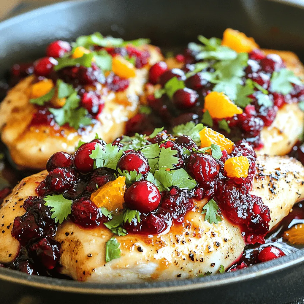 To make Cranberry Orange Chicken, you need fresh and simple ingredients. Each one adds its own flavor to the dish. Here’s what you will need: - Boneless skinless chicken breasts - Fresh or frozen cranberries - Orange zest and juice - Olive oil, honey, garlic, ginger - Seasoning (salt, black pepper, dried thyme) - Garnish options (cilantro or parsley) Using fresh ingredients makes a big difference in taste. For the cranberries, you can choose frozen if fresh ones are not available. The orange zest adds a lovely zing, while the honey brings sweetness. This balance of flavors is what makes the dish special. When you gather these ingredients, think about how they work together. The garlic and ginger give warmth, while the thyme adds earthiness. In the end, you create a dish that is not just delicious but also visually appealing. For the full recipe, see the [Full Recipe]. Start by preheating your oven to 375°F (190°C). This step is key. A hot oven helps cook the chicken evenly. Make sure to be careful when using hot appliances. Always use oven mitts to prevent burns. Next, mix your ingredients for the cranberry sauce. In a bowl, combine cranberries, orange juice, orange zest, honey, minced garlic, grated ginger, salt, black pepper, and dried thyme. Each ingredient plays a role: cranberries add tartness, honey brings sweetness, and garlic adds depth. Stir this mix well to blend the flavors. Now, it's time to sear the chicken. Heat olive oil in a large oven-safe skillet over medium heat. While the oil heats, season both sides of each chicken breast with salt and black pepper. When the oil shimmers, add the chicken. Sear each side for about 5 minutes until they turn a nice golden-brown. This step gives the chicken a tasty crust. After searing, pour the cranberry sauce over the chicken in the skillet. Make sure the sauce covers the chicken well. Carefully transfer the skillet to your preheated oven. Bake for 25-30 minutes until the chicken reaches an internal temperature of 165°F (75°C). This ensures it is fully cooked. Once baked, remove the skillet from the oven. Let the chicken rest for about 5 minutes. Resting is vital. It allows juices to redistribute, making the chicken tender and flavorful. For serving, place the chicken breasts on plates and drizzle them with the cranberry sauce. Garnish with freshly chopped cilantro or parsley for a pop of color. This not only looks great but adds a fresh taste too. Enjoy your meal! For the full recipe, check the details above. To make your cranberry orange chicken shine, focus on ingredient quality. Use fresh cranberries if you can find them. They add a bright taste that frozen ones can't match. The orange should be juicy and fragrant. Zest it well to get all those oils. Balancing sweet and savory is key. The honey adds sweetness, while the salt and spices give depth. Taste your sauce as you mix it. Adjust the honey or salt to fit your liking. One common mistake is overcooking the chicken. Chicken can dry out quickly. Use a meat thermometer to check the temperature. It should reach 165°F (75°C) for safety and juiciness. Another mistake is not allowing the sauce to thicken properly. After baking, let the chicken rest. This helps the sauce set and taste even better. For this recipe, I recommend using a large oven-safe skillet. Cast iron works great. It keeps the heat even and helps with browning. If you don’t have an oven-safe skillet, use a regular skillet and transfer the chicken to a baking dish. This works just as well. Don't forget to have a good meat thermometer on hand. It really helps ensure your chicken is cooked just right. For the full recipe, check out the complete guide to make this dish your own. {{image_4}} You can switch up the fruits in this dish. Instead of cranberries, try using tart cherries or pomegranate seeds. Both add a nice tang. You can also use fresh blueberries for a sweeter twist. If you want a different flavor, swap the orange for lemon or lime. For dietary needs, replace honey with maple syrup for a vegan option. If you're avoiding sugar, use a sugar-free sweetener. You can also use chicken thighs instead of breasts. They are juicier and add more flavor. You can prepare this dish in different ways. A slow cooker is great for busy days. Just combine all ingredients in the cooker and set it on low for six to eight hours. This method makes the chicken very tender. If you want a quicker option, use the oven. Preheat it as directed in the full recipe. You can also grill the chicken for a smoky flavor. Just marinate it in the sauce and grill until cooked through. This works well in summer, adding a nice char. Change up the recipe for different seasons. In fall, add cinnamon and nutmeg for warmth. In winter, try rosemary or sage for a cozy touch. Spring calls for fresh herbs like basil or mint. In summer, use fresh cilantro or dill for a light flavor. Adapting herbs and spices keeps the dish exciting. This way, you can enjoy Cranberry Orange Chicken all year round. Each season brings a new twist to this lovely meal. To keep your Cranberry Orange Chicken fresh, let it cool first. Place it in an airtight container. You can store it in the fridge for up to three days. If you want to keep it longer, freezing is a great option. When reheating, avoid drying out your chicken. You can use an oven or a microwave. If using an oven, set it to 350°F (175°C). Heat for about 15-20 minutes. If using a microwave, cover the chicken and heat for about 2-3 minutes. Check it often to avoid overcooking. To freeze, wrap the chicken tightly in plastic wrap. Then place it in a freezer bag. This helps keep the flavor and moisture. When ready to eat, thaw overnight in the fridge. After thawing, reheat as mentioned above. This method will help maintain its taste and texture. Enjoy your leftovers! You can pair Cranberry Orange Chicken with many tasty sides. Here are some ideas: - Steamed broccoli - Roasted sweet potatoes - Quinoa or rice - A fresh green salad - Mashed potatoes with herbs These sides will balance the sweet and tangy flavors of the chicken. They add nutrition and texture to your meal. Yes, you can use frozen chicken. Just make sure to adjust the cooking time. If using frozen chicken, cook it for about 10 to 15 minutes longer. Always check the internal temperature. It should reach 165°F (75°C) for safety. Cooking frozen chicken is safe as long as it cooks fully. To check if the chicken is done, use a meat thermometer. Stick it into the thickest part of the breast. The safe internal temperature is 165°F (75°C). You can also look for signs of doneness. The chicken should be opaque and the juices should run clear. If it’s still pink or the juices are red, it needs more time. Cranberry Orange Chicken is not just a meal; it’s a delight. For the full recipe, check out the detailed instructions above. This recipe for Cranberry Orange Chicken combines simple ingredients with easy steps. You learned how to prepare a tasty dish that balances sweet and savory. Remember to rest the chicken for the best flavor. With tips on cooking methods and variations, you can make this meal your own. Enjoy creating different versions each season! Follow these instructions, and you will impress friends and family with your cooking skills. Now, get started and savor each bite!