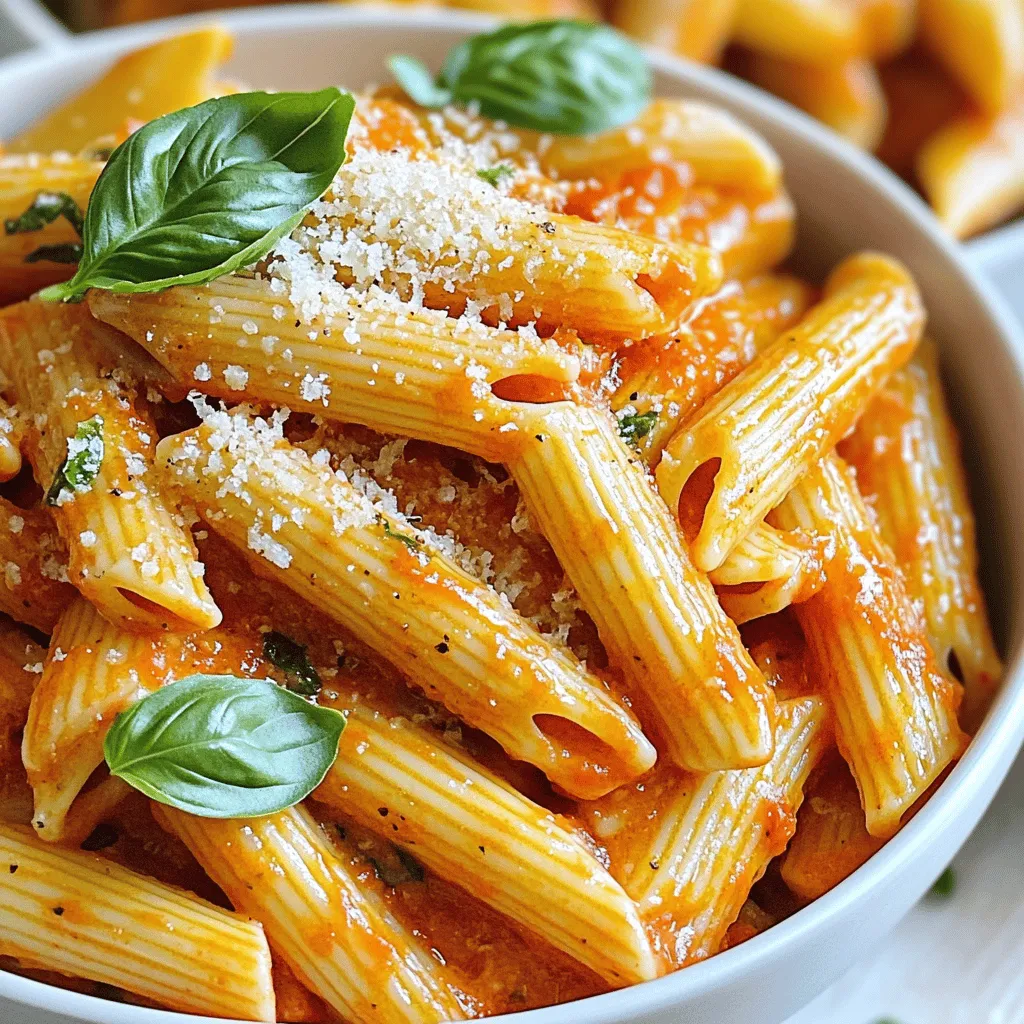 To make a tasty creamy tomato pasta, you need some simple ingredients. Here’s what you will need: - 300g pasta (penne or fusilli) - 2 tablespoons olive oil - 1 medium onion, finely chopped - 3 cloves garlic, minced - 1 can (400g) crushed tomatoes - 1 cup heavy cream or coconut cream - 1 teaspoon dried basil - 1 teaspoon dried oregano - Salt and pepper to taste - Fresh basil leaves, for garnish - Grated Parmesan cheese, for serving (optional) These ingredients come together to make a rich and creamy sauce. The pasta provides a great base, while the tomatoes add a fresh taste. The cream makes the sauce smooth and comforting. Feel free to swap the cream for coconut cream if you want a dairy-free dish. Using fresh basil leaves adds a lovely touch to the final dish. If you want to see the full recipe, check out the section titled "Full Recipe." You'll find all the steps you need to create this delicious meal! Start by boiling a large pot of salted water. Use about 1 tablespoon of salt for every 4 quarts of water. Once the water boils, add 300g of pasta, like penne or fusilli. Cook it according to the package instructions. You want the pasta to be al dente, which means it should still be firm. This usually takes about 8 to 10 minutes. Before you drain the pasta, save 1 cup of the cooking water. This water helps adjust the sauce later. Next, grab a spacious skillet and heat 2 tablespoons of olive oil over medium heat. Once the oil is hot, add 1 finely chopped onion. Sauté the onion for about 5 minutes. Stir it occasionally until it becomes soft and clear. Then, add 3 minced garlic cloves to the skillet. Sauté for another minute, making sure the garlic does not brown. This gives the dish a lovely aroma. Now it’s time to create the sauce. Pour in 1 can of crushed tomatoes, along with 1 teaspoon each of dried basil and oregano. Stir everything well to mix. Bring this mixture to a gentle simmer. Let it cook for about 10 minutes. This allows the flavors to blend together beautifully. Once the sauce simmers, reduce the heat to low. Pour in 1 cup of heavy cream or coconut cream for a dairy-free choice. Stir until the sauce is smooth and warm. Taste the sauce and add salt and pepper to your liking. If the sauce is too thick, add some of the reserved pasta water until you reach your desired consistency. Now, add the cooked pasta to the skillet. Toss the pasta gently in the sauce. Make sure each piece is well coated and tasty. For the full recipe, check out the detailed directions to ensure you don't miss a step! To make your sauce just right, adjust its thickness with pasta water. After cooking the pasta, save one cup of the starchy water. If the sauce seems too thick, slowly add a bit of this water. It will help create a creamy texture. Balancing flavors is key. Always taste your sauce before serving. Add salt and pepper to enhance the flavors. A little more dried basil or oregano can brighten the dish. Just remember, start small and add more if needed. For a beautiful presentation, use shallow bowls to serve your creamy tomato pasta. This makes the dish look inviting. You can drizzle a little extra olive oil on top. It adds shine and flavor. Garnish your dish with fresh basil leaves. They not only add color but also a fresh taste. If you like cheese, sprinkle grated Parmesan over the top. This gives a nice salty kick to the dish. Try these tips next time you make the creamy tomato pasta from the Full Recipe. You'll impress your guests with both taste and look! {{image_4}} You can easily make creamy tomato pasta fit your diet. If you want a dairy-free version, try using coconut cream. It adds a rich flavor without the dairy. Just swap the heavy cream for an equal amount of coconut cream. If you are gluten-free, don't worry! There are many pasta options. Look for gluten-free penne or fusilli made from rice or lentils. These options work great and taste delicious. To make your dish even better, consider adding some vegetables. Spinach and bell peppers are great choices. They bring color and nutrition. Simply sauté them with the onions and garlic. If you want to boost the protein, you can add chicken or shrimp. Cook them in the skillet before adding the sauce. This makes the meal more filling and satisfying. For the full recipe, check out Creamy Tomato Pasta Delight. Enjoy your cooking! To keep your creamy tomato pasta fresh, store leftovers in airtight containers. This helps prevent moisture loss and keeps flavors intact. Your creamy tomato pasta can last in the fridge for about 3 to 5 days. Try to consume it within this time for the best taste. If you want, label your containers with the date to stay organized. Reheating creamy tomato pasta is easy. Use a skillet over low heat to warm it up gently. Add a splash of water or cream to keep it creamy. Stir often to avoid sticking. You can also use a microwave. Place your pasta in a bowl, add a bit of cream or water, and cover it. Heat in short bursts, stirring in between. This way, you keep the texture nice and smooth. Enjoy your delicious meal again! You can use penne or fusilli for this dish. These shapes hold the sauce well. They create a nice bite and texture. You can also try spaghetti or rigatoni. Choose your favorite or what you have on hand. Yes, you can make it ahead! Cook the pasta and the sauce separately. Store them in the fridge. When ready, reheat the sauce and mix in the pasta. This helps keep the pasta from getting soggy. To make this dish vegan, simply swap heavy cream for coconut cream. Use a plant-based pasta as well. Check the labels to ensure no eggs are in the pasta. This keeps the dish creamy and rich without dairy. This pasta pairs well with a fresh salad or garlic bread. You can also add roasted vegetables for more flavor. A light white wine or sparkling water complements the meal nicely. Yes, you can freeze this dish! Store it in an airtight container. It keeps well for up to three months. To reheat, thaw it in the fridge overnight. Then warm it gently on the stove, adding a splash of water if needed. For the full recipe, check out the detailed directions for making Creamy Tomato Pasta Delight. To make Creamy Tomato Pasta, gather a few simple ingredients. You will need: - 300g pasta (penne or fusilli) - 2 tablespoons olive oil - 1 medium onion, finely chopped - 3 cloves garlic, minced - 1 can (400g) crushed tomatoes - 1 cup heavy cream or coconut cream (for a dairy-free option) - 1 teaspoon dried basil - 1 teaspoon dried oregano - Salt and pepper to taste - Fresh basil leaves, for garnish - Grated Parmesan cheese, for serving (optional) Now, let’s dive into the steps. 1. Cook the Pasta: Start by boiling salted water in a large pot. Add the pasta and cook it until it is al dente. Before draining, reserve one cup of pasta water. This water helps adjust the sauce later if it is too thick. 2. Sauté Aromatics: In a large skillet, heat the olive oil over medium heat. Add the chopped onion and cook for about 5 minutes until it is soft and clear. 3. Add Garlic: Next, stir in the minced garlic for another minute. This step releases a lovely aroma. 4. Make the Sauce: Pour in the crushed tomatoes, dried basil, and oregano. Mix well and let it simmer for about 10 minutes. This lets the flavors blend together. 5. Incorporate Cream: Reduce the heat and add the heavy cream or coconut cream. Stir until the sauce is smooth and warm. 6. Season the Sauce: Taste the sauce and add salt and pepper. If it is too thick, mix in some reserved pasta water until it is just right. 7. Combine Pasta and Sauce: Add the cooked pasta to the skillet. Toss everything gently until the pasta is well-coated with the sauce. 8. Serve: Dish out the creamy tomato pasta right away. Top it with fresh basil leaves and grated Parmesan cheese if you like. This recipe takes about 30 minutes and serves four people. For a great look, serve the pasta in shallow bowls. Drizzle a bit of olive oil on top and add a sprig of fresh basil. Enjoy your meal! This blog post guides you through making a delicious creamy tomato pasta. You learned about the best ingredients, cooking steps, and helpful tips. We discussed variations for different diets and how to store leftovers. As you cook, remember to have fun and be creative. This dish is simple yet satisfying. Whether you stick to the recipe or make it your own, enjoy every bite! Happy cooking!