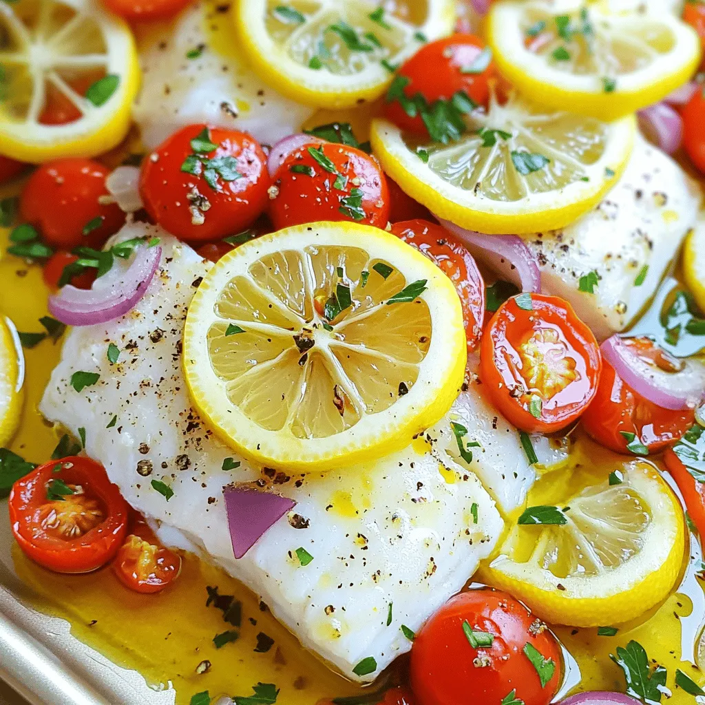- 4 white fish fillets (such as cod, tilapia, or sole) - 1 large lemon, thinly sliced - 1 cup cherry tomatoes, halved - 1 red bell pepper, cut into thin slices - 1 small red onion, finely sliced - 2 cloves garlic, minced - 3 tablespoons extra virgin olive oil - 1 teaspoon dried oregano - 1 teaspoon dried basil - Salt and freshly ground black pepper, to taste - Fresh parsley or basil leaves, chopped for garnish This dish shines with fresh and simple ingredients. The fish fillets are the star, with their mild flavor. I love using cod or tilapia, as they cook well and soak up flavors nicely. The lemon slices add brightness, while cherry tomatoes bring sweetness. Red bell pepper and onion provide crunch and color. Don't forget the garlic! It adds depth to the dish. The olive oil keeps everything moist and brings richness. Oregano and basil are classic Mediterranean herbs that enhance the flavor profile. Feel free to adjust the salt and pepper to your taste. Fresh herbs like parsley or basil add a nice touch at the end. For the full recipe, check out the details that guide you through the cooking process. - Preheat the oven to 400°F (200°C). - In a large baking dish, lay the lemon slices in a single layer. This adds great flavor. - Place the white fish fillets directly on top of the lemon slices, spaced out evenly. - In a medium bowl, combine halved cherry tomatoes, sliced red bell pepper, red onion, and minced garlic. - Drizzle olive oil over the vegetables. Sprinkle with oregano, basil, salt, and black pepper. Toss well to coat. - Layer the vegetable mix over the fish fillets, ensuring they are well covered. This boosts flavor. - If any olive oil remains, drizzle it over the fish and veggies for extra richness. - Cover the dish tightly with foil. This helps trap steam and moisture. Bake for 20 minutes. - After 20 minutes, remove the foil and bake for an additional 10 minutes. The fish should flake easily with a fork and the vegetables should be tender. Enjoy this Easy Mediterranean Baked Fish by following the [Full Recipe]. - Ensure even spacing of fish fillets for uniform cooking. This helps each piece cook evenly. - Use fresh herbs for enhanced flavor. Fresh basil or parsley makes a big difference. - Serve directly in the baking dish or on individual plates. It looks great and saves time. - Pair with crusty bread or a light salad for a balanced meal. This adds texture and freshness. - Add capers or olives for a salty, briny twist. They bring a unique taste to the dish. - Experiment with different herbs like thyme or dill. Each herb adds its own flavor profile. These tips will make your Easy Mediterranean Baked Fish even more enjoyable. Trust me, they work wonders! For the full recipe, check out the details above. {{image_4}} You can switch up the fish in this recipe. If you want a richer taste, try salmon or halibut. Both add a lovely flavor and texture. Another fun option is to mix in shrimp. Shrimp brings a delightful seafood twist to your dish. You can also change the veggies to keep things fresh. Zucchini, asparagus, or artichoke make great substitutes. They offer different textures that add interest. For extra nutrition, add spinach or kale. These greens blend well and boost the meal's health factor. If you enjoy some heat, consider adding red pepper flakes. They give a nice kick without overpowering the dish. For more flavor depth, add a splash of white wine. It enhances the overall taste and makes the dish even more special. - Cool completely before storing in an airtight container - Keep in the refrigerator for up to 2 days Storing leftovers is simple. Allow the baked fish to cool down first. Then, place it in a tight container. This helps keep the fish fresh. You can eat it within two days. - Reheat in the oven at 350°F (175°C) for best results - Microwave can be used, but may result in a softer texture When you want to enjoy your leftovers, the oven works best. Preheat it to 350°F. Place the fish in an oven-safe dish, and heat until warm. If you use a microwave, be careful. It might make the fish a bit mushy. - Freeze portions in airtight containers for up to 3 months - Thaw in the fridge overnight before reheating If you want to keep it longer, freezing is a great option. Pack the fish in airtight containers. This can keep it fresh for about three months. When you are ready to eat, take it out of the freezer. Let it thaw in the fridge overnight. Then, reheat it as you like. For more details, refer to the Full Recipe. Yes, just ensure they are fully thawed before cooking. Thawing helps the fish cook evenly. You can place frozen fillets in the fridge overnight to defrost. If you're in a hurry, run them under cold water for a quicker thaw. Fish is done when it flakes easily with a fork and is opaque in color. When you poke it with a fork, the flesh should break apart easily. If it looks shiny and translucent, it needs more time. Always check the thickest part of the fish for doneness. Serve with rice, roasted vegetables, or a fresh green salad for great pairing. Rice adds a nice base, while roasted veggies give texture. A crisp salad brightens the meal. You can also add a slice of crusty bread to soak up the flavors. This baked fish recipe is simple and packed with flavor. You can easily customize it with different fish and veggies. Fresh herbs and spices elevate the dish, making it a crowd-pleaser. Use the tips for perfect cooking and storing leftovers, and feel free to try new variations. By exploring these ideas, you can enjoy tasty meals any time. Get cooking and create your own delicious masterpiece. Enjoy every bite!