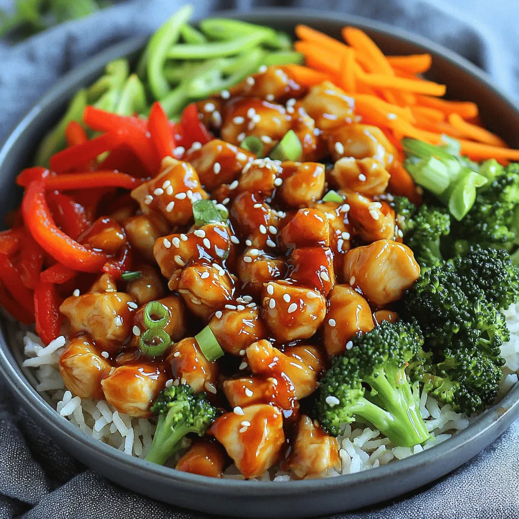 - 2 chicken breasts, diced into bite-sized pieces - 1 cup cooked jasmine rice - 1 red bell pepper, sliced thinly - 1 cup broccoli florets, roughly chopped - 1 medium carrot, julienned - 1/4 cup sweet chili sauce - 2 tablespoons soy sauce - 1 tablespoon sesame oil - 1 tablespoon vegetable oil - Salt and black pepper to taste - 3 green onions, finely chopped - Sesame seeds, for garnish The Sweet Chili Chicken Bowl is a simple dish with great taste. The chicken brings protein, while the colorful veggies add crunch and nutrients. The jasmine rice serves as a perfect base. The marinade makes the chicken shine with sweet and savory flavors. The sweet chili sauce is the star here. It gives a mild heat and sweetness that kids and adults love. The soy sauce adds a salty touch, while sesame oil gives a nutty flavor. Together, they create a tasty mix that keeps you coming back. For garnishes, green onions and sesame seeds add a pop of color and texture. The green onions give freshness, and the sesame seeds offer a nice crunch. They make your bowl look and taste even better. Check the [Full Recipe] for details on how to bring this meal to life. You will enjoy making this dish as much as eating it! - Time needed: 15 minutes - Combining ingredients: Start by taking a medium bowl. Add the diced chicken. Pour in the sweet chili sauce, soy sauce, and sesame oil. Sprinkle in a pinch of salt and black pepper. Stir until the chicken pieces are fully coated. Cover the bowl and let the chicken marinate for at least 15 minutes. This step helps the chicken absorb all the great flavors. For the jasmine rice, follow the package instructions. Rinse the rice first to remove extra starch. This helps keep the rice fluffy. Bring water to a boil, add the rice, and cook until tender. Once cooked, fluff it with a fork. Set it aside to keep warm until serving. Heat vegetable oil in a large skillet or wok over medium heat. Add the sliced red bell pepper, broccoli florets, and julienned carrot. Stir-fry for about 5-7 minutes. The goal is to keep the veggies tender-crisp and bright in color. This adds a nice pop to your bowl. Once cooked, transfer them to a plate. In the same skillet, add the marinated chicken. Do not add the leftover marinade. Spread the chicken into a single layer. Cook for about 8-10 minutes, stirring occasionally. You want the chicken to be fully cooked with a golden-brown color. Return the sautéed vegetables to the skillet with the cooked chicken. Gently toss everything for about 2 minutes. This step lets all the flavors blend together nicely. Make sure the vegetables are heated through. For a great presentation, serve the dish in deep bowls. Create a base of jasmine rice. Top it with the sweet chili chicken and sautéed vegetables. For that final touch, garnish with chopped green onions and a sprinkle of sesame seeds. You can drizzle a bit of extra sweet chili sauce on top for color. Adding lime wedges on the side can give a nice fresh burst. - Marinate the chicken: This step is key. It adds depth to the flavor. Let it sit for at least 15 minutes. - Prep your veggies: Chop and slice all your vegetables first. This saves time later. - Use leftover rice: If you have some cooked rice, it speeds up the process. - Add garlic: Mince two garlic cloves and sauté them with your veggies. This adds a nice punch. - Try ginger: Grate fresh ginger for a warm, spicy flavor. It pairs well with sweet chili. - Citrus zest: Grate lime or lemon zest into the dish. It brightens the flavors nicely. - Stir-frying: Use high heat and a non-stick skillet. This helps to cook the chicken quickly. - Don’t overcrowd: Cook in batches if needed. Overcrowding leads to steaming instead of frying. - Keep it moving: Stir constantly while cooking. This ensures even cooking and prevents burning. For the full recipe, check out the Sweet Chili Chicken Bowl . {{image_4}} You can switch the chicken for different proteins. Here are some great options: - Tofu: Firm tofu works well. Press it to remove water, then cube it. - Shrimp: Use peeled shrimp for a tasty seafood twist. Cook quickly for best results. - Beef: Thinly sliced beef adds a rich flavor. Cook it until just done. - Tempeh: This fermented soy product offers a nutty taste and great protein. If you want a different grain, you have options: - Quinoa: This grain is high in protein. It’s also gluten-free and fluffy. - Brown rice: It adds more fiber and a nutty flavor. - Cauliflower rice: A low-carb option that absorbs flavors well. - Barley: A chewy grain that adds heartiness to your bowl. Feel free to mix in other vegetables for variety: - Snap peas: They add a nice crunch and sweetness. - Zucchini: Slice it thin for quick cooking and a mild taste. - Mushrooms: Use shiitake or button mushrooms for depth of flavor. - Spinach: Add fresh spinach at the end for a pop of color and nutrition. These variations let you customize your Sweet Chili Chicken Bowl to suit your taste. For the complete recipe, check out the Full Recipe section. Enjoy experimenting! Store your Sweet Chili Chicken Bowl in an airtight container. This keeps it fresh. Place the bowl in the fridge within two hours of cooking. The leftovers stay good for about three to four days. Make sure to cool the meal to room temperature before sealing it up. This helps prevent moisture buildup. When reheating, use the microwave or a skillet. If using a microwave, heat it on medium power. Stir it every minute to keep the texture nice. If using a skillet, add a splash of water or broth. Heat it gently on low. This keeps the chicken juicy and the veggies crisp. To freeze, let the dish cool completely. Then, place it in a freezer-safe container. Seal it tightly to avoid freezer burn. Your Sweet Chili Chicken Bowl can last up to three months in the freezer. When you’re ready to eat, thaw it in the fridge overnight before reheating. This keeps the flavors bright and tasty. For the full recipe, you can always refer back! To make a vegetarian version, swap chicken for tofu or tempeh. Both options work well. Use firm tofu for a good texture. Cut it into cubes and marinate like the chicken. You can also add chickpeas for protein. For veggies, feel free to mix in snap peas or mushrooms. Yes, you can use frozen vegetables! They save time and are often just as healthy. The pros include quick cooking and longer shelf life. However, they may have more water. This can make your dish a bit soggy. To avoid this, cook them briefly before adding them to the skillet. Sweet chili sauce has a mild heat. It balances sweetness with a hint of spice. This makes it great for all ages. If you want more heat, add red pepper flakes. You can adjust the spice level to fit your taste. Jasmine rice is the best choice. It has a nice aroma and fluffy texture. Other options include brown rice or basmati. Brown rice is healthier but takes longer to cook. Choose what fits your meal best. For a quick meal, stick with jasmine rice. You can find the full recipe above for more details. In this post, we explored how to make a delicious Sweet Chili Chicken Bowl. We started with the main ingredients like chicken, rice, and colorful veggies. I shared steps for marinating, cooking, and combining everything perfectly. I also provided tips to save time and enhance flavor. You learned different variations like protein swaps and storage info to keep leftovers fresh. This dish is simple and tasty, perfect for many occasions. Try it and enjoy each bite!