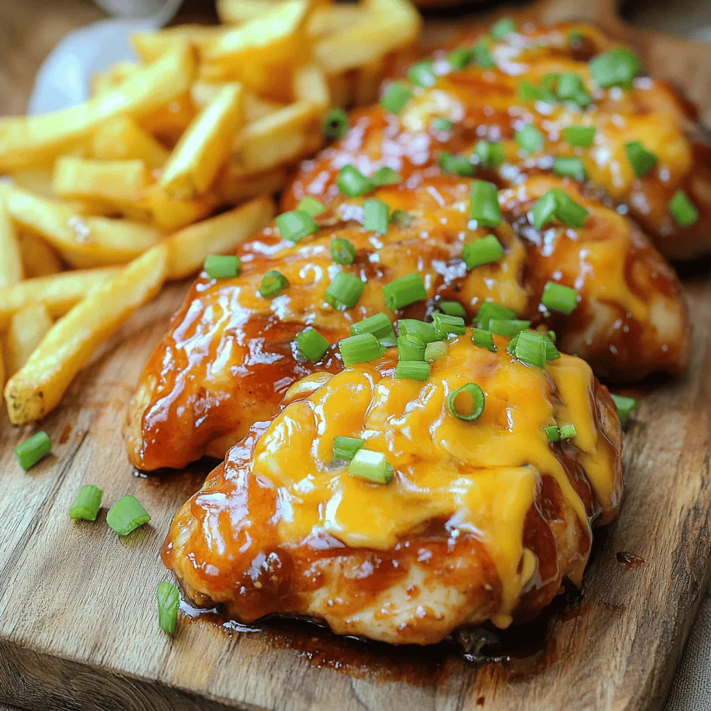 - 4 boneless, skinless chicken breasts - 1/2 cup honey - 1/2 cup barbecue sauce - 1 tablespoon soy sauce - 1 teaspoon garlic powder - 1 teaspoon onion powder - 1/2 teaspoon smoked paprika - Salt and black pepper to taste - 1/2 cup shredded cheddar cheese - 1/4 cup chopped green onions (for garnish) The main ingredients for Air Fryer Honey BBQ Explosion Chicken are simple yet effective. First, you need four boneless, skinless chicken breasts. They are the star of this dish. The honey and barbecue sauce add a sweet and tangy flavor that makes every bite special. You also need a few additional ingredients to boost the taste. Soy sauce adds depth, while garlic powder and onion powder give a savory kick. These flavors mix well with the chicken. For seasoning and garnish, smoked paprika brings a nice smoky note. Salt and black pepper enhance all the flavors. The shredded cheddar cheese melts over the chicken, making it rich and creamy. Finally, green onions add a pop of color and freshness. To follow this recipe, gather all the items listed above. You can find the full recipe in the section titled Full Recipe. Each ingredient plays an important role to create a delightful meal. To start, combine honey, barbecue sauce, soy sauce, garlic powder, onion powder, smoked paprika, and a pinch of salt and pepper in a medium bowl. Mix well until smooth. This blend gives the chicken its sweet and tangy flavor. Set aside about 1/4 cup of this marinade for later use. Now, take the chicken breasts and put them in a shallow dish or a zip-top bag. Pour the marinade over the chicken. Make sure every piece is coated well. Cover the dish or seal the bag. Refrigerate for at least 30 minutes, but for the best taste, marinate for up to 2 hours. This time helps the flavors soak in. Next, preheat your air fryer to 380°F (193°C) for about 5 minutes. This step is key for even cooking. Lightly spray the air fryer basket with cooking spray. Place the marinated chicken breasts in a single layer in the basket. Avoid overcrowding to ensure they cook well. Cook for 10 to 12 minutes, flipping the chicken halfway. Use a meat thermometer to check that the chicken reaches an internal temperature of 165°F (75°C). Once the chicken is cooked, carefully take the basket out of the air fryer. Drizzle the reserved barbecue sauce over each chicken piece. Then, sprinkle shredded cheddar cheese on top. Return the basket to the air fryer and cook for an additional 2 to 3 minutes. Watch the cheese melt and bubble, creating a delicious topping. To get the best texture, marinate the chicken for at least 30 minutes. For even better flavor, let it sit for up to 2 hours. A longer marinating time allows the spices to soak in. Next, always preheat your air fryer. Set it to 380°F (193°C) for about 5 minutes. This step helps cook the chicken evenly and keeps it juicy. For a unique twist, try making your own BBQ sauce. Mix honey, ketchup, and a splash of apple cider vinegar. You can also add spices like cayenne pepper for heat. A dash of smoked paprika gives a nice depth to the sauce. Experiment with flavors to find what you love! Serve your honey BBQ explosion chicken with crispy fries or a fresh salad. This adds crunch and balance to your meal. For a pretty plate, use a rustic wooden board. Place the chicken on parchment paper for a clean look. Don’t forget to sprinkle extra cheese and green onions on top! For the full recipe, check the detailed instructions above. {{image_4}} You can switch up the protein in this dish. Chicken thighs are a great choice. They stay juicy and have more flavor. If you want a plant-based option, try tofu. Just press it to remove excess water. Then, marinate it just like the chicken. This way, you get the same tasty honey BBQ flavor. Want to change the taste? You can make a spicy honey BBQ version. Add some hot sauce or cayenne pepper to the marinade. If you like citrus, try adding orange juice or zest for a refreshing twist. These changes keep the dish exciting and full of flavor. If you need gluten-free options, look for gluten-free barbecue sauce. You can also check the soy sauce for gluten-free brands. For seasoning, most spices are already gluten-free. This makes it easy to enjoy the meal without worrying about allergies. You can still savor every bite without missing out on flavor. For the full recipe, check out the details above. Store leftovers in an airtight container. This keeps the chicken fresh and tasty. It’s best to refrigerate within two hours of cooking. Your leftover chicken lasts about 3 to 4 days in the fridge. If you want to make it last longer, consider freezing it. Just make sure to wrap it well. Reheating is easy and keeps the chicken yummy. The air fryer works great for this. Set it to 350°F (175°C) and heat for about 5 to 7 minutes. This method makes the chicken crispy again. You can also use an oven. Preheat to 350°F (175°C) and bake for 10 to 15 minutes. Always check that the chicken reaches 165°F (75°C) before eating. Enjoy your Air Fryer Honey BBQ Explosion Chicken! For the complete process, check the Full Recipe. Yes, you can use frozen chicken. Just adjust your cooking time. Cook the chicken for about 15-20 minutes. Flip it halfway through. Check the thickest part for doneness. It should reach 165°F (75°C). Let it rest for a few minutes before serving. This helps keep it juicy. Use a meat thermometer. The safe internal temperature is 165°F (75°C). Insert the thermometer into the thickest part. If it reads that temperature, your chicken is ready. If not, cook it a bit longer. Always ensure it’s fully cooked before serving. You can bake or grill the chicken. For baking, preheat your oven to 375°F (190°C). Place the chicken on a baking sheet. Bake for 25-30 minutes, flipping halfway. For grilling, heat your grill to medium-high. Grill each side for about 6-8 minutes. Check the temperature to ensure safety. Yes, you can make it ahead. Marinate the chicken and grill or bake it later. However, it may lose some crispness. Store the cooked chicken in an airtight container. It stays fresh in the fridge for up to three days. Reheat it gently to keep it moist. There are many great sides for this chicken. Try crispy fries or a fresh salad. Roasted veggies also work well. You can serve with baked beans for a classic touch. Each side adds its own flavor and texture to the meal. Enjoy mixing and matching! For the full recipe, check out Air Fryer Honey BBQ Explosion Chicken. In this post, we explored a simple recipe for BBQ chicken in the air fryer. You learned about the key ingredients like honey, barbecue sauce, and spices. We discussed step-by-step marinating and cooking methods to ensure delicious results. I shared helpful tips for flavor and texture, as well as variations to suit your taste. Remember, great cooking is about fun and creativity. Enjoy making this dish and impressing your friends and family!
