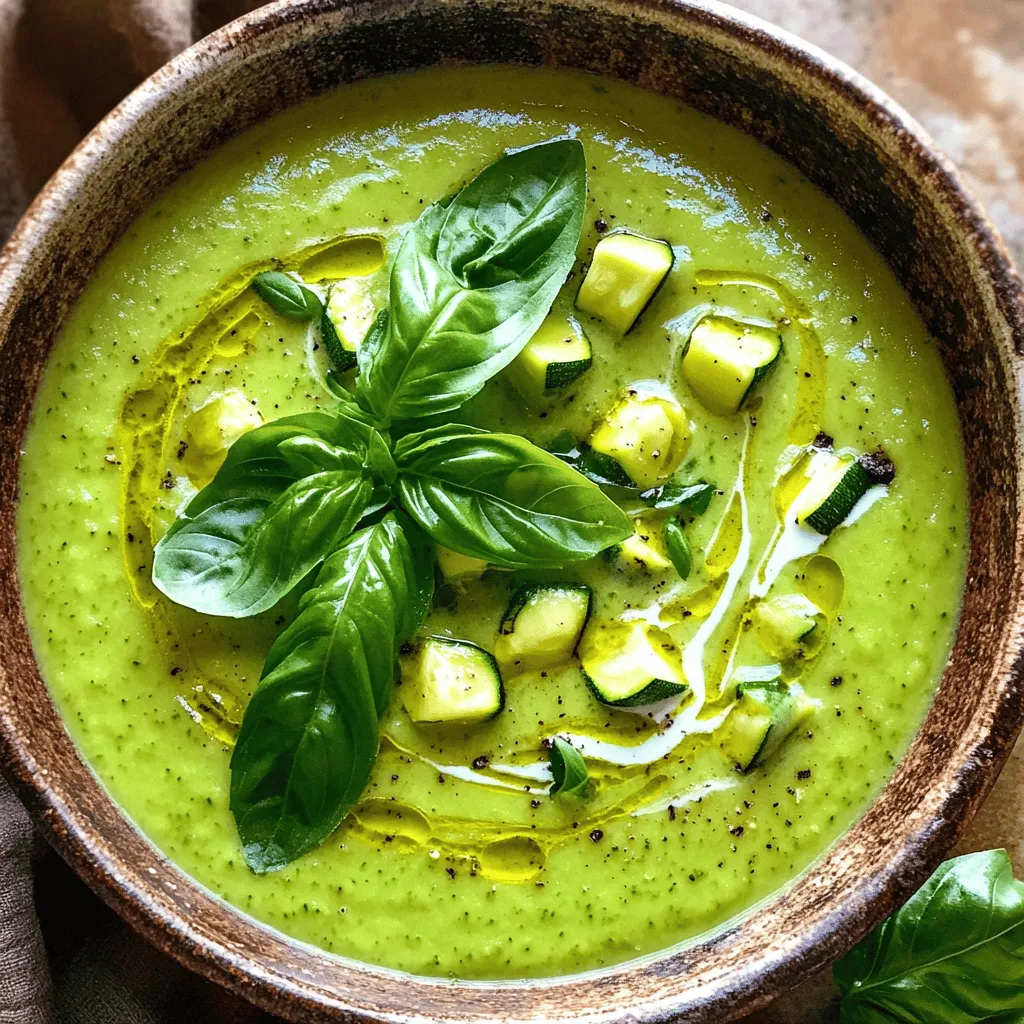 - 4 medium zucchinis, diced - 1 medium onion, finely chopped - 2 cloves garlic, minced - 2 cups vegetable broth - 1 cup coconut milk - 2 tablespoons extra virgin olive oil - 1 teaspoon dried thyme - Sea salt and black pepper - Fresh basil leaves for garnish Zucchini is low in calories and packed with vitamins. It helps keep your heart healthy. Using low-sodium broth is key. It cuts down on salt but keeps flavor. Coconut milk adds creaminess and healthy fats. This makes the soup rich and satisfying without dairy. Zucchini is high in water content, which makes it hydrating. It's also good for digestion. The broth provides minerals and flavor without the sodium. Coconut milk brings in healthy medium-chain fats, which can boost energy. The herbs add not just taste but also nutrients, enhancing the soup's benefits. These ingredients not only make a tasty soup but also support a balanced diet. For the full recipe, check out Creamy Zucchini Delight. Enjoy your cooking adventure! 1. Heating the olive oil and sautéing onions In a large pot, heat 2 tablespoons of extra virgin olive oil over medium heat. When the oil is hot, add 1 finely chopped onion. Sauté the onion for about 5 minutes. Stir it often. The onion should turn soft and translucent. 2. Cooking garlic until fragrant Next, add 2 minced garlic cloves to the pot. Cook for 1 more minute. Stir constantly to avoid burning. The garlic will become fragrant and add great flavor. 1. Sautéing zucchini and thyme Now, add 4 diced medium zucchinis and 1 teaspoon of dried thyme. Sauté everything for 5-7 minutes. Stir often. The zucchinis will soften and become tender. 2. Adding vegetable broth and bringing to a boil Carefully pour in 2 cups of low-sodium vegetable broth. Stir the mixture well. Increase the heat to bring it to a gentle boil. Once it boils, lower the heat to a simmer. Cook for 10-15 minutes until the zucchinis are fully tender. 1. Pureeing with an immersion blender Remove the pot from the heat. Use an immersion blender to puree the soup. Blend until it reaches a silky smooth texture. If you do not have an immersion blender, pour the soup in batches into a countertop blender. Blend until smooth, then return it to the pot. 2. Incorporating coconut milk and seasoning Stir in 1 cup of coconut milk. Season the soup with sea salt and freshly cracked black pepper to taste. Let the soup simmer on low heat for 5 more minutes. This allows all the flavors to meld beautifully. To boost the flavor, add spices like cumin or coriander. Fresh herbs, like parsley or dill, also work well. Seasoning is key. Always taste your soup as you go. Adjusting salt and pepper can make a big difference. For a silky smooth soup, blend until no lumps remain. If using a countertop blender, let the soup cool a bit. Always fill it halfway. This avoids spills and burns. Blend in batches if needed. This ensures the soup is creamy and delightful. Garnishing makes your soup stand out. Drizzle coconut milk on top for a nice touch. Add fresh basil leaves for color. Serve in bowls with crusty bread on the side. This creates a warm and inviting meal. Enjoy the beauty of your dish! {{image_4}} You can make zucchini soup even more exciting by swapping in different veggies. Try using yellow squash, butternut squash, or even carrots. Each will add its unique flavor and color. You can also toss in some spinach or kale for extra nutrition. Adding legumes is another great option. Chickpeas or white beans can boost the protein content. They will make your soup heartier and more filling. If you want a lighter soup, stick to the original recipe. If you want to make this soup vegan, simply use vegetable broth and coconut milk, which are already in the recipe. This soup is naturally gluten-free, so feel free to enjoy it without worry. For those watching carbs, you can skip the potatoes if you add them. Instead, use cauliflower for a low-carb option. It blends well and keeps the soup creamy. You can use a slow cooker to make this soup. Just toss all ingredients into the pot and set it on low for 6 hours. This method allows the flavors to deepen nicely. If you prefer quicker cooking, try an Instant Pot. Cook on high pressure for about 10 minutes. This will save you time and still give you a delicious soup. For the full recipe, follow the steps outlined earlier to guide your cooking adventure! To keep your zucchini soup fresh, store it in the fridge. Use a clean, airtight container. This helps maintain flavor and texture. I find glass containers work best. They do not stain and are easy to clean. Make sure to cool the soup before sealing it. This step prevents moisture build-up. Want to save some soup for later? Freezing is a great option. First, let the soup cool completely. Then, pour it into freezer-safe bags or containers. Leave some space for expansion as it freezes. When you’re ready to eat, thaw the soup in the fridge overnight. To reheat, warm it on the stove or in the microwave. Stir well to ensure even heating. Homemade zucchini soup lasts about 3 to 5 days in the fridge. After that, it may spoil. Always check for signs of spoilage. Look for strange smells or changes in color. If the soup has any mold, toss it out. Your health is worth more than a few bites of soup! What can I add to enhance the flavor of my soup? You can add a squeeze of lemon juice. This brightens the soup. Fresh herbs like dill or parsley also boost flavor. A pinch of red pepper flakes adds a nice kick. You might try adding some grated cheese for richness too. Can I use frozen zucchinis in this recipe? Yes, frozen zucchinis work well. They save time and reduce waste. Just thaw them first and drain any excess water. They may not have the same texture as fresh, but the taste will still shine. Is this recipe suitable for a keto diet? Yes, this zucchini soup fits a keto diet. Zucchini is low in carbs. Coconut milk adds healthy fats too. Use a low-sodium vegetable broth to keep it light and tasty. How can I make zucchini soup lower in calories? To lower calories, cut back on coconut milk. You can replace it with vegetable broth. Using less olive oil also helps. Focus on fresh herbs to add flavor without extra calories. What pairs well with zucchini soup? This soup pairs well with crusty bread. A fresh salad is also a great side. Try serving it with a dollop of sour cream or yogurt for creaminess. Can I make this soup ahead of time for meal prep? Absolutely! This soup keeps well. Make it a day in advance to let flavors meld. Store it in the fridge for up to three days. You can also freeze it for up to three months. Just thaw and reheat before serving. Zucchini soup is simple and healthy. We explored its main ingredients, like zucchini, garlic, and coconut milk. I shared easy steps to make it and tips for great flavor. You can adjust the recipe for a vegan or gluten-free dish. Storing leftovers and freezing options ensure nothing goes to waste. Make this soup your own with fun swaps and spices. Enjoy experimenting and nourishing your body with each bowlful. Trust me, once you try it, you’ll love it!