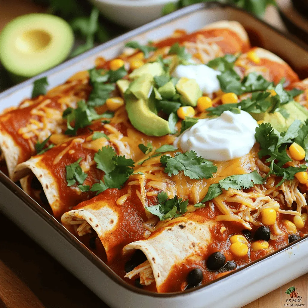 - 2 cups cooked, shredded chicken breast - 1 cup black beans, rinsed and drained - 1 cup Greek yogurt Chicken is the star of these enchiladas. I recommend using cooked, shredded chicken breast for a lean protein boost. It keeps the dish flavorful and tender. Black beans add extra protein and fiber. They also bring a nice texture. Greek yogurt gives the enchiladas creaminess and a healthy twist. It replaces sour cream and keeps the dish light. - 1 cup corn (fresh or frozen) - 6 whole wheat tortillas - 1 cup enchilada sauce Corn adds a pop of sweetness. You can use fresh corn or frozen; both work well. Whole wheat tortillas are a healthier choice. They hold the filling without falling apart. Enchilada sauce is key for flavor. You can buy it or make your own. Just choose a low-sodium version if you can. - 1 teaspoon ground cumin - 1 teaspoon chili powder - Salt and pepper to taste Ground cumin has a warm, earthy flavor. It pairs well with chicken and beans. Chili powder adds a touch of heat. Adjust it to your taste. Salt and pepper enhance all the flavors. Just sprinkle them in until it tastes right. For the full recipe, check the earlier section. This dish is easy, tasty, and packed with protein. Enjoy your cooking! - Preheat oven to 375°F (190°C). - Prepare shredded chicken and rinse black beans. Start by preheating your oven. This step is key for getting your enchiladas crispy and tasty. While the oven heats up, grab your cooked chicken. You can use leftovers or cook it fresh. Shred the chicken with two forks for a perfect texture. Next, rinse your black beans under cold water. This helps remove extra salt and makes them fresh. - Combine chicken, beans, corn, and spices. In a large bowl, combine the shredded chicken, black beans, and corn. Corn adds sweetness and texture. Sprinkle in the ground cumin, chili powder, salt, and pepper. Mix everything well. Make sure the spices coat the chicken and beans evenly. This mix is the heart of your enchiladas. - Spread the filling in tortillas. - Roll and place in baking dish. Take a whole wheat tortilla and lay it flat on the counter. Spoon a good amount of the filling in the center. Roll the tortilla tightly, tucking in the sides. Place it seam-side down in a greased baking dish. Repeat this for all tortillas. You will have a dish full of delicious rolls! - Pour sauce and top with cheese. - Bake for 20-25 minutes. Once your enchiladas are in the baking dish, pour the enchilada sauce on top. Make sure to cover them well. Next, sprinkle shredded cheese over the sauce. This will melt into a gooey layer. Now, place the dish in the preheated oven. Bake for 20-25 minutes until the cheese is bubbly and golden. Enjoy your high protein chicken enchiladas! For those who want more details, check the Full Recipe. To ensure your tortillas roll easily, warm them first. Heat them in a pan for a few seconds or microwave them for about 10 seconds. This softens them, making rolling a breeze. For your sauce, mix half of the Greek yogurt with half of the enchilada sauce. This gives a creamy base. It enhances the flavor of your enchiladas. Make sure to stir well to combine both ingredients smoothly. Garnish your enchiladas with fresh cilantro. This adds a pop of color and flavor. You can also add sliced avocado on the side. It brings a creamy texture that pairs well with the enchiladas. Serve your dish on a large platter. This makes it look inviting. Add lime wedges for extra zest. It brightens up the flavors and makes the meal feel special. To boost protein, consider adding cooked quinoa or more shredded chicken. You can also use black beans or Greek yogurt. These ingredients keep your meal healthy and filling. For low-carb or gluten-free options, swap whole wheat tortillas for corn tortillas. They work well and provide a great taste. You can also skip the tortillas and make a bowl with the filling. This keeps the meal light while still being delicious. {{image_4}} You can easily switch chicken for turkey or quinoa. Turkey offers a similar taste but with less fat. Quinoa is a great option for a plant-based meal. It is high in protein and adds a nutty flavor. Whether you choose meat or grains, you can enjoy a tasty dish. Adding veggies boosts flavor and nutrition. You can mix in bell peppers, spinach, or zucchini. These add color and crunch to your enchiladas. Balance flavors by using mild and strong veggies together. For example, pair sweet corn with spicy jalapeños. This makes every bite exciting and fresh. Exploring different enchilada sauces can change the whole dish. You might try verde sauce for a tangy twist. Or, use a smoky chipotle sauce for heat. Cheese is another way to get creative. You can use cheddar, Monterey Jack, or even pepper jack for a spicy kick. Mixing different cheeses gives depth to your enchiladas. Check out the Full Recipe for more ideas! To keep your chicken enchiladas fresh, store them in the fridge. Place leftovers in airtight containers. This helps keep moisture in and flavors intact. Ideally, eat them within three to four days. If you want to keep them longer, freezing is a great option. You can reheat enchiladas in two ways: the oven or the microwave. For the best results, use the oven. Preheat it to 350°F (175°C). Cover the enchiladas with foil to keep them moist. Bake for about 15-20 minutes until heated through. If using the microwave, place enchiladas on a plate and cover with a damp paper towel. Heat in short bursts, checking often to avoid drying them out. To freeze chicken enchiladas properly, let them cool completely first. Then, wrap each one in plastic wrap. Place wrapped enchiladas in a freezer-safe container or bag. This helps prevent freezer burn. For best quality, use them within three months. To thaw, move them to the fridge overnight. Reheat as mentioned above. Enjoy your meal whenever you want! For the complete recipe, check the [Full Recipe]. Each serving of these enchiladas packs about 30 grams of protein. The main sources are shredded chicken, black beans, and Greek yogurt. Chicken breast offers around 26 grams of protein per cup. Black beans add about 15 grams per cup, while Greek yogurt adds another 10 grams. Together, they make a well-rounded protein meal. Yes, you can prepare these enchiladas in advance. Assemble them and store them in the fridge for up to 24 hours. Cover the dish tightly with plastic wrap or foil. When ready to cook, just remove the cover and bake them straight from the fridge. This saves time on busy days. Some great side dishes include: - Spanish rice - Refried beans - A fresh green salad - Corn on the cob - Chips and salsa These sides add flavor and texture to your meal, making it a full feast. Yes, store-bought enchilada sauce is a great option. Look for low-sodium varieties to keep the dish healthier. You can also try different flavors, like green or red sauces. Just pour it over your enchiladas as you would with homemade sauce. It saves time and still tastes great! For the full recipe, check out the details above. These chicken enchiladas are easy to make and tasty. We covered key ingredients like chicken, black beans, and spices. You learned how to prep, mix, and bake them perfectly. You also found tips for adding more flavor and nutrition. With variations and storage advice, you can enjoy these enchiladas anytime. Try different proteins and sauces to keep it fun. Now, it's time to gather your ingredients and make a delicious meal that you’ll love. Enjoy your cooking adventure!