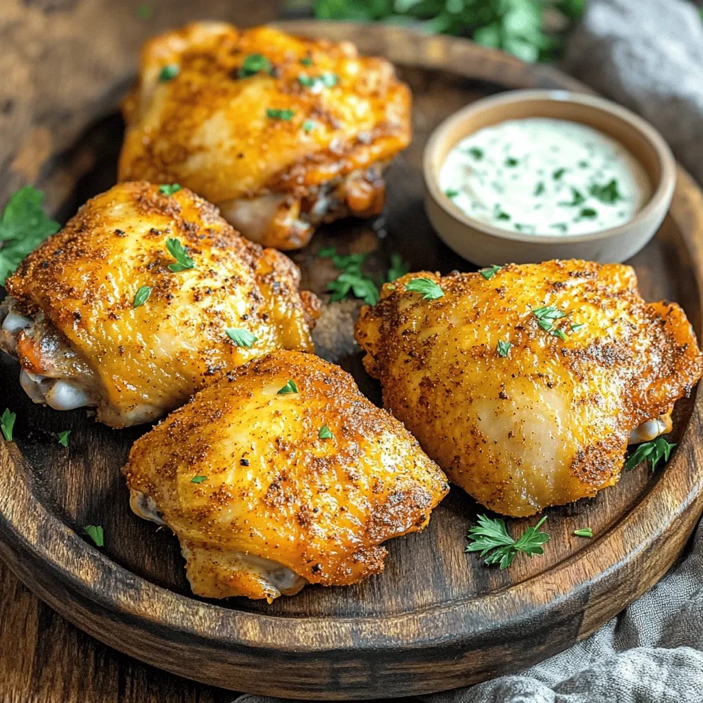 To make crispy air fryer chicken, gather the following ingredients: - 4 chicken thighs, bone-in, skin-on - 1 cup buttermilk - 1 teaspoon paprika - 1 teaspoon garlic powder - 1 teaspoon onion powder - 1 teaspoon salt - ½ teaspoon black pepper - 1 cup all-purpose flour - ½ cup panko breadcrumbs - 1 tablespoon dried herbs (such as oregano or thyme) - Cooking spray You will need a few tools to make this recipe easier: - A large mixing bowl for marinating - Two shallow bowls for breading - An air fryer for cooking - Tongs for handling the chicken - A meat thermometer to check doneness When picking chicken thighs, look for these tips: - Choose thighs that are plump and moist. - Check for skin that is smooth and not torn. - Opt for bone-in and skin-on thighs for extra flavor. - If possible, buy organic or free-range chicken for better taste. Using high-quality chicken will make a big difference in your dish. The juicy meat pairs perfectly with the crispy coating. You can find the full recipe for a detailed cooking guide. Start by making the marinade. In a large bowl, mix buttermilk with paprika, garlic powder, onion powder, salt, and black pepper. Stir until smooth. Submerge the chicken thighs in this mix. Make sure they are fully coated. Cover the bowl and chill it in the fridge. Let it marinate for at least 1 hour, or overnight if you can. This step helps the chicken absorb all the tasty flavors. Next, set up your breading station. Grab two bowls. In the first bowl, add the all-purpose flour. In the second bowl, mix panko breadcrumbs with dried herbs. Stir them well to ensure they blend nicely. This station makes coating easy and fun. Now, take the marinated chicken out of the fridge. Let any extra buttermilk drip off. First, dredge each thigh in the flour. Shake off any excess flour. Next, dip the chicken back into the buttermilk for moisture. Now roll it in the panko mixture. Press lightly so the crumbs stick well. Preheat your air fryer to 380°F (193°C) for about 5 minutes. Lightly spray the air fryer basket with cooking spray. Arrange the coated chicken thighs in a single layer. Make sure there is enough space between each piece. This helps them cook evenly. Give the tops a light spray too. It helps achieve that golden-brown color. Cook the chicken for 25-30 minutes. Flip the thighs halfway through for even crispiness. To check if they are done, the internal temperature should reach 165°F (74°C). The skin should look golden and crunchy. Once cooked, remove the chicken and let it rest for 5 minutes. This resting time allows the juices to settle back in, making each bite juicy and flavorful. To get that perfect crispy skin, follow these steps: - Pat the chicken dry: Use paper towels to remove excess moisture. - Double coat: After the first layer of flour, dip the chicken back into buttermilk. This adds moisture and helps the panko stick better. - Use panko: Panko breadcrumbs create a lighter, crispier texture than regular breadcrumbs. - Air fry at the right temperature: Set your air fryer to 380°F (193°C). This is key for crispiness. - Spray with oil: A light spray of cooking oil on the chicken helps it crisp up while cooking. Avoid these common errors for the best results: - Skipping the marinating step: Marinating makes the chicken juicy and flavorful. - Crowding the basket: Give each piece space for air to flow. This helps them cook evenly. - Not flipping the chicken: Flip halfway to ensure both sides get that crispy finish. - Ignoring the internal temperature: Always check that the chicken reaches 165°F (74°C) for safety. You can enhance the flavor with these tips: - Add spices: Mix in herbs like thyme or rosemary into the breading for extra flavor. - Use flavored buttermilk: Add hot sauce or lemon juice to the buttermilk for a zesty kick. - Try different coatings: Experiment with crushed cornflakes or nuts for a unique crunch. - Serve with dips: Pair your chicken with sauces like honey mustard or spicy mayo for added taste. For the full recipe, check out the Crispy Air Fryer Chicken Delight. {{image_4}} You can spice things up by adding heat. Mix cayenne pepper or chili powder into your marinade. I suggest starting with a half teaspoon and adjusting to your taste. This gives the chicken a nice kick without overpowering the dish. For a fresh twist, add herbs to your breading. Mix in dried herbs like oregano, thyme, or rosemary with the panko breadcrumbs. You can use about one tablespoon of herbs for great flavor. Fresh herbs can also work well; just chop them finely. If you need a gluten-free option, swap the all-purpose flour with almond flour or a gluten-free blend. For the breadcrumbs, try crushed gluten-free cornflakes or ground almonds. These will give you that crispy texture without the gluten. Use the same amounts as in the original recipe for best results. For the complete method, check the Full Recipe. To store leftover chicken, first let it cool. Place the chicken in an airtight container. This keeps it fresh. You can keep it in the fridge for up to 4 days. Make sure to place a paper towel at the bottom to absorb moisture. This helps keep the skin crisp. When you reheat your chicken, the goal is to keep it crispy. Preheat your air fryer to 375°F (190°C). Place the chicken in the basket, leaving space around each piece. Heat for 5-7 minutes. Check if it is warm throughout. This method revives the crunchiness and keeps the chicken juicy. If you want to freeze, ensure the chicken is fully cooled first. Wrap each piece in plastic wrap, then place them in a freezer bag. Remove as much air as possible before sealing. This helps prevent freezer burn. You can freeze the chicken for up to 3 months. To use, defrost in the fridge overnight before reheating. For the full recipe, refer back to the Crispy Air Fryer Chicken Delight. Cook chicken thighs in an air fryer for 25 to 30 minutes. Flip them halfway through to ensure even cooking. Always check that the internal temperature reaches 165°F (74°C) for safety. This will give you juicy and crispy chicken every time. Yes, you can use boneless chicken for this recipe. However, keep in mind that boneless thighs may cook faster. Check for doneness around 20 to 25 minutes. Adjust the cooking time based on the thickness of the chicken pieces. Crispy air fryer chicken pairs well with many sides. I recommend serving it with: - Mashed potatoes - Coleslaw - Steamed veggies - Corn on the cob - A fresh salad These sides balance the flavors and add color to your plate. To keep your chicken tender and juicy, marinate it in buttermilk. This helps to break down proteins. Also, do not overcook the chicken. Use a meat thermometer to check the internal temperature early. You can easily adjust the seasoning to fit your taste. Try adding: - More spice, like cayenne pepper for heat - Fresh herbs, like rosemary or basil, for freshness - Different spices, like cumin or curry powder, for unique flavors Feel free to experiment with the marinade for your own twist. For the full recipe, refer to the Crispy Air Fryer Chicken Delight. You learned how to make crispy air fryer chicken thighs from scratch. I covered key ingredients, tools, and tips for choosing the best chicken. You got step-by-step instructions for marinating, breading, and cooking. I shared tips for extra crispiness and some tasty variations. Remember to store leftovers properly to keep them fresh. With these insights, you can impress your family with delicious chicken every time. Enjoy experimenting with flavors and techniques to make this dish your own!