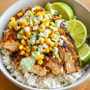 The Mexican Street Corn Chicken Rice Bowl is a tasty dish. It combines rice, chicken, corn, and creamy sauce. This bowl is full of flavor and easy to make. You can find the full recipe above. - 1 cup jasmine rice - 2 cups chicken broth - 1 pound boneless, skinless chicken thighs - 1 teaspoon chili powder - 1 teaspoon cumin - 1 teaspoon garlic powder - 1 tablespoon olive oil - 1 cup corn kernels (fresh or frozen) - ½ cup mayonnaise - ½ cup crumbled queso fresco - 2 tablespoons fresh lime juice - 1 tablespoon chopped fresh cilantro - Salt and pepper, to taste - Cotija cheese and extra lime wedges for serving - Fresh cilantro - Sliced jalapeños - Avocado slices - Extra lime wedges Start by rinsing 1 cup of jasmine rice. This removes extra starch. Then, in a medium pot, combine the rice with 2 cups of chicken broth. Bring this mixture to a boil over high heat. Once it boils, lower the heat to low and cover the pot. Let it simmer for 15 minutes. After that, take it off the heat and let it sit, covered, for another 5 minutes. This will make the rice fluffy. While the rice cooks, take 1 pound of boneless, skinless chicken thighs. Season them with 1 teaspoon of chili powder, 1 teaspoon of cumin, 1 teaspoon of garlic powder, salt, and pepper. Heat 1 tablespoon of olive oil in a large pan over medium-high heat. Add the seasoned chicken to the pan. Cook for about 6-7 minutes on each side until golden brown. Once cooked, remove the chicken and let it rest before cutting it into pieces. Use the same pan for the corn. Add 1 cup of corn kernels to the pan. Sauté them for 3-4 minutes until they are slightly charred. This brings out a sweet flavor. Add a pinch of salt to enhance the taste. In a small bowl, mix together ½ cup of mayonnaise, 2 tablespoons of fresh lime juice, and 1 tablespoon of chopped fresh cilantro. This creamy sauce adds a nice tang and balances the flavors. To build your bowl, start with a base of the cooked jasmine rice. Layer the sliced chicken on top, then add the sautéed corn. Drizzle the cilantro-lime sauce over everything. Finally, sprinkle ½ cup of crumbled queso fresco on top. For extra flavor, add Cotija cheese and serve with lime wedges on the side. Enjoy your Mexican street corn chicken rice bowl! For juicy chicken, I recommend using boneless, skinless thighs. They stay moist and tender. You can grill, pan-sear, or bake them. If you pan-sear, heat olive oil until hot. Cook the chicken for about 6 to 7 minutes on each side. Don’t rush this step! The golden color adds flavor. Let the chicken rest before cutting. This keeps the juices inside. Use jasmine rice for its fluffy texture. Start by rinsing the rice to remove excess starch. This helps prevent stickiness. Combine 1 cup of rice with 2 cups of chicken broth in a pot. Bring to a boil, then reduce heat. Cover and let it simmer for 15 minutes. After cooking, let it sit for 5 more minutes. This resting time makes the rice even better. To boost taste, season the chicken well. Use chili powder, cumin, and garlic powder. These spices add warmth and depth. Sauté corn in the same pan after the chicken. It picks up all those tasty bits left behind. For the sauce, mix mayonnaise, lime juice, and cilantro. This creamy sauce ties all the flavors together. Feel free to add more lime juice for extra zest! {{image_4}} You can easily make a vegetarian version. Replace chicken with grilled portobello mushrooms. Use vegetable broth instead of chicken broth. You can add black beans for protein. This swap keeps the dish hearty and filling. If you like heat, add jalapeños. Chop fresh jalapeños and mix them into the corn while sautéing. You can also sprinkle sliced jalapeños on top. This adds a nice kick to the dish. Feel free to switch out the rice. Quinoa or brown rice work well too. For proteins, consider shrimp or tofu. Both options complement the flavors nicely. Each variation lets you explore new tastes. Store your Mexican Street Corn Chicken Rice Bowl in an airtight container. Keep it in the fridge. It will stay fresh for up to four days. Make sure to let it cool down before sealing. This helps prevent moisture buildup. If you have sauce left, store it separately. This keeps everything from getting soggy. To reheat, place your bowl in the microwave. Heat it for one to two minutes. Stir halfway through to heat evenly. If you prefer, you can also use a skillet. Heat it on low for about five minutes. Add a splash of water to prevent dryness. Ensure the chicken is hot throughout before serving. You can freeze the rice bowl for up to three months. Pack it in a freezer-safe container. Do not freeze the sauce as it may change texture. When ready to eat, thaw it overnight in the fridge. Reheat thoroughly before enjoying. This way, you can savor the flavors any time you want! Yes, you can use brown rice. Brown rice has a heartier flavor and is healthier. It takes longer to cook. You need 2 ½ cups of water for 1 cup of brown rice. Cook it for about 40-45 minutes. Adjust the time and liquid based on your rice type. If you don’t have queso fresco, try feta cheese or ricotta. They both add a nice creaminess. You can also use goat cheese for a tangy twist. These options work well in the dish. To make this dish gluten-free, use gluten-free chicken broth. Check the labels on all ingredients. Most spices and sauces are gluten-free, but it’s good to verify. This way, everyone can enjoy this tasty meal. This dish lasts about 3-4 days in the fridge. Store it in an airtight container. When you’re ready to eat, just reheat it. The flavors will blend even more, making it even tastier. This blog post covered everything you need to make a great dish. We discussed the key ingredients, cooking steps, and storage tips. You can try fun variations, like a vegetarian or spicy version. Remember to store leftovers properly and reheat them right for the best taste. Use this guide to create a delicious meal, fit for any table. Enjoy making and sharing this dish with others!