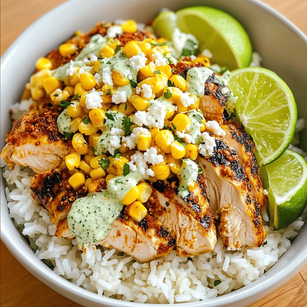 The Mexican Street Corn Chicken Rice Bowl is a tasty dish. It combines rice, chicken, corn, and creamy sauce. This bowl is full of flavor and easy to make. You can find the full recipe above. - 1 cup jasmine rice - 2 cups chicken broth - 1 pound boneless, skinless chicken thighs - 1 teaspoon chili powder - 1 teaspoon cumin - 1 teaspoon garlic powder - 1 tablespoon olive oil - 1 cup corn kernels (fresh or frozen) - ½ cup mayonnaise - ½ cup crumbled queso fresco - 2 tablespoons fresh lime juice - 1 tablespoon chopped fresh cilantro - Salt and pepper, to taste - Cotija cheese and extra lime wedges for serving - Fresh cilantro - Sliced jalapeños - Avocado slices - Extra lime wedges Start by rinsing 1 cup of jasmine rice. This removes extra starch. Then, in a medium pot, combine the rice with 2 cups of chicken broth. Bring this mixture to a boil over high heat. Once it boils, lower the heat to low and cover the pot. Let it simmer for 15 minutes. After that, take it off the heat and let it sit, covered, for another 5 minutes. This will make the rice fluffy. While the rice cooks, take 1 pound of boneless, skinless chicken thighs. Season them with 1 teaspoon of chili powder, 1 teaspoon of cumin, 1 teaspoon of garlic powder, salt, and pepper. Heat 1 tablespoon of olive oil in a large pan over medium-high heat. Add the seasoned chicken to the pan. Cook for about 6-7 minutes on each side until golden brown. Once cooked, remove the chicken and let it rest before cutting it into pieces. Use the same pan for the corn. Add 1 cup of corn kernels to the pan. Sauté them for 3-4 minutes until they are slightly charred. This brings out a sweet flavor. Add a pinch of salt to enhance the taste. In a small bowl, mix together ½ cup of mayonnaise, 2 tablespoons of fresh lime juice, and 1 tablespoon of chopped fresh cilantro. This creamy sauce adds a nice tang and balances the flavors. To build your bowl, start with a base of the cooked jasmine rice. Layer the sliced chicken on top, then add the sautéed corn. Drizzle the cilantro-lime sauce over everything. Finally, sprinkle ½ cup of crumbled queso fresco on top. For extra flavor, add Cotija cheese and serve with lime wedges on the side. Enjoy your Mexican street corn chicken rice bowl! For juicy chicken, I recommend using boneless, skinless thighs. They stay moist and tender. You can grill, pan-sear, or bake them. If you pan-sear, heat olive oil until hot. Cook the chicken for about 6 to 7 minutes on each side. Don’t rush this step! The golden color adds flavor. Let the chicken rest before cutting. This keeps the juices inside. Use jasmine rice for its fluffy texture. Start by rinsing the rice to remove excess starch. This helps prevent stickiness. Combine 1 cup of rice with 2 cups of chicken broth in a pot. Bring to a boil, then reduce heat. Cover and let it simmer for 15 minutes. After cooking, let it sit for 5 more minutes. This resting time makes the rice even better. To boost taste, season the chicken well. Use chili powder, cumin, and garlic powder. These spices add warmth and depth. Sauté corn in the same pan after the chicken. It picks up all those tasty bits left behind. For the sauce, mix mayonnaise, lime juice, and cilantro. This creamy sauce ties all the flavors together. Feel free to add more lime juice for extra zest! {{image_4}} You can easily make a vegetarian version. Replace chicken with grilled portobello mushrooms. Use vegetable broth instead of chicken broth. You can add black beans for protein. This swap keeps the dish hearty and filling. If you like heat, add jalapeños. Chop fresh jalapeños and mix them into the corn while sautéing. You can also sprinkle sliced jalapeños on top. This adds a nice kick to the dish. Feel free to switch out the rice. Quinoa or brown rice work well too. For proteins, consider shrimp or tofu. Both options complement the flavors nicely. Each variation lets you explore new tastes. Store your Mexican Street Corn Chicken Rice Bowl in an airtight container. Keep it in the fridge. It will stay fresh for up to four days. Make sure to let it cool down before sealing. This helps prevent moisture buildup. If you have sauce left, store it separately. This keeps everything from getting soggy. To reheat, place your bowl in the microwave. Heat it for one to two minutes. Stir halfway through to heat evenly. If you prefer, you can also use a skillet. Heat it on low for about five minutes. Add a splash of water to prevent dryness. Ensure the chicken is hot throughout before serving. You can freeze the rice bowl for up to three months. Pack it in a freezer-safe container. Do not freeze the sauce as it may change texture. When ready to eat, thaw it overnight in the fridge. Reheat thoroughly before enjoying. This way, you can savor the flavors any time you want! Yes, you can use brown rice. Brown rice has a heartier flavor and is healthier. It takes longer to cook. You need 2 ½ cups of water for 1 cup of brown rice. Cook it for about 40-45 minutes. Adjust the time and liquid based on your rice type. If you don’t have queso fresco, try feta cheese or ricotta. They both add a nice creaminess. You can also use goat cheese for a tangy twist. These options work well in the dish. To make this dish gluten-free, use gluten-free chicken broth. Check the labels on all ingredients. Most spices and sauces are gluten-free, but it’s good to verify. This way, everyone can enjoy this tasty meal. This dish lasts about 3-4 days in the fridge. Store it in an airtight container. When you’re ready to eat, just reheat it. The flavors will blend even more, making it even tastier. This blog post covered everything you need to make a great dish. We discussed the key ingredients, cooking steps, and storage tips. You can try fun variations, like a vegetarian or spicy version. Remember to store leftovers properly and reheat them right for the best taste. Use this guide to create a delicious meal, fit for any table. Enjoy making and sharing this dish with others!