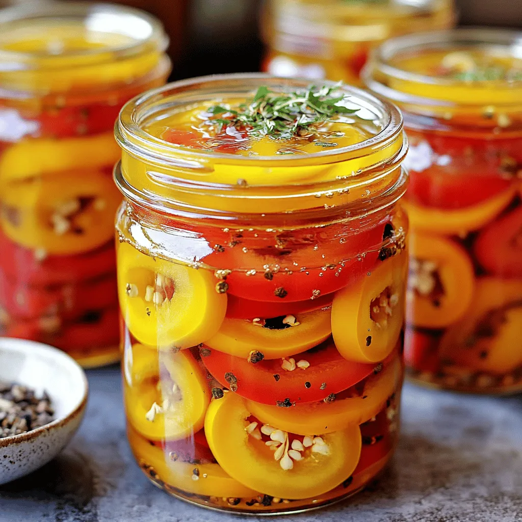 To make sweet and spicy pickled peppers, you need a few main ingredients: - 2 cups assorted mini sweet peppers (red, yellow, orange), sliced into rings - 1 cup apple cider vinegar - 1/4 cup honey - 1 tablespoon granulated sugar These mini sweet peppers are the star of the show. They add a nice crunch and bright color. The apple cider vinegar gives a tangy kick, while the honey and sugar balance the heat and tang with sweetness. To enhance the flavor, add these extra ingredients: - 2 garlic cloves, smashed - 1 teaspoon red pepper flakes (adjust for desired heat) - 1 tablespoon coarse sea salt Garlic adds depth and aroma. Red pepper flakes bring the heat; you can adjust this based on your taste. The coarse sea salt helps with the brining process and boosts flavor. For the full recipe to create these delightful pickled peppers, check out the [Full Recipe]. First, you need to sterilize your jars. This step is key for safety. Place clean jars in a large pot of boiling water. Let them boil for 10 minutes. After that, take them out and let them air dry completely. Next, prepare the brine mixture. In a medium saucepan, mix these ingredients: - 1 cup apple cider vinegar - 1/2 cup filtered water - 1/4 cup honey - 1 tablespoon granulated sugar - 1 tablespoon coarse sea salt - 2 garlic cloves, smashed - 1 teaspoon red pepper flakes - 1 teaspoon mustard seeds - 1/2 teaspoon coriander seeds Now, place the saucepan over medium heat. Bring the mixture to a gentle simmer. Stir occasionally. This helps the honey and sugar dissolve well into the brine. Once it simmers, remove the saucepan from heat. Let the brine cool for about 10 minutes. While the brine cools, pack the sliced mini sweet peppers into the sterilized jars. Make sure they fit snugly. Leave about a half-inch of space at the top of each jar. After the brine has cooled slightly, pour it over the packed peppers. Ensure the peppers are fully submerged. If needed, use a spoon to push them down gently. Wipe the rims of the jars with a clean cloth. This step ensures a good seal. Seal the jars tightly with their lids. Place them on a cooling rack or clean surface. Let them cool to room temperature. Once they are cool, store the jars in the refrigerator. Wait at least 24 hours before tasting. This waiting time helps the flavors mix well. For the full recipe, check the details above. To make your sweet and spicy pickled peppers shine, you can adjust the spice levels. Start with 1 teaspoon of red pepper flakes, then taste the brine. If you want more heat, add more flakes gradually. This lets you control the spice to match your taste. Fresh herbs also add flavor when serving. Try topping your peppers with chopped cilantro or parsley. The herbs bring freshness and color, making your dish look and taste better. One common mistake is not sterilizing jars properly. If jars aren't clean, bacteria can spoil your peppers. Always boil your jars for 10 minutes before using them. Make sure they air dry completely. Another mistake is overfilling jars with peppers. Leave about half an inch of headspace at the top. This space lets the brine cover the peppers fully and helps with sealing. If jars are too full, lids may not seal tightly, leading to spoilage. {{image_4}} You can change the heat of your sweet and spicy pickled peppers by choosing different types of peppers. For a mild flavor, use mini sweet peppers. They add crunch without much spice. If you want a kick, try jalapeños or serranos. They bring heat while still pairing well with the sweet brine. Adding different spices can also shift the heat level. For example, you can include extra red pepper flakes for more spice. You might even try adding a dash of cayenne pepper. Adjust these spices based on your taste. Just remember, it’s easier to add heat than to take it away! The sweetness of your pickled peppers can also be adjusted. You can use different sweeteners if you prefer. Maple syrup or agave nectar can replace honey. Each sweetener gives a unique taste. Play around until you find what you love. You can also change the amount of honey and sugar in the recipe. If you like it sweeter, add more honey. If you want less sweetness, cut back on the sugar. Remember, the balance of sweet and spicy makes these peppers shine. The goal is to create a flavor that makes your taste buds dance! For the full recipe, check out the Sweet and Spicy Pickled Peppers section. To keep pickled peppers fresh, you need to store them right. After sealing the jars, place them in the refrigerator. The cold temperature slows spoilage and helps flavors develop. Make sure the jars are tightly sealed. This keeps air out and prevents any unwanted growth. You should enjoy your pickled peppers within 2 to 3 months. They taste best when consumed within the first month. After that, check for signs of spoilage. If you see any mold or off smells, toss them out. Freshness is key to enjoying these sweet and spicy treats. For more details on making this dish, check out the Full Recipe. Pickled peppers last about 1 to 3 months in the fridge. The vinegar helps preserve them. After opening, they stay fresh longer when kept sealed. Always check for any signs of spoilage. If they smell bad or look off, it's best to toss them. Yes, you can use other types of peppers. Jalapeños, banana peppers, or even poblano peppers work great. Each pepper adds its own flavor and heat. Choose mild peppers for a sweet taste or hot ones for a kick. Mixing different peppers can create fun flavor combos. The spice level depends on the red pepper flakes you choose. If you want more heat, add extra flakes. For a milder version, reduce the amount. The mini sweet peppers give a nice sweet base, balancing the spice. You control the heat in your jar. Making sweet and spicy pickled peppers is simple and fun. You learned about the main ingredients, like mini sweet peppers and apple cider vinegar. We covered how to prepare and sterilize your jars for safety. You can also tweak flavors, adjust spice levels, and avoid common mistakes. Remember to store your pickled peppers properly to enjoy them longer. Pickled peppers add great taste to meals. Give it a try, and enjoy your homemade treat!