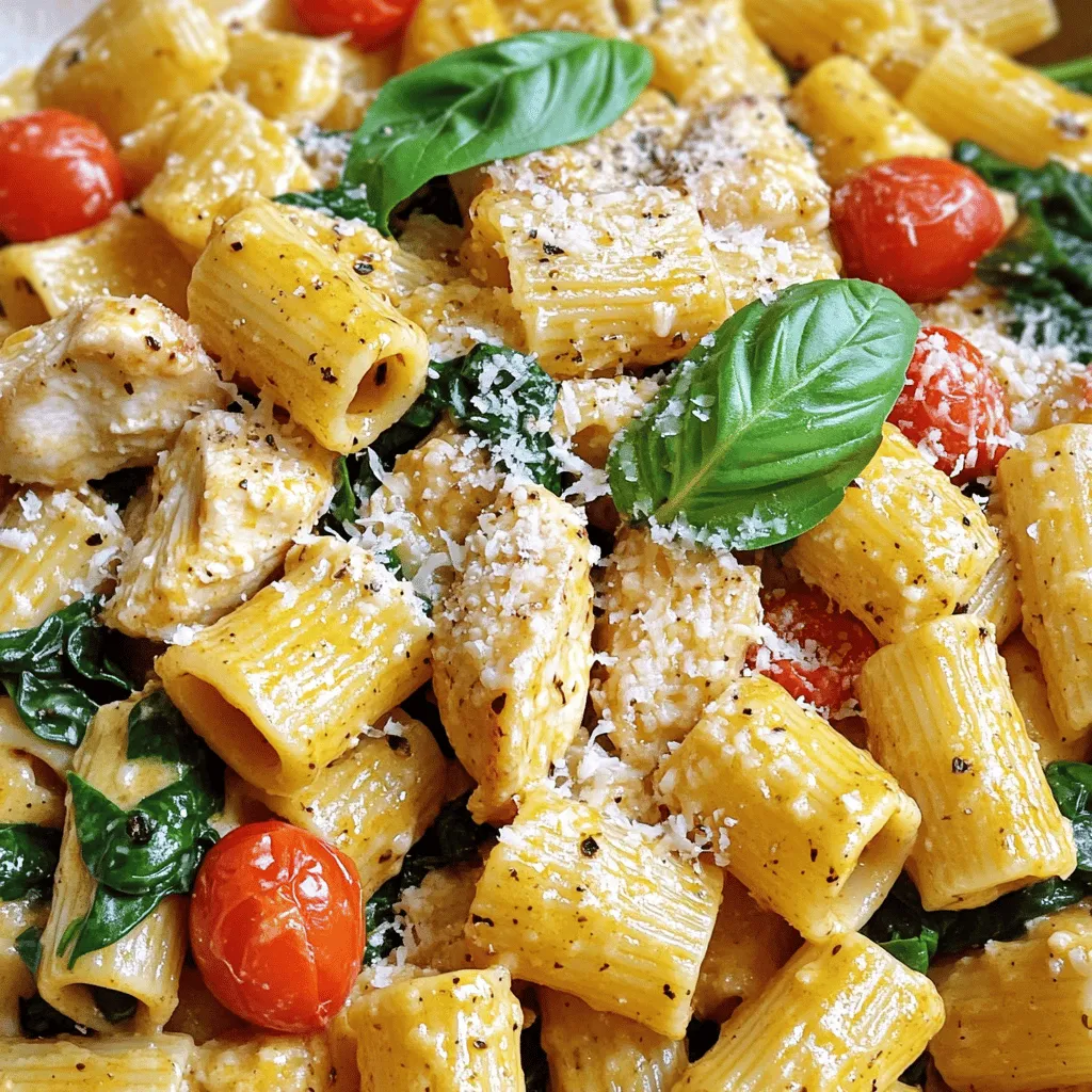- Chicken and Pasta Components - 2 chicken breasts, diced into bite-sized pieces - 8 ounces rigatoni pasta - Seasonings and Aromatics - 4 tablespoons unsalted butter, divided - 6 cloves of garlic, finely minced - 1 teaspoon dried oregano - 1 teaspoon paprika - Salt and freshly ground black pepper, to taste - Garnishes and Cheeses - 1 cup cherry tomatoes, halved - 1 cup fresh spinach, roughly chopped - 1/2 cup grated Parmesan cheese - Fresh basil leaves for garnish This dish bursts with flavor. The garlic and chicken work together well. The rigatoni holds all the creamy goodness. It’s a simple yet tasty meal that anyone can love. You can find the full recipe for Garlic Butter Chicken with Rigatoni at the end of this article. Each ingredient plays a role in making it special. Enjoy cooking it! To start, fill a large pot with water and add salt. Bring it to a boil. Once boiling, add the rigatoni. Cook it according to the package instructions until it is al dente. This usually takes about 10 to 12 minutes. When done, drain the pasta in a colander. Make sure to save about 1/4 cup of the pasta water for later. Next, heat a large skillet over medium heat. Add 2 tablespoons of unsalted butter. Once the butter melts, add the diced chicken. Season the chicken with salt, pepper, oregano, and paprika. Cook the chicken for about 6 to 7 minutes, stirring often. When it turns golden brown and is fully cooked, take it out and set it aside on a plate. In the same skillet, add the remaining 2 tablespoons of butter. Let it melt, then add the minced garlic. Sauté the garlic for about 1 minute. Stir it constantly until it is fragrant but not browned. This keeps the garlic from tasting bitter. After that, add the halved cherry tomatoes and chopped spinach. Stir until the spinach wilts and the tomatoes soften, about 2 to 3 minutes. Now, it’s time to bring everything together. Add the cooked chicken back into the skillet. Mix it well with the garlic and vegetables. This helps all the flavors blend nicely. Next, add the rigatoni to the skillet. Gently toss all the ingredients together. If it looks dry, pour in some of the reserved pasta water. This will create a creamy sauce that coats the pasta well. Finally, sprinkle the grated Parmesan cheese over the dish. Stir it in until it melts and coats everything. Taste the dish and add more salt or pepper if needed. Serve the garlic butter chicken rigatoni in shallow bowls or on a large platter. Garnish with fresh basil leaves for a pop of color and flavor. Enjoy every bite of this tender dish! For the full recipe, check out the details above. To make a great garlic butter sauce, start with fresh garlic. Fresh garlic gives a strong flavor. Mince the garlic finely for better taste. When sautéing, keep the heat moderate. This prevents the garlic from burning. Burnt garlic can make your sauce bitter. Add the garlic to the melted butter and stir. Let it cook for about one minute. You want it fragrant, not brown. If you like more flavor, add a pinch of red pepper flakes. This adds a nice kick! Cooking rigatoni well is key for a great dish. Use a large pot and plenty of water. The water should be salty, like the sea. This helps season the pasta as it cooks. Stir the rigatoni during cooking to prevent sticking. Check the package for cooking times. Aim for al dente, firm but not hard. Drain the pasta but save a bit of water. This starchy water can help blend the sauce later. For juicy chicken, cut it into even pieces. This ensures all pieces cook at the same rate. Season the chicken well with salt and pepper. Cook it in a hot skillet for a nice sear. Use two tablespoons of butter for a rich flavor. Stir the chicken often, so it cooks evenly. It should take about six to seven minutes. Look for a golden-brown color and no pink inside. Remove it from the skillet to keep it juicy and tender. {{image_4}} You can switch up the rigatoni for other pasta types. Fusilli or penne work great. Each shape holds the sauce well and adds a fun twist. You might also try spaghetti for a classic feel. Just remember to adjust cooking times based on the pasta you choose. If chicken isn't your thing, you can use shrimp or salmon. Both cook quickly and pair well with garlic and butter. For a heartier option, try diced turkey or even pork. Just make sure to cook them until they are done. You can easily make this dish vegetarian. Replace chicken with mushrooms or zucchini. Both add flavor and texture. Use vegetable broth instead of chicken broth for extra depth. You can also add more veggies like bell peppers or broccoli for a colorful plate. Try this with the full recipe for a delightful meal. You can store Garlic Butter Chicken with Rigatoni in the fridge. Place it in an airtight container. It stays fresh for about 3 to 4 days. When you want to enjoy it again, check for any spoilage before heating. If you want to save some for later, freeze it. Allow the dish to cool completely first. Then, place it in a freezer-safe container. It can last up to 2 months in the freezer. When ready to eat, thaw it in the fridge overnight before reheating. To reheat, use a skillet over medium heat. Add a splash of water or broth to keep it moist. Stir occasionally until heated through. You can also use a microwave. Heat it in short bursts, stirring in between. This helps evenly warm the dish. For the best taste, reheat just the amount you need. Garlic Butter Chicken with Rigatoni can last in the fridge for about 3 to 4 days. Store it in an airtight container to keep it fresh. Make sure to let it cool down before sealing it. Yes, you can prepare this dish ahead of time. Cook the pasta and chicken, then store them separately. Combine them when you're ready to serve. This keeps everything fresh and flavorful. This dish pairs well with a simple green salad or garlic bread. You can also serve it with roasted vegetables for extra nutrients and flavor. These sides balance the richness of the dish. Absolutely! Garlic Butter Chicken with Rigatoni is perfect for meal prep. You can portion it out for lunches or dinners. It reheats well, making it a convenient option for busy days. To change the spice level, add more or less paprika. You can also use a pinch of red pepper flakes for heat. If you prefer it milder, skip the paprika or use less. Adjust to your taste for the best experience. In this post, we covered how to make Garlic Butter Chicken with Rigatoni. We looked at key ingredients, cooking steps, and helpful tips. You learned about variations for different tastes. Storage details ensure your dish stays fresh. Cooking this meal can be quick and easy. You can customize it to suit your style. Enjoy delicious flavors with simple steps. Dive in and enjoy this satisfying dish!
