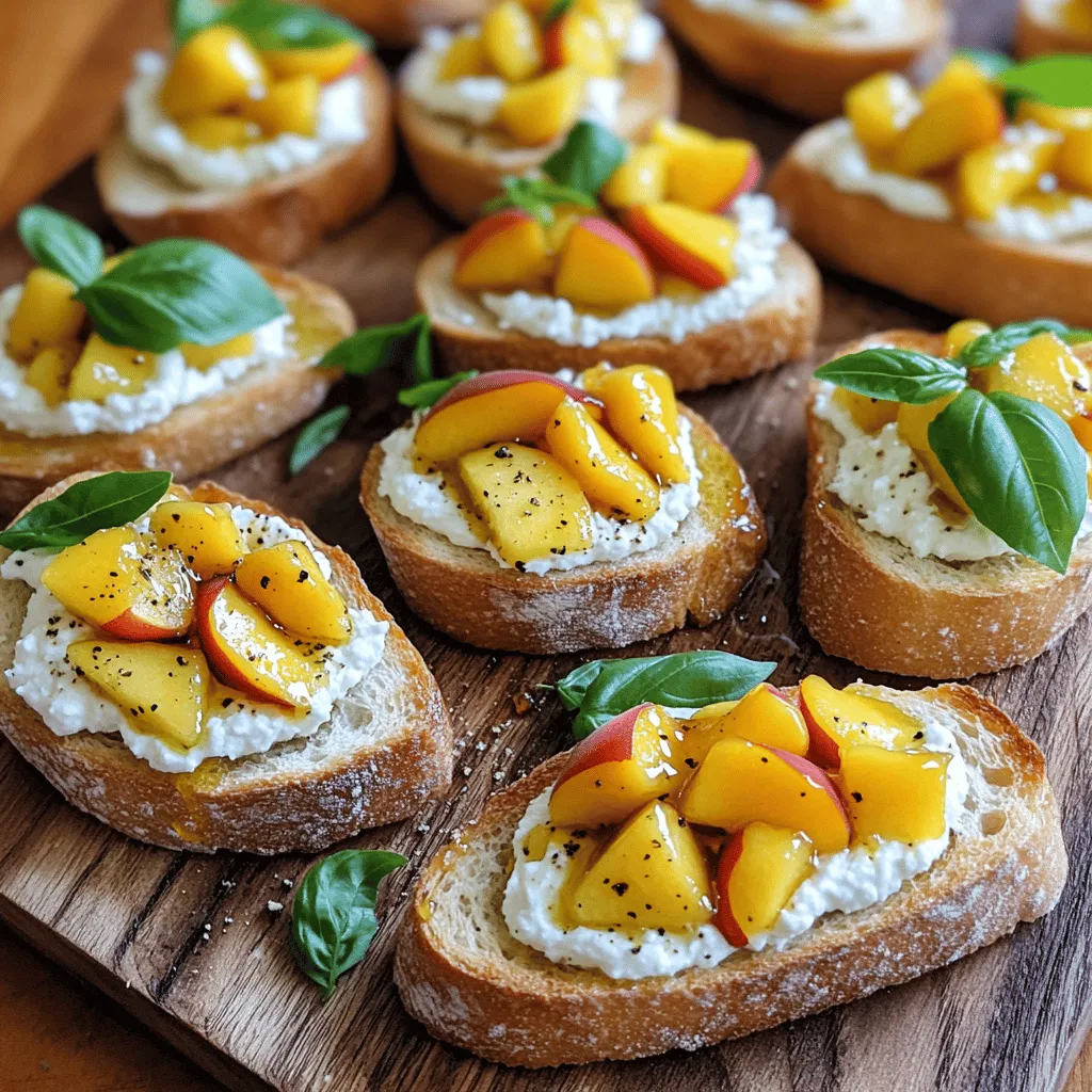 To create the best peach bruschetta with whipped ricotta, gather these essential items: - 1 French baguette, cut into 1/2 inch slices - 2 ripe peaches, diced - 1 cup creamy ricotta cheese - 2 tablespoons golden honey - 1 teaspoon pure vanilla extract - 1 tablespoon fresh lemon juice - Fresh basil leaves, for garnish - Extra virgin olive oil, for drizzling - Sea salt and freshly cracked black pepper, to taste These ingredients come together to deliver a sweet and savory delight. To enhance your bruschetta even more, consider these optional ingredients: - A sprinkle of cinnamon for warmth - Chopped nuts like walnuts or pistachios for crunch - Additional herbs like mint for a refreshing twist - A dash of balsamic glaze for tangy sweetness These options can add layers of flavor and texture to your dish. Ensure you have the right tools for a smooth cooking experience: - Baking sheet for toasting the baguette - Parchment paper to prevent sticking - Mixing bowls for preparing the ricotta and peaches - Hand mixer or whisk for whipping the ricotta - Knife and cutting board for chopping Having these tools handy will make the process enjoyable and efficient. For the full recipe, check out the details above! Start by preheating your oven to 400°F (200°C). This step is key for crispy bread. Line a baking sheet with parchment paper to prevent sticking. Cut your French baguette into slices, about 1/2 inch thick. Arrange the slices in a single layer on the sheet. Lightly brush each slice with extra virgin olive oil. This adds flavor and helps them crisp up nicely. Place the baking sheet in the oven. Toast the bread for about 5-7 minutes. Watch closely, as you want them golden but not burnt. While the bread toasts, it's time to make the whipped ricotta. Grab a medium mixing bowl and add 1 cup of creamy ricotta cheese. To this, add 2 tablespoons of golden honey, 1 teaspoon of pure vanilla extract, and 1 tablespoon of fresh lemon juice. These ingredients create a sweet and tangy flavor. Use a hand mixer or a whisk to combine everything until it's smooth and creamy. Don't forget to add a pinch of sea salt and freshly cracked black pepper. This seasoning brings out the best in your ricotta. Once your baguette slices are out of the oven, it’s assembly time! Spread a generous layer of whipped ricotta on each toasted slice. This will be the base of your bruschetta. Next, take your diced peaches and carefully place them on top of the ricotta. The sweetness of the peaches pairs perfectly with the creamy cheese. To finish, garnish each bruschetta with freshly torn basil leaves. Drizzle a bit of extra virgin olive oil on top and sprinkle with black pepper. Serve your peach bruschetta right away to enjoy the fresh flavors. For the complete recipe, check out the Full Recipe section. Toasting bread is key for great bruschetta. Start with a fresh French baguette. Cut it into 1/2 inch slices for the best crunch. Preheat your oven to 400°F (200°C). Use parchment paper on the baking sheet to keep the bread from sticking. Brush each slice lightly with extra virgin olive oil. This step gives it flavor and a nice color. Bake the bread for 5-7 minutes. Watch closely to prevent burning. The goal is a golden crust with a crisp texture. Whipped ricotta is creamy and smooth. Use high-quality ricotta for the best taste. In a bowl, combine 1 cup of ricotta, 2 tablespoons of honey, 1 teaspoon of vanilla extract, and 1 tablespoon of fresh lemon juice. Mix it well with a hand mixer or whisk. Beat until it’s fluffy and light. Add a pinch of sea salt and black pepper to enhance the flavor. This whipped ricotta will pair perfectly with the sweet peaches. Serve your bruschetta right after you make it. The bread should still be warm and crispy. You can add extra toppings like a drizzle of honey or a sprinkle of nuts for crunch. Fresh basil leaves add a nice touch and aroma. For drinks, pair this dish with a light white wine or sparkling water. This combination works well with the fruity and creamy flavors. You can find the full recipe to guide your steps and impress your guests. {{image_4}} If you want to mix things up, try different cheeses. You can use goat cheese or cream cheese instead of ricotta. They both add unique flavors. For a hint of spice, add a touch of chili flakes. This will give your bruschetta a fun kick. You can also swap honey for maple syrup for a different sweetness. Each change brings a new taste. Peaches are great, but you can use other fruits too. Try strawberries, figs, or plums. Each fruit brings its own flavor. For a tart twist, use raspberries or blackberries. These fruits bring bright colors and fresh tastes. You can even mix and match fruits for fun combinations. Always pick ripe fruit for the best taste. You can easily make this bruschetta vegan. Use a plant-based ricotta or cashew cream instead. This keeps the creamy texture without dairy. For gluten-free options, switch to gluten-free bread. There are many great choices out there. Always check labels to make sure they fit your needs. This way, everyone can enjoy this dish! For the full recipe, check out the detailed steps. To store your peach bruschetta, place it in an airtight container. Keep the bruschetta in the fridge for a maximum of three days. I recommend separating the bread from the toppings. This keeps the bread from getting soggy. When you want to enjoy leftovers, reheat the bread slices. Preheat your oven to 350°F (175°C). Place the bread on a baking sheet and warm it for about 5 minutes. Add the whipped ricotta and peaches after reheating. This way, you keep the flavors fresh. - Baguette: Best eaten within 1-2 days for freshness. - Peaches: Store for up to 4 days in the fridge. Check for ripeness. - Ricotta cheese: Keep for about 5 days once opened. Always check for signs of spoilage. - Honey: Lasts indefinitely when stored in a cool, dry place. - Lemon juice: Fresh juice lasts up to a week in the fridge. - Basil leaves: Use within 3-5 days for best flavor. By following these tips, you can enjoy your peach bruschetta with whipped ricotta longer. For the full experience, remember to check the Full Recipe for detailed steps! You can keep leftovers in an airtight container for about 2 days. The bread may get soggy, so eat it quickly for best taste. If you keep the peaches and ricotta separate, they will last longer. Yes, you can use other cheeses like goat cheese or cream cheese. These options will change the flavor, but they can still taste great. Try mixing different cheeses for a unique twist. Peach bruschetta pairs well with salads, grilled meats, or wine. You can also serve it with a cheese platter. These options add variety and complement the sweet and savory notes. Yes, this recipe is great for meal prep. You can prepare the whipped ricotta and diced peaches in advance. Just toast the bread shortly before serving for a fresh taste. Yes, you can make the whipped ricotta ahead of time. Store it in the fridge for up to 3 days. When ready to serve, give it a quick stir for the best texture. Check the [Full Recipe] for more details. This blog post covered how to make delicious peach bruschetta. We listed the ingredients you need, along with optional extras to boost flavor. The step-by-step guide showed you how to prepare the baguette and whip the ricotta. We also shared helpful tips for toasting and serving. You can explore different flavor variations to fit your taste and dietary needs. Lastly, we discussed how to store leftovers. With these insights, you can enjoy this tasty dish any time. Now, it’s your turn to create something special!