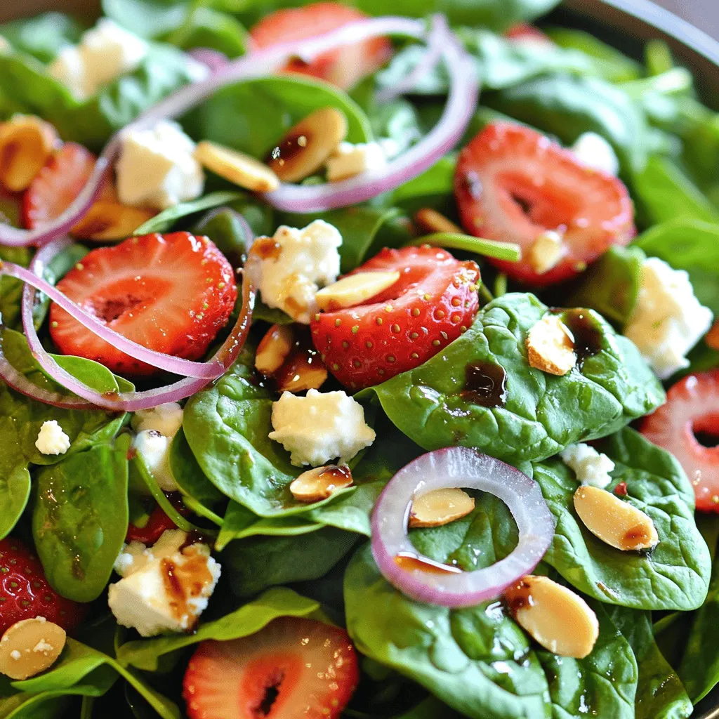 - 4 cups fresh baby spinach - 1 cup fresh strawberries - 1/2 cup feta cheese - 1/4 cup sliced almonds - 1/4 red onion - 1/4 cup balsamic vinegar - 2 tablespoons honey - 2 tablespoons extra virgin olive oil - Sea salt and black pepper - Additional strawberry slices - Extra feta for garnish Gathering the right fresh ingredients is key to a great salad. Start with 4 cups of fresh baby spinach. This leafy green gives a crisp base. Next, add 1 cup of fresh strawberries. Their sweetness pairs well with the spinach. For creaminess, use 1/2 cup of crumbled feta cheese. It adds a salty kick. Next, toss in 1/4 cup of sliced almonds. Toasting them first gives a nice crunch. Finally, include 1/4 of a thinly sliced red onion. This brings a sharp flavor to balance the salad. Now, let's move to the dressing. Combine 1/4 cup of balsamic vinegar, 2 tablespoons of honey, and 2 tablespoons of extra virgin olive oil. This mix creates a sweet and tangy dressing. Don’t forget to season with sea salt and black pepper to taste. For a beautiful finish, consider optional garnishes. Extra strawberry slices can make the dish pop. Adding a sprinkle of feta on top elevates the look. For the full recipe, you can check out the details above. Enjoy your fresh delight! - Step 1: Combine spinach and strawberries Start by placing the fresh baby spinach in a large mixing bowl. Add the sliced strawberries on top. Gently mix them with your hands. This ensures an even spread of flavors. - Step 2: Add feta cheese and almonds Next, sprinkle the crumbled feta cheese over the salad. Then, add the toasted sliced almonds. This adds a nice crunch and flavor to the mix. - Step 3: Mix balsamic vinegar, honey, and olive oil In a small jar, combine the balsamic vinegar, honey, and extra virgin olive oil. This mixture will create a sweet and tangy dressing. - Step 4: Shake or whisk until emulsified Seal the jar tightly and shake it well. If you prefer, you can whisk the ingredients in a bowl. The goal is to mix them until they blend smoothly. - Step 5: Drizzle dressing and toss salad Drizzle the dressing over the salad mixture. Use salad tongs or two forks to toss everything gently. Make sure the spinach and strawberries are coated well. - Step 6: Add red onion and season to taste Toss in the thinly sliced red onion. Season the salad with sea salt and freshly cracked black pepper. Mix lightly again to combine all flavors. This 30-Minute Strawberry Spinach Salad is fresh and quick to make. For the complete recipe, check out the Full Recipe section! To make your dressing sweeter, add more honey. Start with one extra teaspoon and taste. You can always add more if you like it sweeter. For crunch, toast the sliced almonds. Heat a pan on medium heat. Add the almonds and stir for about 3-5 minutes until golden. This brings out their flavor and adds a lovely texture. Serve your salad in deep bowls for a cozy look. A large platter makes it feel festive for a gathering. For a pop of color, garnish with extra strawberry slices on top. A sprinkle of feta cheese also adds a nice touch. You can even add a few fresh mint leaves for a hint of green. Use pre-washed spinach to save time. It cuts down on prep and makes this salad faster to make. If you want to make it ahead, prepare the salad without dressing. Store it in the fridge for up to two hours. Just add the dressing right before serving for the best taste. Enjoy every bite of this fresh delight! {{image_4}} You can make this salad even heartier by adding protein. Grilled chicken is a great option. It adds flavor and makes the meal more filling. Shrimp is another tasty choice. Just grill or sauté them, then toss them in. If you prefer a vegetarian twist, try chickpeas. They are rich in protein and blend well with the salad. Switching out some ingredients can change the taste. If you have nut allergies, try seeds. Sunflower seeds or pumpkin seeds work well. You can also mix up the cheese. If you want a creamier taste, use goat cheese or blue cheese. Each cheese brings a unique flavor that enhances the salad. Fruits can change with the seasons. In summer, add blueberries or peaches for a fruity twist. They bring a burst of sweetness and color. In winter, try using citrus fruits like oranges or mandarins. They add a refreshing zing and brighten up the dish. Remember, using seasonal fruits keeps your salad fresh and exciting. For more details, check out the Full Recipe for this vibrant and delicious salad! To keep your salad fresh, store it in the fridge. Use an airtight container. This helps keep the salad crisp and tasty. If you dress the salad, eat it within a day. Dressed salads lose their crunch faster. If you store it undressed, it can last up to three days. You usually do not need to reheat a salad. But if you have leftovers, you can warm the spinach lightly. This can bring out a new flavor. Use the leftovers in a warm pasta dish or a grain bowl. Toss them with a bit of olive oil or lemon juice for a fresh taste. Freezing spinach is possible but tricky. Fresh spinach can freeze well, but it may change texture. It’s best to blanch it first. This means boiling it for a short time and then cooling it quickly. You can store it in freezer bags. However, avoid freezing the strawberries or dressing. They do not freeze well and will lose flavor. Always use fresh fruits for the best taste in your salad. Yes, you can prepare parts of the salad ahead. Wash and dry the spinach early. Slice strawberries and onions and store them in separate containers. This keeps them fresh. Mix the dressing in advance and keep it in the fridge. Just combine everything right before serving. This way, your salad stays crisp and tasty. If you don’t have balsamic vinegar, use apple cider vinegar or red wine vinegar. Both add a nice tang. For a sweeter twist, try using a fruit vinegar like raspberry. You can also mix lemon juice with a bit of honey to create a light dressing. These options keep the salad fresh and flavorful. The salad lasts about 1 to 2 days in the fridge. If you mix in the dressing, it may wilt faster. To keep it fresh longer, store the salad undressed. Then, add the dressing just before eating. This helps maintain its crispness and flavor. This post covers how to make a fresh and tasty spinach salad. We mixed bright strawberries, creamy feta, and crunchy almonds for great flavor. I shared tips to enhance taste and ideas for protein options. You learned about storage and how to make the salad ahead. Remember, you can play with ingredients or dressings to fit your taste. Enjoy creating your own twist on this salad that’s as delicious as it is colorful.