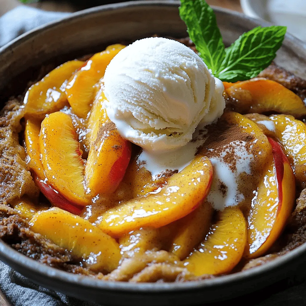 For a great peach cobbler, you need fresh, ripe peaches. Here’s what you’ll need: - 6 ripe peaches, pitted and sliced - 1 tablespoon freshly squeezed lemon juice Using ripe peaches gives the dish a sweet and juicy flavor. Look for peaches that are soft but not mushy. The skin should have a nice color, usually yellow or a bit of red. These pantry staples help create the base for your cobbler: - 1 cup granulated sugar, divided - 1/4 cup brown sugar - 1 teaspoon ground cinnamon - 1 teaspoon pure vanilla extract - 1 cup all-purpose flour - 1 teaspoon baking powder - 1/4 teaspoon salt - 1/2 cup milk (whole milk preferred) - 1/3 cup unsalted butter, melted - 1/4 teaspoon ground nutmeg (optional) These ingredients blend together to create a sweet, fluffy topping and a rich filling. The sugars add sweetness, while the spices bring warmth to the dish. Choosing the right peaches is key. Here are some tips: - Look for peaches with a slight give. They should feel soft when pressed gently. - Check the aroma. Ripe peaches smell sweet and fragrant. - Avoid any with blemishes or bruises. This may mean they are overripe or spoiled. When you pick the best peaches, your cobbler will shine. Remember to enjoy the process of cooking and creating something delicious! Start by preheating your oven to 350°F (175°C). This ensures even cooking. Next, lightly grease a 2-quart baking dish. This step helps the cobbler not stick. In a large bowl, mix the sliced peaches with 1/2 cup of granulated sugar, brown sugar, lemon juice, cinnamon, and vanilla extract. Gently toss until the peaches coat well. Let the mixture sit for 15 minutes. This helps the peaches release their juices and enhances the flavor. In a separate bowl, combine the flour, the remaining 1/2 cup of sugar, baking powder, salt, and nutmeg. Whisk these dry ingredients until they blend well. Slowly stir in the milk and melted butter until just combined. The batter should be thick and slightly lumpy. Pour the peach mixture into your greased baking dish. Spread it evenly across the bottom. Next, dollop spoonfuls of the batter over the peaches. To create a marbled look, gently swirl the batter with a knife. Be careful not to mix it completely. Place the baking dish in the oven. Bake for 40-45 minutes. The cobbler is done when the top turns golden brown. A toothpick inserted in the center should come out clean. If the top browns too fast, cover it with aluminum foil. Once baked, take the cobbler out of the oven. Let it cool for about 10 minutes before serving. For a delicious treat, serve warm in bowls. Top it with creamy vanilla ice cream or a fluffy dollop of whipped cream. For a fresh finish, add mint leaves. Enjoy this delightful summer peach cobbler with family and friends. For the full recipe, check out the detailed overview. To make your peach cobbler stand out, use ripe peaches. Fresh, juicy peaches bring the best flavor. Slice them evenly for a uniform cook. Toss them with sugar and let them sit. This step draws out the juices. It also enhances the sweetness and flavor. When mixing the batter, stir gently. A thick, slightly lumpy batter gives the cobbler its charm. Remember, a little love goes a long way. One common mistake is overmixing the batter. This can lead to a tough texture. Another mistake is not letting the peach mixture rest. Skipping this step means less flavor. Make sure your oven is fully preheated too. If it's not hot enough, the cobbler won't rise well. Lastly, avoid baking too long. A golden top is perfect, but dry is not. Serve your peach cobbler warm for the best experience. A scoop of vanilla ice cream on top is a classic choice. It adds creaminess and makes each bite special. You can also pair it with whipped cream. For a refreshing twist, try fresh mint leaves. They add a pop of color and flavor. Don't forget to check out the Full Recipe for more tips! {{image_4}} You can enjoy peach cobbler without gluten. Use a gluten-free flour blend instead of all-purpose flour. Look for blends made from rice, almond, or coconut flour. Add a bit of cornstarch for a lighter texture. The rest of the recipe stays the same. Your gluten-free cobbler will still taste amazing! If you want a vegan version, swap the milk for almond or oat milk. Replace the butter with coconut oil or a vegan butter. For the egg, use a flaxseed meal mix. Just combine one tablespoon of flaxseed meal with three tablespoons of water and let it sit. This will help bind your ingredients. The flavor will still shine through. Get creative with your cobbler! Try adding spices like ginger or cardamom for a twist. You can mix in blueberries, raspberries, or even diced apples with the peaches. For a nutty crunch, sprinkle chopped almonds or pecans on top before baking. Each variation brings a new taste to your dessert. You can find more ideas in the Full Recipe. After you enjoy your peach cobbler, let it cool completely. Then, cover it tightly with plastic wrap or foil. Place it in the fridge. It will stay fresh for about 3 to 4 days. If you want to keep it longer, consider freezing it. To reheat your cobbler, preheat your oven to 350°F (175°C). Place the cobbler in an oven-safe dish. Cover it with foil to keep it moist. Heat for about 20 minutes or until warm. If you prefer the top to be crispy, remove the foil for the last 5 minutes. To freeze peach cobbler, let it cool completely. Cut it into individual portions for easier thawing. Wrap each piece tightly in plastic wrap, then place them in a freezer bag. Make sure to label the bag with the date. You can freeze it for up to 3 months. When you're ready to enjoy it, thaw overnight in the fridge before reheating. Homemade peach cobbler lasts about 3 to 5 days in the fridge. To keep it fresh, store it in an airtight container. After a few days, the topping may become soggy, but it will still taste good. You can reheat it in the oven for a warm dessert. Yes, you can use canned peaches! Just make sure to drain them well. Canned peaches are soft and sweet, making them a great option. However, fresh peaches offer a better texture and flavor. If you want a fresher taste, go with fresh peaches when possible. You can use almond flour, oat flour, or gluten-free flour as substitutes. Each option brings its own flavor. Almond flour adds nuttiness, while oat flour gives a wholesome taste. Make sure to adjust the liquid in the recipe if needed. Serve peach cobbler warm in bowls. Top it with vanilla ice cream or whipped cream for a treat. You can also sprinkle some cinnamon on top for added flavor. Garnishing with mint leaves adds a nice touch too. Enjoy it fresh from the oven for the best experience! This peach cobbler recipe is simple and fun to make. You need ripe peaches for the best flavor. Mixing the sugars with the peaches helps them get juicy. The batter is thick and easy to spread. Swirling the batter into the peaches gives a nice look. Each serving has about 250 calories. It contains 8 grams of fat and 40 grams of carbs. The cobbler has some fiber from the peaches, too. If you want a treat, this recipe fits the bill. You will spend about 20 minutes preparing the cobbler. Baking it takes around 40-45 minutes. In total, you’ll need about an hour to enjoy this delicious dessert. Just follow the full recipe for step-by-step guidance! You learned how to make a great peach cobbler, starting with fresh ingredients. I shared easy steps for preparation and baking that anyone can follow. Remember to avoid common mistakes for the best results. You can even try gluten-free or vegan options for a fun twist. Store leftovers properly to enjoy later. With this knowledge, you can impress friends and family with your baking skills. Peach cobbler brings warmth and joy to any gathering. Enjoy your delicious creation!