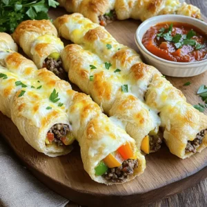 To make these cheesy breadsticks, you'll need a few key items: - 1 lb ground beef or thinly sliced ribeye steak - 1 cup mixed bell peppers, diced (red, green, and yellow for color) - 1 small sweet onion, finely chopped - 1 cup provolone cheese, shredded - 1 cup mozzarella cheese, shredded - 1 teaspoon garlic powder - 1 teaspoon onion powder - Salt and freshly ground black pepper, to taste - 1 tablespoon olive oil - 1 package refrigerated pizza dough (approximately 13.8 oz) - 1 large egg, beaten (for egg wash) These ingredients create a savory mix that makes each bite a delight. You can switch things up with these optional ingredients: - Sliced mushrooms for added earthiness - Jalapeños for a spicy kick - Spinach for some greens - Different cheeses like cheddar or gouda for unique flavors Feel free to use what you have on hand. This dish is flexible! Choosing the right ingredients can elevate your dish. Here are some tips: - Meat: Choose fresh, high-quality beef. Ribeye gives great flavor. - Peppers: Opt for crisp and colorful peppers. They should look fresh and firm. - Cheese: Use good-quality cheese. It melts better and enhances taste. - Dough: Look for pizza dough that is fresh. Check the package date to ensure it’s not too old. With these tips, you’ll create a mouthwatering meal that everyone will love. For the complete process, check out the Full Recipe. First, you need to preheat your oven to 425°F (220°C). This step ensures your breadsticks bake evenly. While the oven heats, grab a baking sheet. Line it with parchment paper. This makes cleaning up easier later. In a large skillet, pour in a tablespoon of olive oil and heat it over medium heat. Once the oil is hot, add the chopped onion and mixed bell peppers. Sauté them for about five minutes. You want them to become tender and smell great. Next, if you chose ground beef, crumble it into the skillet. Cook it until it’s brown all over. If you picked ribeye, add those thin slices now. Stir until they are just fully cooked. Season your mix with garlic powder, onion powder, salt, and black pepper. Once it’s ready, remove the skillet from the heat and let it cool for a bit. Now it’s time to work with the pizza dough. Lightly flour your counter and roll out the dough to about 1/4 inch thick. Cut it into long strips, each around 4 inches wide. On one end of each strip, place a generous spoonful of your meat and veggie mix. Add slices of provolone and mozzarella cheese on top. This is where the magic happens! Carefully roll the dough over the filling. Start from the end with the filling and keep rolling until sealed. Pinch the edges tightly to prevent leaks. Place each breadstick seam side down on the baking sheet, spacing them out. Brush the tops with a beaten egg for a golden look. Finally, bake them in the preheated oven for 12-15 minutes. They should turn golden brown, and the cheese will bubble. Once they are done, let them cool for a few minutes, then serve them warm. Enjoy your Easy Philly Cheesesteak Stuffed Cheesy Breadsticks! For more details, check the Full Recipe. To make great breadsticks, the dough must be soft and easy to work with. Start with refrigerated pizza dough; it is simple to roll out. Roll the dough to about 1/4 inch thick. If the dough feels sticky, sprinkle a little flour on your surface. This will help the dough not to stick. Make sure to keep the edges even while rolling. This helps in getting uniform breadsticks. The filling needs good flavor. Use garlic powder and onion powder to boost taste. Salt and pepper will also add depth. Mix these seasonings with your meat and veggies. Taste the filling before you assemble. If it needs more flavor, you can add a pinch more salt or pepper. Adding fresh herbs like parsley or basil can also give a nice touch. For a cheesy breadstick, cheese choice matters. Use a mix of provolone and mozzarella for the best melt. Provolone adds a sharp flavor, while mozzarella brings creaminess. Spread the cheese evenly over the filling. Make sure to seal the edges well after rolling. This keeps the cheese inside while baking. Brush the breadsticks with egg wash for a golden finish. This step not only makes them look good but also helps the cheese melt perfectly. You can find the full recipe for these delicious breadsticks to explore more tips! {{image_4}} You can easily make these stuffed breadsticks vegetarian. Replace the meat with hearty veggies. Try using mushrooms, zucchini, or spinach. These options keep the taste rich and satisfying. You can also add black beans or chickpeas for protein. Use the same spices to keep the flavor strong. The cheese will still provide that creamy texture. While I love using ground beef or ribeye, there are other choices. Chicken or turkey tastes great in these breadsticks. For a spicy kick, consider adding chorizo or sausage. Each meat brings its own flavor. Just cook the meat fully before adding it to the breadsticks. This keeps everything safe and tasty. Cheese plays a big role in the flavor of these breadsticks. Provolone and mozzarella are classic, but you can mix it up! Try using cheddar for a stronger taste. Feta adds a nice tangy twist. You could even use a spicy cheese for added heat. Experiment with different blends to find your favorite combination. The Full Recipe offers a great base for your creative ideas. After enjoying your cheesy breadsticks, let any leftovers cool. Place them in an airtight container. This keeps them fresh and soft. Store the container in the fridge. They will stay good for up to three days. If you want to keep them longer, freezing is a great option. To reheat your breadsticks, preheat your oven to 350°F (175°C). Place the breadsticks on a baking sheet. Cover them loosely with foil to prevent drying. Heat for about 10-15 minutes. You want them warm and the cheese melty. If you prefer a crispier texture, bake them uncovered for the last few minutes. To freeze your breadsticks, wrap each one in plastic wrap. Then, place them in a freezer bag. Squeeze out the air to avoid freezer burn. They can last up to three months in the freezer. When you’re ready to enjoy, thaw them in the fridge overnight. Reheat as mentioned above for the best taste. Yes, you can use frozen pizza dough. Just let it thaw in the fridge overnight. Follow the package instructions for best results. I find that frozen dough can be just as good as fresh. It saves time and still gives great flavor. You can serve these breadsticks with a few tasty sides. Try marinara sauce for dipping. It adds a rich flavor that pairs well with the cheesy filling. A fresh salad or some crispy fries can also make a great side. The bright salad balances the cheesy richness. Cooking the filling takes about 10 minutes. Start by sautéing the onions and peppers for about 5 minutes. Add the meat next and cook until it's browned or cooked through. It’s quick and easy, making this recipe fun and fast. Yes, this recipe is great for meal prep. You can make the filling a day ahead. Store it in the fridge until you're ready to assemble. The stuffed breadsticks also freeze well. Just bake them straight from the freezer. It’s perfect for busy weeks. For the full recipe, check out the detailed instructions above. You learned how to make tasty Philly cheesesteak stuffed cheesy breadsticks. We discussed key ingredients, cooking steps, and tips for flavor and texture. Remember, you can customize to fit your taste! Store leftovers well, and enjoy them later. This recipe is great for meal prep too. With these skills, you can impress friends and family at your next meal. Get creative and have fun!