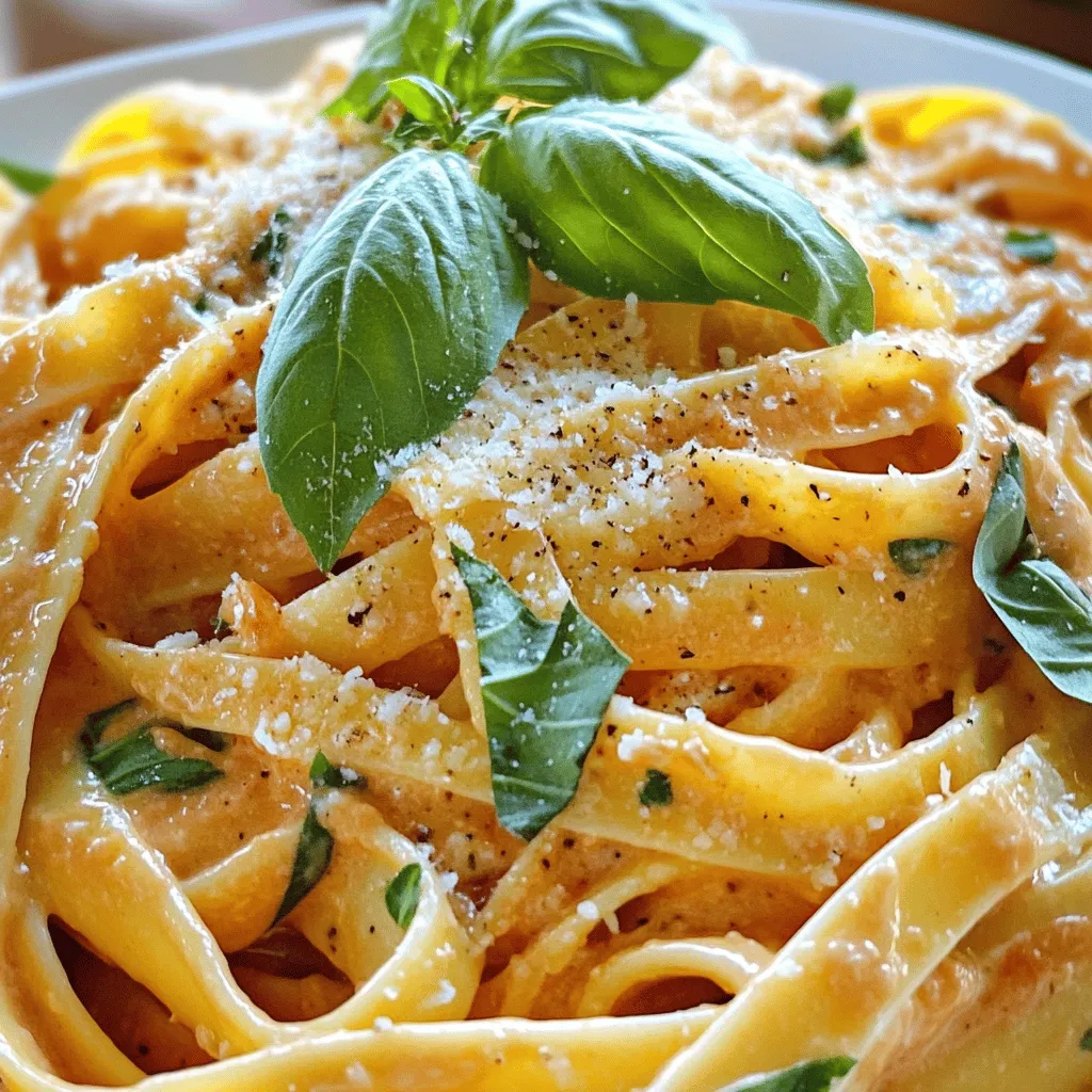 To make Creamy Basil Tomato Pasta, you need a few simple ingredients. Each one plays a key role in creating rich flavors. Here’s the list: - 12 oz pasta (fettuccine or penne recommended) - 1 tablespoon extra virgin olive oil - 3 cloves garlic, finely minced - 1 can (14 oz) crushed tomatoes (preferably San Marzano) - 1 cup cold heavy cream - 1/2 cup freshly grated Parmesan cheese - 1/2 cup fresh basil leaves, roughly chopped - Sea salt and black pepper to taste - Pinch of red pepper flakes (optional) Each ingredient brings something special to the dish. The pasta is your base. I recommend fettuccine or penne. They hold the sauce well, making each bite creamy and rich. The extra virgin olive oil adds depth. Garlic gives a lovely aroma and flavor that fills your kitchen. Crushed tomatoes are essential. I highly suggest San Marzano for their sweet taste. The cold heavy cream creates that luxurious texture. Parmesan cheese adds a salty kick. Fresh basil brightens the dish and gives it a fresh taste. Don’t forget the sea salt and black pepper. These enhance the flavors. A pinch of red pepper flakes can add warmth if you like a little heat. This simple list of ingredients will bring you joy in every bite! For the complete cooking process, check the Full Recipe. First, grab a large pot and fill it with water. Add a generous amount of salt. This step is key. It enhances the flavor of the pasta while it cooks. Bring the water to a rolling boil. Once it’s boiling, add 12 ounces of your chosen pasta. Cook the pasta according to the package instructions until it’s al dente. This means it should be firm but not hard. Before draining, remember to reserve half a cup of that pasta water. This starchy water is a secret weapon for your sauce. It helps to adjust the sauce's thickness later. In a spacious skillet, heat one tablespoon of extra virgin olive oil over medium heat. Once it’s warm, add three finely minced cloves of garlic. Sauté the garlic for about one minute. Watch it closely so it doesn’t burn. Burnt garlic can ruin the dish with a bitter taste. Next, pour in one can of crushed tomatoes. I recommend using San Marzano for a richer flavor. Stir the mixture briefly, then let it simmer gently for five minutes. This helps the sauce thicken and develop great flavors. Now it's time to make the sauce creamy. Reduce the heat to low and add one cup of cold heavy cream. Stir continuously until the cream blends smoothly with the tomato sauce. Next, gradually add half a cup of freshly grated Parmesan cheese. Keep stirring until the cheese melts completely. Fold in half a cup of roughly chopped fresh basil. Season your sauce with sea salt and freshly cracked black pepper to taste. If you like a bit of heat, you can add a pinch of red pepper flakes here. Finally, gently toss the cooked pasta into the skillet with the sauce. Ensure every strand is coated nicely. If the sauce is too thick, add a splash of the reserved pasta water until it reaches your desired consistency. Serve the pasta immediately. Garnish with extra basil leaves and a sprinkle of Parmesan cheese. This adds a beautiful touch to your dish. For the full recipe, you can refer to the earlier section. Enjoy every delicious bite! How to prevent garlic from burning? To keep garlic from burning, cook it on medium heat. Stir it often and watch it closely. If garlic turns brown, it can taste bitter. A light golden color is best. Achieving the perfect consistency in the sauce? For a creamy sauce, add cold heavy cream slowly. Mix it well with tomatoes. If the sauce is too thick, use the reserved pasta water. Just a little can help thin it out. Presentation tips for an elegant dish? Serve your pasta in shallow bowls for a fancy look. Drizzle a bit of extra olive oil on top. Add a few whole basil leaves for color and flair. Recommended pairings (e.g., wine or bread)? Pair your creamy basil tomato pasta with garlic bread. A crisp white wine, like Pinot Grigio, complements the dish well. Both enhance the flavors and make your meal special. Adding fresh herbs or spices for more depth? Fresh herbs can boost flavor. Try adding parsley or oregano along with the basil. A pinch of red pepper flakes gives a nice kick too. Alternatives to Parmesan cheese? If you need a cheese swap, try nutritional yeast for a vegan option. Crumbled feta or goat cheese can also add a different but tasty twist. {{image_4}} You can easily change the pasta type to fit your needs. For gluten-free options, use rice or quinoa pasta. These choices work well and taste great. You can also swap the cream for healthier alternatives. Try using cashew cream or coconut milk. These swaps still give you a creamy texture but with fewer calories. If you want to add more taste, consider including extra vegetables. Spinach adds a nice color and nutrition. Sun-dried tomatoes bring a sweet, tangy twist to the dish. Both options make the meal richer and more filling. You can also add proteins like grilled chicken or shrimp. These additions make your pasta a complete meal. They pair perfectly with the creamy sauce. To make the dish vegan or dairy-free, simply use plant-based cream and nutritional yeast instead of Parmesan. This keeps the creamy flavor while making it suitable for everyone. You can also adjust spice levels. If you prefer a mild dish, skip the red pepper flakes. For a kick, add more to suit your taste. Experimenting with these adjustments can lead to a perfect meal just for you. To store leftover creamy basil tomato pasta, let it cool first. Place it in an airtight container. Keep it in the fridge. It will stay fresh for about 3 to 5 days. When you want to eat it, just reheat gently. You can freeze creamy basil tomato pasta too. To do this, let it cool completely. Transfer it to a freezer-safe container or bag. It will last about 2 to 3 months in the freezer. When you are ready to enjoy it, thaw it in the fridge overnight. Reheat on the stove over low heat. Add a splash of cream or pasta water to help it come back to life. To avoid texture changes, don’t freeze it with extra sauce. Instead, keep some sauce separate if possible. When reheating, stir well to ensure even warmth. This way, your pasta stays creamy and delicious! You can make this dish ahead of time. Cook the pasta and sauce separately. Mix them together when you're ready to serve. Store the sauce in an airtight container in the fridge. It stays fresh for about three days. When reheating, add a splash of reserved pasta water for creaminess. Heat gently on low heat until warm. This pasta pairs well with garlic bread or a fresh green salad. A Caesar salad adds crunch and flavor. For drinks, try a light white wine or sparkling water. These options balance the rich pasta nicely. You can also serve it with a side of roasted veggies. Yes, you can use dried herbs. Fresh herbs have a bright flavor. Dried herbs are more concentrated. Use one teaspoon of dried basil for every tablespoon of fresh. Add dried herbs earlier in the cooking to help release their flavors. To make this recipe allergy-friendly, use gluten-free pasta. For dairy-free, swap heavy cream with coconut cream or cashew cream. If you have nut allergies, skip the nuts and stick to safe ingredients. Always check labels for hidden allergens. Fettuccine and penne are great choices. Fettuccine holds the sauce well with its flat shape. Penne has ridges that catch the sauce, making every bite flavorful. You can also use spaghetti for a classic feel. Choose any pasta you love! For the complete instructions, check out the [Full Recipe]. This blog offered a simple guide to making creamy basil tomato pasta. You learned about key ingredients, cooking steps, and creative variations. I shared tips to enhance both flavor and presentation. You can now confidently explore swaps for dietary needs and storage tips for leftovers. Cooking can be fun and easy. Enjoy experimenting with this recipe to make it your own!