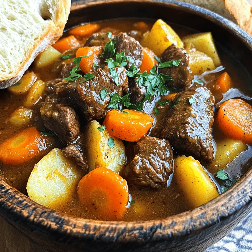 - Beef and Vegetables - 2 pounds beef chuck, cut into 1-inch cubes - 4 medium carrots, sliced into rounds - 3 medium potatoes, diced into 1-inch pieces - 1 large onion, finely chopped - 3 cloves garlic, minced - Broth and Seasonings - 4 cups beef broth (preferably low-sodium) - 2 tablespoons tomato paste - 1 tablespoon Worcestershire sauce (optional for enhancing flavor) - 1 teaspoon dried thyme - 1 teaspoon dried rosemary - 1 bay leaf - Salt and pepper to taste - Cooking Oil and Extras - 2 tablespoons olive oil - 1 cup frozen peas (to be added in the last 30 minutes of cooking) Gather these ingredients before you start. Each part plays a role in creating a rich flavor. The beef chuck gives your stew a hearty base. Use fresh veggies for the best taste. The tomato paste adds depth, while the herbs bring warmth. Don’t forget the Worcestershire sauce; it enhances the stew’s flavor. You may use low-sodium broth for a healthier option. Be sure to season to your taste. The frozen peas add color and sweetness at the end. For the full recipe, check out the Slow Cooker Savory Beef Stew Delight. This stew is full of love and warmth, perfect for any dinner. To start, I heat olive oil in a large skillet. I set the heat to medium-high. Next, I season the beef cubes with salt and pepper. This step is key to building flavor. I add the beef in batches, not overcrowding the skillet. I brown each cube on all sides until it gets a nice crust. This browning technique adds depth to the stew. Once the beef is browned, I transfer it to the slow cooker. I add the chopped onion first, followed by garlic, carrots, and potatoes. Layering is important here. It ensures that each ingredient gets tender and flavorful. I make sure to spread the veggies evenly over the beef. This helps with even cooking and flavor absorption. In a separate bowl, I whisk the beef broth with tomato paste, Worcestershire sauce, thyme, and rosemary. I make sure to dissolve the tomato paste fully. This smooth mixture will enrich the stew. Adding a sprinkle of salt and pepper at this stage boosts the flavor. I set the slow cooker to low heat for about 8 hours. If I’m short on time, I can set it to high for 4-5 hours. I check the beef for tenderness midway. It should be fork-tender by the time it’s done. In the last 30 minutes, I stir in the frozen peas. They add a sweet burst and vibrant color to the stew. Before serving, I taste the stew one last time. I adjust the seasonings if needed. I also remove the bay leaf carefully. This dish is now ready to serve and enjoy! For the complete recipe, check out the Full Recipe. To boost flavor, think about adding Worcestershire sauce. It gives a rich taste. You might also try fresh herbs like parsley or basil. These herbs add a nice touch. You can even toss in some mushrooms for depth. Experiment with spices to make your stew unique. Try adding smoked paprika for warmth. A dash of cayenne pepper can spice things up. You might also enjoy adding cumin for an earthy taste. Each spice changes the stew's profile. Cutting vegetables ahead saves time. You can chop onions, carrots, and potatoes the night before. Store them in the fridge to keep fresh. This makes dinner prep quick and easy. Frozen vegetables work great in stews. They save time and still taste good. You can use frozen peas or even mixed veggies. Just add them in the last 30 minutes of cooking for best results. Serve your stew with crusty bread for dipping. A simple green salad pairs well too. If you want grains, consider rice or quinoa. These sides balance the meal and add texture. For a lovely presentation, use deep bowls. Ladle the stew carefully to avoid spills. A sprinkle of fresh parsley adds color. You can even add a dash of black pepper on top for flair. Enjoy your savory delight! {{image_4}} You can switch up the meat in your beef stew. Using chicken or pork gives a new twist. For chicken, use thighs for more flavor. Cut them into bite-sized pieces. Cook the stew for about 6 hours on low. For pork, try pork shoulder. Cut it into cubes and follow the beef recipe. Both options will still make a hearty meal. If you prefer vegetarian options, replace the beef with hearty beans or lentils. Chickpeas or black beans work well too. Ensure to adjust the cooking time to about 4-6 hours on low. This way, you’ll still get a rich flavor without meat. You can also change the veggies in your stew. Seasonal vegetables can give depth to your dish. Try adding butternut squash in the fall or fresh green beans in the summer. You can even toss in mushrooms for an umami boost. If you are missing ingredients, don't worry! You can swap out potatoes for sweet potatoes. Use any root vegetable you like. Just remember to keep the cooking time the same. This ensures everything cooks evenly. Adding red wine gives your stew a nice depth. Choose a dry red wine, like Merlot or Cabernet Sauvignon. Pour in about a cup when mixing the broth. This will enhance flavors and add a rich aroma. You can also incorporate local spices. For instance, if you're in the Southwest, sprinkle in some cumin or chili powder. If you prefer a Mediterranean flair, try adding oregano or basil. These spices will make your stew unique and flavorful. For the full recipe, check out the Slow Cooker Savory Beef Stew Delight. To keep your Slow Cooker Savory Beef Stew Delight fresh, use airtight containers. For short-term storage, place the stew in the fridge. Ensure it cools before sealing. For longer storage, freeze it in portions. This way, you can enjoy it later without losing flavor. When reheating, use the stovetop for the best taste. Heat it slowly over low heat. Stir often to avoid sticking. If you prefer the microwave, use a microwave-safe bowl. Heat in short intervals, stirring in between. This keeps the stew moist and tasty. In the fridge, your stew lasts about three to four days. If frozen, it can stay good for up to three months. Always label your containers with dates. This helps you keep track of freshness. Enjoy your savory stew whenever you like! Yes, you can make this stew ahead of time. Meal prep saves time and makes dinner easy. You can cook it a day or two before. Just store it in the fridge once it cools. It tastes even better the next day as flavors blend. When you’re ready to eat, just reheat it on the stove or in the microwave. To thicken your beef stew, use a few simple agents. Cornstarch is a great choice. Mix 1 tablespoon with cold water to make a slurry. Stir it into the stew in the last 30 minutes of cooking. You can also mash some of the potatoes. This adds thickness and keeps the stew hearty. Beef stew pairs well with many sides. Some great options include: - Crusty bread - Mashed potatoes - Rice - Green salad - Roasted vegetables These sides help soak up the rich broth and add balance to the meal. Check the beef’s tenderness and temperature. It should be fork-tender and easy to shred. The best internal temperature for beef is 145°F. Use a meat thermometer to be sure. If it’s not tender, let it cook longer. The slow cooker makes sure the beef is juicy and flavorful. In this post, we covered how to make Slow Cooker Savory Beef Stew Delight. We explored ingredients, preparation steps, and tips for the best results. You learned easy ways to enhance flavor and swap ingredients. Storage tips help you keep stew fresh. Remember, cooking should be fun and easy. With practice, you’ll make this dish perfectly every time. Enjoy the rich, tasty stew with your favorite side dishes!