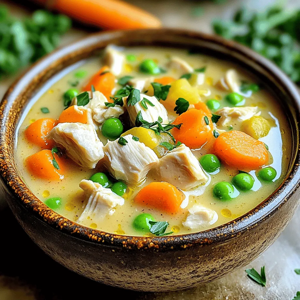 Here are the main ingredients you need for this warm soup: - 1 lb boneless, skinless chicken breasts, diced - 1 tablespoon extra virgin olive oil - 1 medium onion, finely diced - 2 cloves garlic, minced - 3 medium carrots, peeled and diced - 2 celery stalks, diced - 1 cup frozen green peas - 4 cups low-sodium chicken broth - 1 cup unsweetened almond milk (or any non-dairy milk) - 1 teaspoon dried thyme - 1 teaspoon dried rosemary - ½ teaspoon salt (adjust to taste) - ¼ teaspoon freshly ground black pepper - ½ cup whole wheat pastry flour (or regular whole wheat flour) - Fresh parsley, chopped, for garnish You can make swaps if you need to! Here are some ideas: - Use turkey instead of chicken for a leaner option. - Swap almond milk for any plant-based milk like oat or soy. - If you want to cut carbs, skip the flour and use cornstarch. - Add more veggies like bell peppers or spinach for extra nutrients. - Use coconut oil if you prefer a different fat for cooking. Each ingredient offers health perks: - Chicken: High in protein, great for muscle health. - Olive oil: Rich in good fats, good for heart health. - Onion and garlic: Packed with antioxidants and good for immunity. - Carrots: Full of beta-carotene, great for vision. - Celery: Low in calories, helps keep you hydrated. - Green peas: Good source of fiber and protein. - Low-sodium chicken broth: Keeps sodium low while adding flavor. - Almond milk: Low in calories and adds creaminess without dairy. - Thyme and rosemary: Add flavor and have anti-inflammatory properties. - Whole wheat flour: Offers fiber and helps with digestion. - Parsley: Provides vitamins and adds freshness to the dish. This healthy chicken pot pie soup is not only comforting but also packed with nutrients. Enjoy making it with the full recipe! To make Healthy Chicken Pot Pie Soup, start by gathering your ingredients. You will need: - 1 lb boneless, skinless chicken breasts, diced - 1 tablespoon extra virgin olive oil - 1 medium onion, finely diced - 2 cloves garlic, minced - 3 medium carrots, peeled and diced - 2 celery stalks, diced - 1 cup frozen green peas - 4 cups low-sodium chicken broth - 1 cup unsweetened almond milk - 1 teaspoon dried thyme - 1 teaspoon dried rosemary - ½ teaspoon salt - ¼ teaspoon freshly ground black pepper - ½ cup whole wheat pastry flour - Fresh parsley, chopped Now, prepare each ingredient. Wash and chop your veggies. Dice the chicken into small pieces. Mince the garlic and chop the parsley. In a large pot, heat the olive oil over medium heat. Add the chicken and cook for about 5-7 minutes. Make sure the chicken is no longer pink. Once cooked, remove the chicken and set it aside. In the same pot, add the diced onion and minced garlic. Cook for 3-4 minutes until the onion is soft. Next, add the diced carrots and celery. Stir and cook for another 5 minutes. Sprinkle the whole wheat pastry flour over the veggies. Mix well and cook for one more minute. This step helps the soup thicken later. Slowly pour in the chicken broth and almond milk while stirring. This keeps lumps from forming. Return the chicken to the pot. Add thyme, rosemary, salt, black pepper, and frozen peas. Mix everything well. Bring the soup to a gentle boil. Then, lower the heat and let it simmer for 20 minutes. Stir occasionally until the veggies are tender and the soup thickens slightly. To get the best texture for your soup, use whole wheat pastry flour. This flour adds a nice body to the soup. Stir constantly when you add the liquids to avoid lumps. If the soup seems too thick, add a little more broth or almond milk to reach your desired consistency. If you want it creamier, try adding more almond milk at the end. Taste the soup before serving. Adjust the salt and pepper if needed. Serve hot with fresh parsley on top. This adds flavor and a pop of color. For the full recipe, check the section above. Enjoy your cooking! To boost flavor without extra calories, use herbs and spices. Fresh thyme and rosemary work great. You can also add a splash of lemon juice. This adds brightness without fat. Try using low-sodium broth for a richer taste. It keeps the soup light yet flavorful while maintaining a healthy profile. One common mistake is overcooking the chicken. This makes it tough and dry. Cook it just until no longer pink, then set it aside. Another mistake is using too much flour. It can make the soup thick and heavy. Start with half a cup and adjust as needed. Lastly, don’t skip the garnishing. Fresh parsley adds flavor and looks great! I recommend using a large pot for even cooking. A heavy-bottomed pot helps prevent burning. If you want a creamier soup, blend part of it after cooking. This gives a smooth texture while keeping some chunky bits. You can also use a slow cooker. Just sauté the chicken and veggies first, then cook on low for 6-8 hours. This enhances the flavors beautifully. For the full recipe, check it out [here](Full Recipe). {{image_4}} You can make this soup without chicken. Use firm tofu or chickpeas instead. Both add protein and texture. Swap the chicken broth for vegetable broth for a rich flavor. Use almond milk or any other plant-based milk to keep it creamy. You can also add more veggies like mushrooms, zucchini, or corn for extra color and taste. If you need a gluten-free version, replace the whole wheat flour with gluten-free flour. This keeps the soup thick and hearty. Make sure your broth is also gluten-free. Most brands have options that fit. You can use cornstarch mixed with water as a thickener if needed. It works well and stays gluten-free. To give your soup a unique twist, add different herbs and spices. Fresh dill or parsley can brighten the flavors. For some heat, try a pinch of cayenne pepper. You can also toss in more vegetables, like green beans or sweet potatoes. These add both nutrition and flavor. Enjoy experimenting to find your favorite mix! For the full recipe, check out the detailed instructions above. To keep your Healthy Chicken Pot Pie Soup fresh, let it cool. Once cool, transfer it to an airtight container. Make sure to store it in the fridge. This soup stays good for about 3 to 4 days. Avoid leaving it out for long to prevent spoilage. When you are ready to enjoy your soup again, gently reheat it. You can do this on the stove over medium heat. Stir it often to prevent sticking. If the soup is too thick, add a splash of water or broth. Heat until it is warm throughout. You can also use the microwave. Just heat in short bursts, stirring in between. If you want to store your soup longer, freezing is a great option. Before freezing, let it cool completely. Use freezer-safe containers or bags, leaving some space for expansion. Label the containers with the date. The soup can freeze well for about 2 to 3 months. When you want to eat it, thaw it in the fridge overnight. Then, reheat as mentioned before. Enjoy your comforting soup anytime! Yes, you can! Try turkey, beef, or even seafood. Each option brings a unique taste. For turkey, use the same amount as chicken. For beef, choose lean cuts and cut them small. Seafood like shrimp or fish adds a fresh twist. Just adjust cooking times to ensure everything cooks well. One great way is to use unsweetened almond milk, which is low in calories. You can also blend a portion of the soup. This thickens it while keeping it light. Another option is to add pureed cauliflower or silken tofu for creaminess without many calories. These ingredients boost the soup's texture without heavy cream. This soup pairs well with whole-grain bread or a fresh salad. Bread adds a nice crunch and helps soak up the soup. A simple green salad with a light dressing keeps things fresh. You can also serve it with roasted veggies for added flavor and nutrients. Check out the Full Recipe for more ideas! This blog post shared the keys to making a healthy chicken pot pie soup. We covered the main ingredients, alternatives, and the benefits of each. You learned how to prepare and cook the soup, with tips for the perfect texture. We also discussed variations for different diets and how to store your soup. In the end, this dish is flexible and easy to make. You can adjust it to fit your tastes and needs. Enjoy creating your own healthy soup!