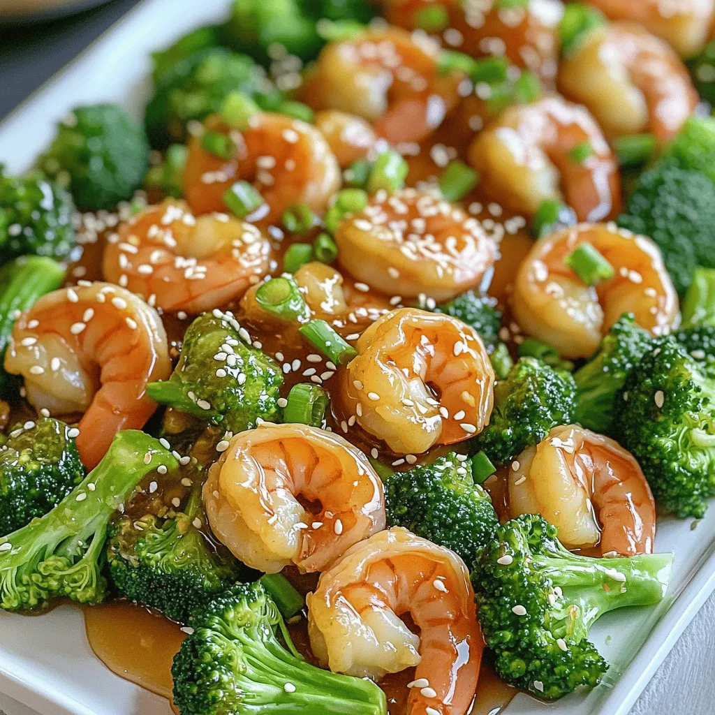 - 1 pound large shrimp, peeled and deveined - 2 cups broccoli florets - 3 tablespoons honey - 4 tablespoons low-sodium soy sauce - 3 cloves garlic, finely minced - 1 tablespoon fresh ginger, finely minced - 2 tablespoons sesame oil - 1 tablespoon cornstarch mixed with 2 tablespoons water - Sesame seeds for garnish - Chopped green onions for garnish Gathering these ingredients sets the stage for a fantastic dish. Start with large shrimp, as they hold up well during cooking. Broccoli florets add crispiness and color. Honey gives the dish a sweet touch. The soy sauce brings saltiness that balances the sweet. Garlic and ginger add layers of flavor. Sesame oil introduces a rich, nutty taste. Cornstarch helps thicken the sauce perfectly. Finally, sesame seeds and green onions add a lovely finish. For the full recipe, check out the detailed steps. To make the marinade, mix honey, soy sauce, garlic, and ginger in a bowl. Ensure the garlic and ginger are finely minced. This step is key for flavor. Next, add the shrimp. Coat them well in the marinade for the best taste. Cover the bowl and place it in the refrigerator. I recommend marinating for 15-20 minutes. This helps the shrimp soak up the flavors. While the shrimp marinates, it’s time to prepare the broccoli. Bring water to a boil in a pot. Place broccoli florets in a steamer basket. Steam them for 3-4 minutes. This gives the broccoli a bright green color and keeps it tender-crisp. Be careful not to overcook. Overcooked broccoli can turn mushy and lose its vibrant look. Heat sesame oil in a large pan over medium-high heat. Take the marinated shrimp from the bowl, but save the marinade. Add the shrimp to the hot pan in a single layer. Cook for 2-3 minutes, turning them occasionally. They should turn pink and opaque. Once the shrimp are ready, push them to one side of the pan. Pour the reserved marinade into the other side. Stir in the cornstarch mixture to thicken the sauce. Let it bubble for about 1 minute to get a nice texture. Now it’s time to bring it all together. Add the steamed broccoli to the pan with the shrimp and sauce. Toss everything gently to mix. Make sure the shrimp and broccoli are well coated with the sauce. Cook for an extra minute to heat everything through. This step ensures that all the flavors blend beautifully. To get great shrimp, look for a few signs. Cooked shrimp should be pink and opaque. They should curl slightly but not into tight balls. Overcooking shrimp makes them tough and rubbery. To avoid this, cook shrimp for just 2-3 minutes. Remove them from heat as soon as they change color. You can add more depth to your dish by using different sauces. Try teriyaki or sweet chili sauce for a twist. You can also mix in fresh herbs. Chopped cilantro or basil can brighten the dish. These additions make it feel special and unique. This dish pairs well with different side dishes. Steamed rice or quinoa makes a great base. You can also serve it with a fresh salad for crunch. For presentation, arrange the shrimp and broccoli on a large platter. Drizzle extra sauce over the top. Finish with sesame seeds and green onions for color. This makes your meal look as good as it tastes! {{image_4}} You can change the veggies in this dish easily. Try bell peppers, snap peas, or carrots. These add great color and flavor. - Bell peppers take about 4-5 minutes to cook. - Snap peas need just 2-3 minutes to stay crunchy. - Carrots should be sliced thin and take around 3-4 minutes. Experiment with your favorite vegetables to keep it fresh and fun. If shrimp isn't your favorite, swap it out for chicken or tofu. Chicken works well and adds a nice texture. Use tender chicken breast for the best results. - Cook chicken for about 5-7 minutes until it’s no longer pink. - Tofu is a great plant-based choice. Use firm tofu for better handling and flavor. Adjust the cooking time as needed to ensure everything is cooked perfectly. Making this dish gluten-free is simple. Just use tamari instead of soy sauce. This keeps the flavor but removes gluten. For a low-sugar option, use less honey or a sugar substitute. You can still enjoy the sweet taste without the extra sugar. These variations can help you customize Honey Garlic Shrimp & Broccoli to fit your needs. Try them out for a new twist on this classic meal! To store leftovers, let the dish cool first. Place it in an airtight container. This keeps the shrimp and broccoli fresh. You can store it in the fridge for up to three days. Always check for any off smells before eating. When you reheat, use a pan on low heat. This helps keep the shrimp tender. Stir gently to warm everything evenly. You can add a splash of water or soy sauce to keep it moist. Avoid using the microwave, as it can overcook the shrimp. Yes, you can freeze this dish. However, the shrimp may lose some texture. Place it in a freezer-safe container. It can last for about two months. When ready to eat, thaw it overnight in the fridge. Reheat gently in a pan to bring back its flavor. For the full recipe, check out the section earlier in the article. I recommend marinating the shrimp for 15 to 20 minutes. This time allows the shrimp to soak up the flavors from the honey, soy sauce, garlic, and ginger. You want the shrimp to taste sweet and savory. If you marinate too long, the shrimp may become mushy. Yes, you can use frozen shrimp. Just make sure to thaw them first. Cooking from frozen can lead to uneven cooking. Thaw shrimp overnight in the fridge or place them in cold water for quick defrosting. This way, your shrimp will cook evenly and taste great. I love serving Honey Garlic Shrimp & Broccoli over steamed rice or quinoa. This adds a nice base to soak up the sauce. You can also garnish with sesame seeds and chopped green onions for a pop of color. This makes the dish look even more inviting. Yes, you can prepare some parts ahead of time. Marinate the shrimp and steam the broccoli in advance. Store them separately in the fridge. When you are ready to eat, just cook the shrimp and combine everything. This saves time and still gives you a fresh meal. This blog post shared how to make Honey Garlic Shrimp and Broccoli. We covered key ingredients like shrimp, broccoli, and honey. You learned to marinate shrimp and achieve tender broccoli. I explained stir-frying techniques and creating a smooth sauce. You now have tips for perfect shrimp and flavor boosts. Don’t forget about variations for dietary needs. Lastly, I provided storage and reheating advice. Enjoy making this tasty dish!