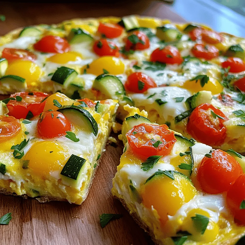 To make a tasty vegetable frittata, gather these ingredients: - 6 large eggs - 1/2 cup milk (or your favorite plant-based alternative) - 1 cup fresh spinach, thoroughly chopped - 1/2 cup bell peppers, diced - 1/2 cup cherry tomatoes, halved - 1/4 cup red onion, finely chopped - 1 cup zucchini, diced - 1 teaspoon garlic powder - 1/2 teaspoon salt - 1/4 teaspoon freshly ground black pepper - 1 teaspoon olive oil (for sautéing) - 1/2 cup shredded cheese (cheddar or feta) - Fresh herbs (such as parsley or basil) for garnish You can change the frittata to fit your taste. Here are some options: - Mushrooms, chopped - Broccoli florets - Asparagus, cut into small pieces - Kale or arugula instead of spinach - Different cheese like goat cheese or mozzarella - Fresh herbs like thyme or cilantro Each serving gives you a good balance of nutrients. Here’s what you can expect: - Calories: 230 - Protein: 15g - Carbohydrates: 6g - Fat: 17g - Fiber: 1g - Vitamin A: 30% of daily value - Calcium: 20% of daily value Feel free to check the Full Recipe for more details on making this delicious dish! First, preheat your oven to 375°F (190°C). This step is key for baking the frittata. While the oven heats, gather all your ingredients. You will need eggs, milk, spinach, and other vegetables. This is a great time to chop your veggies and measure out everything. Next, heat 1 teaspoon of olive oil in an oven-safe skillet over medium heat. A cast iron skillet works best. Once the oil is hot, add 1/4 cup of finely chopped red onion. Cook for about 2-3 minutes until it becomes soft and fragrant. Then, add 1 cup of diced zucchini and 1/2 cup of bell peppers. Stir these veggies for 4-5 minutes. They should start to soften and look bright. After that, add 1 cup of chopped spinach and 1/2 cup of halved cherry tomatoes. Cook for another minute until the spinach wilts. Now it’s time to combine everything. Pour your egg mixture over the cooked veggies. Make sure the eggs cover the vegetables evenly. Next, sprinkle 1/2 cup of shredded cheese on top. Let this cook on the stovetop for about 2 minutes. You’ll see the edges start to set. Carefully transfer the skillet to your preheated oven. Bake for 15-20 minutes. It’s done when the frittata is puffed up and fully set. Once it’s ready, take it out of the oven and let it cool for a few minutes. Slice it into wedges and garnish with fresh herbs for a lovely finish. Enjoy your vibrant vegetable frittata! For the full recipe, check the earlier section. When making a frittata, fresh vegetables make a big difference. Look for veggies that are firm and colorful. Check for bright colors, as they show ripeness. Avoid any that feel soft or have dark spots. - Spinach: Choose vibrant green leaves, free from yellowing. - Bell peppers: Pick ones that are shiny and heavy for their size. - Zucchini: Select ones that are small to medium, with smooth skin. Fresh vegetables add lots of taste and nutrition to your frittata. Cooking a frittata is simple, but some tips help it shine. Use an oven-safe skillet, like cast iron, to cook your frittata. This allows for even cooking and easy transfer to the oven. - Preheat your oven before starting. This gives a nice finish to your frittata. - Don’t rush the cooking on the stovetop. Let the veggies cook until soft. - Stir gently when adding the egg mixture. This keeps the veggies evenly spaced. These practices will make your frittata both tasty and beautiful. Timing is key for a perfectly set frittata. You want it cooked through but not dry. Here’s how to get it just right: - Keep an eye on the edges. They should start to set while the center remains a bit wobbly. - Bake at 375°F (190°C) for 15-20 minutes. Check for a puffed center and a golden top. - Let it cool slightly before slicing. This helps it hold its shape. Following these steps ensures a lovely frittata every time. For the full recipe, check out the vibrant vegetable frittata delight! {{image_4}} You can mix and match veggies in your frittata. Try using broccoli, asparagus, or mushrooms. Each one adds its unique flavor. If you have leftover vegetables, toss them in! This dish is a great way to clean out your fridge. Cheese makes every frittata better. While cheddar and feta offer great taste, you might try goat cheese or mozzarella. These cheeses melt nicely and add creaminess. Use your favorite cheese to make it just right for you. Want to make your frittata more filling? Add proteins like ham, bacon, or sausage. Cook the meat first, then mix it with the veggies. This adds flavor and makes your meal heartier. You can even use leftover cooked meats for quick prep! For more ideas, check out the Full Recipe. To store leftover frittata, let it cool to room temperature. Cut it into slices for easy storage. Place the slices in an airtight container. You can keep it in the fridge for up to three days. This helps keep it fresh and tasty! When you’re ready to eat your frittata, you can reheat it in a few ways. The best method is using the oven. Preheat it to 350°F (175°C). Place the frittata slices on a baking sheet. Heat for about 10-15 minutes until warm. If you’re in a hurry, use the microwave. Heat each slice for 30 seconds. Check it, and if it’s not warm, add more time in small bursts. If you want to save frittata for longer, freezing is a great choice. Wrap each slice in plastic wrap. Then, place the wrapped slices in a freezer bag or container. Make sure to remove as much air as possible. Label the bag with the date. You can freeze frittata for up to three months. To eat it later, just thaw it overnight in the fridge before reheating. For a quick treat, you can reheat it straight from the freezer. Just add a few extra minutes to your cooking time. For the full recipe, check out the details above! The best pan for a frittata is an oven-safe skillet. I prefer cast iron because it heats evenly. A non-stick skillet also works well, making it easy to slide out your frittata. Just ensure the handle can withstand the oven heat. Yes, you can make a frittata ahead of time. It stores well in the fridge for up to three days. Simply let it cool, then cover it tightly. You can reheat slices in the oven or microwave. This makes it a great option for meal prep! A frittata is done when the edges are set and the center is slightly puffed. You can gently shake the pan; it should not jiggle. A toothpick inserted in the middle should come out clean. This ensures a perfect, fluffy result every time. If you want the full recipe, check out the vibrant vegetable frittata delight for all the details! In this post, we explored the easy vegetable frittata, sharing ingredients and steps. You learned how to choose fresh veggies and achieve that perfect set. Frittatas are versatile, allowing for many variations and custom flavors. Store leftovers properly and enjoy them later. Remember, cooking can be fun and healthy. Each frittata you make is a chance to try new flavors. So, grab your pan and get started! You’ll love the results.
