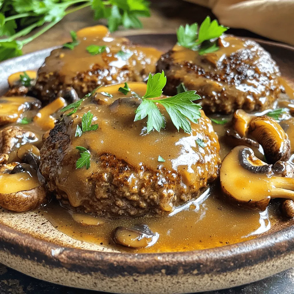 To make classic Salisbury steak, you will need: - 1 pound ground beef - 1/2 cup breadcrumbs (preferably whole wheat for added texture) - 1/4 cup freshly grated Parmesan cheese - 1/4 cup finely chopped onion - 1 clove garlic, minced - 1 large egg, beaten - 1 teaspoon Worcestershire sauce - Salt and pepper to taste - 2 tablespoons extra virgin olive oil - 2 cups beef broth (low-sodium recommended) - 1 cup sliced mushrooms (button or cremini work well) - 1 tablespoon cornstarch - 1 tablespoon cold water - Fresh parsley, finely chopped, for garnish Using high-quality ingredients makes a big difference. Choose fresh ground beef with a good fat content. A blend of 80% lean and 20% fat works best. Whole wheat breadcrumbs add a nice texture and flavor. Fresh parsley gives a pop of color and taste at the end. Always use low-sodium beef broth to control salt levels. For mushrooms, pick firm, fresh ones for the best flavor. If you don’t have beef, try ground turkey or chicken. They work well too. For a gluten-free option, use gluten-free breadcrumbs. If you need a dairy-free version, skip the Parmesan or use a vegan cheese. You can also swap mushrooms for diced bell peppers or zucchini for a different twist. Make it your own! To start, gather your ingredients. You need ground beef, breadcrumbs, Parmesan cheese, onion, garlic, egg, Worcestershire sauce, salt, and pepper. In a large bowl, combine these items. Mix them well, but don't overdo it. Overmixing can make the patties tough. Once combined, shape the mixture into four oval patties. Each should be about one inch thick for even cooking. Next, heat two tablespoons of olive oil in a skillet over medium heat. Wait until the oil shimmers. Carefully place the patties in the skillet. Make sure not to crowd them. Cook for about four to five minutes on each side. You want a nice brown crust. Check that the patties reach an internal temperature of 160°F. Once cooked, remove them from the skillet and set them aside on a plate. In the same skillet, add one cup of sliced mushrooms. Sauté them for about three to four minutes until they turn tender and golden. This step brings out their natural sweetness. Pour in two cups of beef broth, stirring to lift the flavorful bits stuck to the skillet. Let this mixture simmer gently. After a few moments, return the cooked patties to the skillet. Cover and simmer for about ten minutes. This allows the patties to soak up the gravy's rich flavor. While they simmer, mix one tablespoon of cornstarch with one tablespoon of cold water in a small bowl. Stir until smooth. After the ten minutes, add this slurry to the skillet. Stir gently for two to three minutes. This thickens the gravy to your liking. Now, your Salisbury steak is ready to serve! Place the patties on plates, generously ladle the mushroom gravy on top, and sprinkle with fresh parsley. Enjoy this easy and flavorful meal! For the full recipe, check out the detailed instructions above. To make great Salisbury steak patties, start with fresh ground beef. I like to use 80/20 beef for the best flavor and juiciness. Mix all the ingredients gently in a bowl. Be sure not to over-mix, as this can make the meat tough. Shape the patties into ovals, about one inch thick. This helps them cook evenly. Cooking temperature is key to great patties. Heat your skillet to medium heat and add olive oil until it shimmers. Place the patties in the skillet without crowding them. This helps them brown nicely. Cook each side for about 4-5 minutes. Use a meat thermometer to check the internal temperature. It should reach 160°F. This ensures that your patties are safe to eat and juicy. To boost flavor, don't skip the Worcestershire sauce. It adds a savory note. Salt and pepper are essential, so season the meat mixture well. You can also add herbs like thyme or parsley for extra taste. If you want a kick, try adding a dash of hot sauce to the mix. For a tasty gravy, make sure to scrape the bits from the skillet. They add depth to your sauce. For more details, check the Full Recipe. {{image_4}} You can easily swap beef for turkey or chicken in this recipe. Ground turkey or chicken makes a lighter dish. Use the same amounts as the beef. Cook the patties until they reach 165°F. This change keeps the meal tasty while cutting fat. If you want a meatless meal, try using lentils or mushrooms. Replace the ground beef with 1 cup of cooked lentils. Another option is to use finely chopped mushrooms mixed with oats. These ingredients hold together well and add flavor. Season the mixture like you would for the beef. You can change the sauce to fit your taste. For a BBQ twist, use your favorite BBQ sauce instead of beef broth. This gives a sweet and tangy flavor. For a fresh taste, try a herb sauce. Mix fresh herbs with olive oil and a splash of lemon juice. This brightens the dish and adds depth. Explore these variations to keep the dish exciting and delicious. For the classic recipe, refer to the Full Recipe. To store leftovers, first let them cool. Place the Salisbury steak and gravy in an airtight container. This keeps the meal fresh and tasty. Store it in the fridge. Your leftovers will last up to three days. If you want to keep them longer, consider freezing. For freezing, use a freezer-safe container. You can also wrap the steak tightly in plastic wrap and then aluminum foil. This helps prevent freezer burn. The Salisbury steak can be frozen for up to three months. When you are ready to eat, thaw it in the fridge overnight. This method keeps the texture and flavor of the meal intact. To reheat, place the Salisbury steak in a skillet over medium heat. Add a splash of broth or water to keep it moist. Cover the skillet with a lid to heat evenly. Cook for about 5-7 minutes until warm. You can also use a microwave. Place the steak on a microwave-safe plate, cover it, and heat for 2-3 minutes. Stir halfway through to ensure even heating. Enjoy your meal just like the first time! For the full recipe, check back on the previous sections. Salisbury steak comes from the United States. It was named after Dr. James H. Salisbury, a doctor in the 1800s. He believed that ground beef could help with digestion and health. The dish became popular in the late 19th century. It is a mix of ground beef, seasonings, and often served with gravy. This dish remains a classic comfort food today. Yes, you can make Salisbury steak ahead of time. You can prepare the patties and sauce earlier in the day. Just cook the patties and store them in the fridge. When you are ready to eat, warm them up in the skillet. Add the gravy and let it simmer. This will save you time and still taste great. Salisbury steak pairs well with many sides. Here are some great options: - Creamy mashed potatoes - Buttered egg noodles - Steamed green beans - Roasted vegetables - Simple salad These sides complement the savory flavors of the steak and gravy. To adjust the recipe for larger servings, simply increase the ingredients. For every additional two servings, add more ground beef, breadcrumbs, and seasonings. You may also need more gravy. Keep the same cooking times for each patty. Be sure to cook in batches if needed, so they brown nicely. For the full recipe, check the main body of the article. This post covers key ingredients, step-by-step cooking, and useful tips for Salisbury steak. You learned about quality ingredients, how to make patties, and different sauce variations. Storing leftovers and reheating them correctly ensures great meals later. In closing, I hope you feel ready to create your perfect Salisbury steak. Enjoy the flavors and don’t hesitate to experiment with the recipe to find your favorite twist!