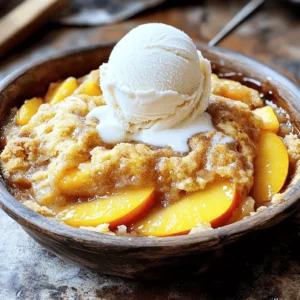 To make this easy peach cobbler, you will need: - 4 ripe peaches, peeled and sliced into thin wedges - 1 cup granulated sugar, divided into two equal parts - 1 teaspoon ground cinnamon - 1 tablespoon freshly squeezed lemon juice - 1 cup all-purpose flour - 1 tablespoon baking powder - 1/2 teaspoon fine salt - 1 cup whole milk - 1/2 cup unsalted butter, melted and slightly cooled - 1 teaspoon pure vanilla extract - Ice cream or whipped cream, for serving (optional) These ingredients combine to create a sweet and comforting dessert. The peaches add natural sweetness, while the sugar and cinnamon enhance their flavor. You will need some basic tools to make this peach cobbler: - A large mixing bowl - A separate bowl for dry ingredients - A whisk for mixing - A 9x13 inch baking dish - A spatula for spreading - An oven to bake your cobbler These tools help you mix and bake the cobbler with ease. Choosing ripe peaches is key. Here are tips to pick the best ones: - Look for peaches that are slightly soft to the touch. - Check for a sweet aroma; this means they are ripe. - Choose peaches with a rich, golden color. - Avoid any that have bruises or dark spots. Fresh, ripe peaches make all the difference in flavor. Enjoy the process of selecting your fruit, as it sets the stage for a delightful dessert. Start by washing and peeling your peaches. Use a sharp knife to slice them into thin wedges. In a large mixing bowl, add the sliced peaches. Pour in half a cup of sugar, a teaspoon of ground cinnamon, and a tablespoon of freshly squeezed lemon juice. Gently fold the mixture to coat the peaches. Let them sit for about 15 minutes. This time helps the flavors blend and softens the peaches. In another bowl, whisk together one cup of all-purpose flour, one tablespoon of baking powder, half a teaspoon of fine salt, and the remaining half cup of sugar. Ensure all the dry ingredients mix well. This step is key for a good rise in your cobbler. Now, in a different bowl, whisk together one cup of whole milk, half a cup of melted unsalted butter, and one teaspoon of pure vanilla extract. Once it's smooth, gradually add this mixture to the dry ingredients. Stir gently until just combined. It’s okay if the batter is a bit lumpy. Overmixing can make it tough. Grease a 9x13 inch baking dish with butter or cooking spray. Pour the batter into the dish, spreading it evenly across the bottom. Next, gently spoon the prepared peaches and their juices over the batter. Be careful not to stir; we want the layers to stay separate. Bake in a preheated oven at 350°F (175°C) for 40-45 minutes. The cobbler should be bubbling and golden brown. A toothpick inserted into the center should come out clean. Let it cool for about 10 minutes before serving. Enjoy this delicious peach cobbler warm with ice cream or whipped cream for a special treat. To make the best peach cobbler, use ripe peaches. Look for peaches that are firm but slightly soft to touch. They should smell sweet. Fresh peaches give the best flavor and texture. Make sure to slice them thinly. This helps them cook evenly. Always let the peach mixture sit for about 15 minutes after mixing. This allows the sugar to draw out the juices. It enhances flavor and makes the peaches tender. Another tip is to not overmix your batter. A few lumps are fine. Overmixing can make the cobbler tough. A fluffy cobbler is all about the batter. First, use fresh baking powder for the best rise. Check the expiration date on your baking powder. If it’s old, it won’t work well. Next, mix the wet and dry ingredients just until combined. If you see lumps, that’s okay. This will keep your cobbler light and airy. Lastly, pour the batter into a greased dish first. Then, gently spoon the peaches on top. This helps create that classic cobbler texture. When serving your peach cobbler, do it warm. It tastes best this way. Use individual bowls for a nice touch. Top each serving with ice cream or whipped cream. This adds creaminess that pairs well with the warm cobbler. A sprinkle of cinnamon on top makes it look fancy. For an extra pop, add fresh mint leaves as a garnish. This makes your dessert even more inviting. For the full recipe, check out the details above. Enjoy your delicious creation! {{image_4}} You can easily switch up the flavor of peach cobbler by adding other fruits. Blueberries, raspberries, or blackberries pair well with peaches. Just mix them in with the peaches. You want to keep the total fruit amount about the same. This way, you get a tasty blend without changing the texture. If you need a gluten-free version, swap out the all-purpose flour. Use a 1-to-1 gluten-free blend instead. Many brands work great in desserts. Just check the label to ensure it includes xanthan gum for the best texture. This lets you enjoy a delicious cobbler without the gluten. To make your cobbler even better, you can add spices or extracts. Try adding nutmeg or cardamom for a warm flavor. A splash of almond extract can add a lovely depth too. Just a little goes a long way. These simple tweaks can transform your peach cobbler into a unique treat. For more tips and a full recipe, check out the [Full Recipe]. To keep your leftover peach cobbler fresh, let it cool completely. Then, cover it tightly with plastic wrap or aluminum foil. You can also use an airtight container. This helps prevent moisture loss and keeps the cobbler soft. Store it in the fridge for up to 3 days. If you want to enjoy it later, freezing is a good option. Reheating peach cobbler is easy. You can use the oven or microwave. For the oven, preheat it to 350°F (175°C). Place the cobbler in an oven-safe dish and cover it with foil. Heat for about 15-20 minutes. If you prefer the microwave, put a slice on a microwave-safe plate. Heat it for about 30-45 seconds. This method warms it quickly without drying it out. To freeze peach cobbler, first let it cool. Then, cut it into slices and wrap each piece in plastic wrap. Place the wrapped slices in a freezer-safe bag. Label the bag with the date, and store it in the freezer for up to 3 months. When you are ready to eat it, thaw it in the fridge overnight. Then, reheat as mentioned above. This keeps the flavors fresh and tasty. For the full recipe, refer back to the detailed instructions. Yes, you can use canned peaches! They are a great time-saver. Drain them well to remove extra juice. This keeps your cobbler from being too soggy. You can also use frozen peaches. If you go this route, thaw and drain them first. Canned or frozen peaches can still give you a tasty dessert. You can tell the cobbler is done by looking for a golden brown top. The edges should be bubbling, and a toothpick should come out clean. I usually check around 40 minutes. If it still looks wet, let it bake a bit longer. Trust your eyes and the toothpick test for the best results. Serving suggestions can make your dessert even better. Here are some ideas: - Ice cream (vanilla is a favorite) - Whipped cream - Fresh mint leaves for a pop of color - A sprinkle of cinnamon for extra flavor Each of these adds a nice touch to your peach cobbler. Enjoy the mix of warm cobbler with cold toppings! Easy peach cobbler is simple to make and enjoy. You need fresh peaches and basic tools. Start by prepping your peaches, mix dry and wet ingredients, and assemble. Use tips for a fluffy texture and tasty serving ideas. Don’t forget to explore fruit variations and gluten-free options to please everyone. Store leftovers properly to enjoy later. Remember, making this dessert is fun and rewarding. Enjoy your delicious peach cobbler, and share the joy with friends and family!
