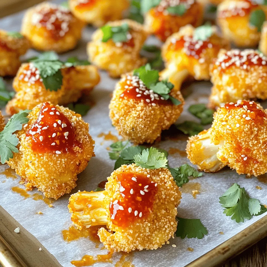 - 1 medium cauliflower, cut into bite-sized florets - 1 cup all-purpose flour - 1 cup water (you can adjust for batter thickness) - 1 teaspoon garlic powder - 1 teaspoon onion powder - 1 teaspoon paprika (smoked for an extra kick, if desired) - Salt and freshly cracked pepper to taste - 1 cup panko breadcrumbs (for that perfect crunch) - 1/2 cup sweet chili sauce (adjust based on preferred sweetness) - 1 tablespoon soy sauce (for umami depth) - 1 teaspoon sesame oil (for added fragrance) The main ingredients bring out the best in these sweet chili cauliflower wings. Cauliflower is a fantastic base since it holds flavors well. The flour and water create a smooth batter that clings to the florets. Garlic powder and onion powder add depth. Paprika gives a mild smoky flavor. Salt and pepper enhance the taste further. Panko breadcrumbs provide the crunch you crave. - 1 tablespoon sesame seeds (for garnish) - Fresh cilantro leaves (for garnish and color) Garnishes like sesame seeds add crunch and flavor. Fresh cilantro gives a pop of color and freshness. These simple touches make your dish look and taste great. - Vegan alternatives for sauces - Gluten-free options for flour If you want a vegan version, use vegan sauces. For gluten-free options, swap all-purpose flour with gluten-free flour. These swaps keep the dish just as tasty for everyone to enjoy. Preheat your oven to 425°F (220°C). This high temperature helps the wings get crispy. Line a large baking sheet with parchment paper. This makes cleanup easy and keeps the wings from sticking. In a mixing bowl, whisk together the all-purpose flour and water. Add garlic powder, onion powder, paprika, salt, and pepper. Mix until you have a smooth batter. You want it to coat the cauliflower florets well. If it’s too thick, add more water. If it’s too thin, add more flour. Take each cauliflower floret and dip it into the batter. Make sure each piece is fully covered. Let any excess batter drip off. Now, roll the floret in panko breadcrumbs. This gives the wings their perfect crunch. Place the breaded florets on the baking sheet with space between them. This helps them stay crispy while baking. Bake the cauliflower wings for 25-30 minutes. Halfway through, flip the florets. This ensures even browning and crispiness. While the wings bake, prepare the sweet chili sauce mixture. In a small saucepan, combine sweet chili sauce, soy sauce, and sesame oil. Heat over medium heat, stirring until warmed and blended. This will enhance the flavor of your wings. Once the wings are golden brown, take them out of the oven. Toss the baked wings in the warm sweet chili sauce mixture in a large bowl. Make sure each piece is well coated. Return the sauced wings to the baking sheet. Bake them for an extra 5-7 minutes. This allows the sauce to deepen in flavor and stick to the wings. After the final bake, take them out of the oven. Let them cool for a minute. Finally, garnish with sesame seeds and fresh cilantro. This adds a burst of flavor and color. For the full recipe, I’ve included all the details you need to make this delicious dish. For the best texture in sweet chili cauliflower wings, focus on the batter consistency. You want a smooth batter that coats the florets well. If it is too runny, the coating will slide off. If it is too thick, it won't stick. Aim for a medium-thick batter. To make them extra crispy, use panko breadcrumbs. They create a nice crunch. Before baking, space your florets apart on the baking sheet. This allows air to circulate and helps them crisp up. To boost flavor, add spices to the batter. Try cayenne for heat or smoked paprika for depth. You can also experiment with dried herbs like oregano or thyme. Marinating the cauliflower in sweet chili sauce before coating can infuse more flavor. Let it sit for at least 30 minutes. This simple step makes a big difference in taste. Serve your wings with tasty dips. Ranch, blue cheese, or extra sweet chili sauce work well. Pair them with fresh veggie sticks for crunch. For a stunning presentation, arrange the wings on a large platter. Drizzle extra sweet chili sauce over them. Add fresh cilantro and sesame seeds for color. This makes it perfect for gatherings or game day! For the full recipe, check out the Sweet Chili Cauliflower Wings 🥦. {{image_4}} You can change up the sweet chili sauce to fit your taste. If you like heat, try adding chili garlic sauce or sriracha. This will give your wings a spicy kick. You can also mix in lime juice or ginger for a fresh twist. Feel free to play with seasonings, too. Try adding smoked paprika for a deeper flavor. A pinch of cayenne can also amp up the spice. Fresh herbs like cilantro or parsley will add brightness. If you want a healthier option, use an air fryer. Coat the cauliflower as usual and place them in the air fryer basket. Cook at 400°F for about 15 minutes. Shake the basket halfway through to ensure even cooking. This method gives you crispy wings with less oil. Grilling is another fun option. Marinate the cauliflower in the sweet chili sauce before grilling. Place them on a hot grill for about 10 minutes, flipping halfway. This adds a smoky flavor that enhances the dish. Making these wings vegan is easy. Just ensure your sweet chili sauce is plant-based. You can also replace the soy sauce with tamari for a gluten-free version. For a low-carb or keto-friendly dish, swap the flour with almond flour. You can also skip the breadcrumbs or use crushed pork rinds for crunch. These changes keep the flavors while fitting your diet. You can find the full recipe for sweet chili cauliflower wings in the earlier sections. To store your sweet chili cauliflower wings, let them cool first. Place them in an airtight container. This keeps them fresh and tasty. You can store them in the fridge for up to three days. When you want to reheat them, preheat your oven to 375°F (190°C). Spread the wings on a baking sheet. Heat for about 10-15 minutes until they are crispy again. This method helps keep their crunch. You can also use an air fryer for about 5-7 minutes. If you want to save your cauliflower wings for later, you can freeze them. First, let them cool completely. Then, place them in a single layer on a baking sheet. Freeze for about an hour. After that, transfer them to a freezer bag. Squeeze out as much air as you can before sealing. To enjoy your frozen wings, take them out of the freezer. Thaw them in the fridge overnight. When ready to eat, preheat your oven to 375°F (190°C). Bake for about 15-20 minutes until heated through. You can also toss them in the air fryer for a quicker option. This keeps them crispy and delicious. For the full recipe and more tips, check out the full recipe. You can tell when the cauliflower wings are done by their color and texture. They should turn a lovely golden brown and feel crispy on the outside. Use a fork to poke them; they should be tender inside. Trust me, the crunch is key to a great bite! Yes, you can make sweet chili cauliflower wings ahead of time. Simply prepare the cauliflower wings as directed and bake them. After baking, let them cool completely. Store them in an airtight container in the fridge. You can reheat them in the oven for a quick snack or meal. These wings pair well with many sides. Try serving them with: - Celery sticks - Carrot sticks - A cool ranch dip - A fresh salad - Rice or quinoa for a fuller meal Absolutely! This recipe works well for meal prep. You can bake the wings in bulk and store them in the fridge. They stay crispy when reheated. Just pack them in your favorite lunch container. They are perfect for quick lunches or snacks throughout the week. Yes, you can easily adjust the spiciness level. To make it milder, use less sweet chili sauce. For more heat, add some red pepper flakes or hot sauce to the sweet chili sauce. Tweak it until it suits your taste. Cooking is all about finding what you love! For the full recipe, check the earlier sections. Enjoy your cooking! These sweet chili cauliflower wings are easy to make and fun to enjoy. We covered ingredients, step-by-step instructions, and tips for the best flavor and texture. You can customize this recipe to fit any diet or preference. Remember, variations allow for creativity, so explore different flavors and cooking methods. Store leftovers properly to enjoy them later. With this guide, you can impress friends and family with a tasty dish that suits everyone. Enjoy your cooking journey and savor every bite!