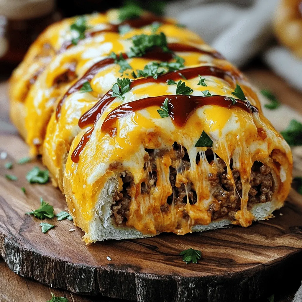 - 1 lb (450g) ground beef - 1 cup shredded cheddar cheese - 1 cup shredded mozzarella cheese The main stars of this dish are the ground beef and cheese. Ground beef gives a rich flavor and texture. Cheddar and mozzarella add creaminess and a delightful stretch. Together, they create a filling that is hard to resist. - 1/2 cup cream cheese, softened - 1/2 cup plain breadcrumbs - 1/4 cup fresh parsley, finely chopped - 1 teaspoon garlic powder - 1 teaspoon onion powder - Salt and freshly ground black pepper to taste To hold everything together, I use cream cheese and breadcrumbs. Cream cheese adds a smooth texture, while breadcrumbs help the roll keep its shape. Fresh parsley brightens up the beef mix. Garlic and onion powders bring depth to the flavor. Don’t forget to season with salt and pepper for balance. - 1 egg, lightly beaten (for binding) - 1/4 cup barbecue sauce (for topping) Adding an egg helps bind the mixture even more. This step is optional but highly recommended. If you love a sweet and tangy flavor, spread barbecue sauce on top before baking. It adds a nice glaze and extra taste to the roll. For the full recipe, check out the Ultimate Cheesy Ground Beef Roll. 1. Preheat the Oven: First, set your oven to 375°F (190°C). This heat will cook the roll just right. Next, line a baking sheet with parchment paper. This step helps prevent sticking and makes cleanup easy. 2. Mix the Filling: In a large bowl, combine the ground beef with the cheeses. Add the cream cheese and breadcrumbs too. This mix brings great flavor and texture! 1. Season the Beef Mixture: Now, add fresh parsley, garlic powder, onion powder, and salt and pepper. Make sure to mix everything well. This helps the flavors blend together. 2. Rolling and Sealing Techniques: On a clean surface, lay out plastic wrap or parchment paper. Place the beef mix in the center and shape it into a rectangle about 1/2 inch thick. Roll it tightly from one end to the other. Pinch the ends to seal the filling inside. 1. Baking Time and Temperature: Place your roll seam-side down on the baking sheet. Spread barbecue sauce on top for extra flavor. Bake for 35-40 minutes. The roll is ready when it reaches 160°F (71°C) inside. 2. Resting and Slicing for Serving: After baking, let the roll rest for about 5 minutes. This step keeps it juicy. Then, slice it into pieces of your choice. Enjoy your cheesy ground beef roll! For the full recipe, refer to the Ultimate Cheesy Ground Beef Roll. To get the right texture in your cheesy ground beef roll, you need a good mix. Start with your ground beef. It should be fresh and not too lean. Lean meat can dry out during cooking. Binding ingredients are key. The egg and cream cheese hold everything together. If your mixture is too dry, it will fall apart. If it's too wet, it won't hold shape. Aim for a thick, but workable, consistency. Adding spices and herbs can boost the flavor. I always use garlic powder and onion powder. They add depth to the beef. Fresh parsley gives a nice, bright note. You can also try adding smoked paprika for a bit of warmth. For cheese flavor, use a mix of cheddar and mozzarella. Cheddar adds sharpness, while mozzarella gives that gooey stretch. If you want it extra cheesy, add more cheese to the filling. Serving your beef roll can be fun! Slice it into thick portions and place them on a wooden platter. This adds a rustic touch. To make it pop, garnish with fresh parsley. Consider pairing it with a crisp salad or roasted veggies. It adds color and nutrition. Use a nice plate to show off those cheesy layers. A drizzle of barbecue sauce on top can make it look mouth-watering. For the full recipe, check the details above! {{image_4}} You might want to switch up the ground beef. Try ground turkey or chicken for a lighter meal. You can even use lentils or mushrooms for a tasty vegetarian option. Cheese is also flexible. If you love Swiss or gouda, feel free to mix them in. Experimenting with cheese can add a fun twist to your roll. Add extra spices like paprika or cumin to change the flavor. A splash of hot sauce can also bring some heat. Adding a few tablespoons of Worcestershire sauce can deepen the taste. Don’t forget veggies! Chopped spinach, bell peppers, or mushrooms can boost nutrition. Mix them into your filling to make your roll even more delightful. Pair your cheesy ground beef roll with fresh salad. A side of roasted veggies works well too. You can also serve it with a warm bread roll for a complete meal. For drinks, try a light red wine or iced tea. These pair nicely with the rich flavors of the roll. Explore these ideas for a well-rounded dinner! To keep your cheesy ground beef roll fresh, store it in the fridge. Use an airtight container or wrap it tightly with plastic wrap. This keeps moisture in and prevents it from drying out. You can store it for up to three days. After that, the quality may drop, and it might not taste as good. You can freeze the roll either before or after cooking. If you freeze it before cooking, shape it and wrap it tightly. Use plastic wrap, then foil to prevent freezer burn. If you freeze it after baking, let it cool completely first. Then, wrap it tightly and place it in a freezer-safe bag. It can last up to three months in the freezer. To thaw, place it in the fridge overnight. For quick thawing, you can use the microwave on defrost. After thawing, reheat according to the instructions below. To keep the roll tasty and moist, reheating is key. The best way is to use the oven. Preheat your oven to 350°F (175°C). Place the roll in an oven-safe dish and cover it with foil. This helps keep the moisture in. Heat for about 20 minutes or until warmed through. You can also use the microwave for quick reheating. Place slices on a microwave-safe plate and cover with a damp paper towel. Heat in short bursts of 30 seconds until warm. However, this method may make the roll less crispy compared to the oven. For the best flavor and texture, I recommend using the oven when possible. Enjoy your cheesy ground beef roll! You can check the internal temperature. It should reach 160°F (71°C). Use a meat thermometer for accuracy. Stick it in the center of the roll. This helps ensure the beef is safe to eat. If it’s not at that temperature, continue baking. Yes, you can prepare the beef roll in advance. Mix the filling and shape the roll. Then cover it tightly in plastic wrap. Store it in the fridge for up to 24 hours. This saves time on busy days. You can also freeze it for longer storage. Just remember to thaw it before baking. I love pairing this roll with simple sides. Here are some great options: - Steamed broccoli - Mashed potatoes - A crisp garden salad - Roasted vegetables - Garlic bread For drinks, you can serve soda, iced tea, or even a nice red wine. These pair nicely with the flavors of the beef roll. This blog post covered how to make a delicious cheesy ground beef roll. You learned about the main ingredients, like ground beef and cheese, and how they come together. We discussed preparation, shaping, and cooking to ensure perfect results. Plus, I shared tips for flavor and texture, along with variations and storage ideas. Try adding your unique twist to this recipe. Enjoy your cooking adventure and share the joy of this tasty dish!
