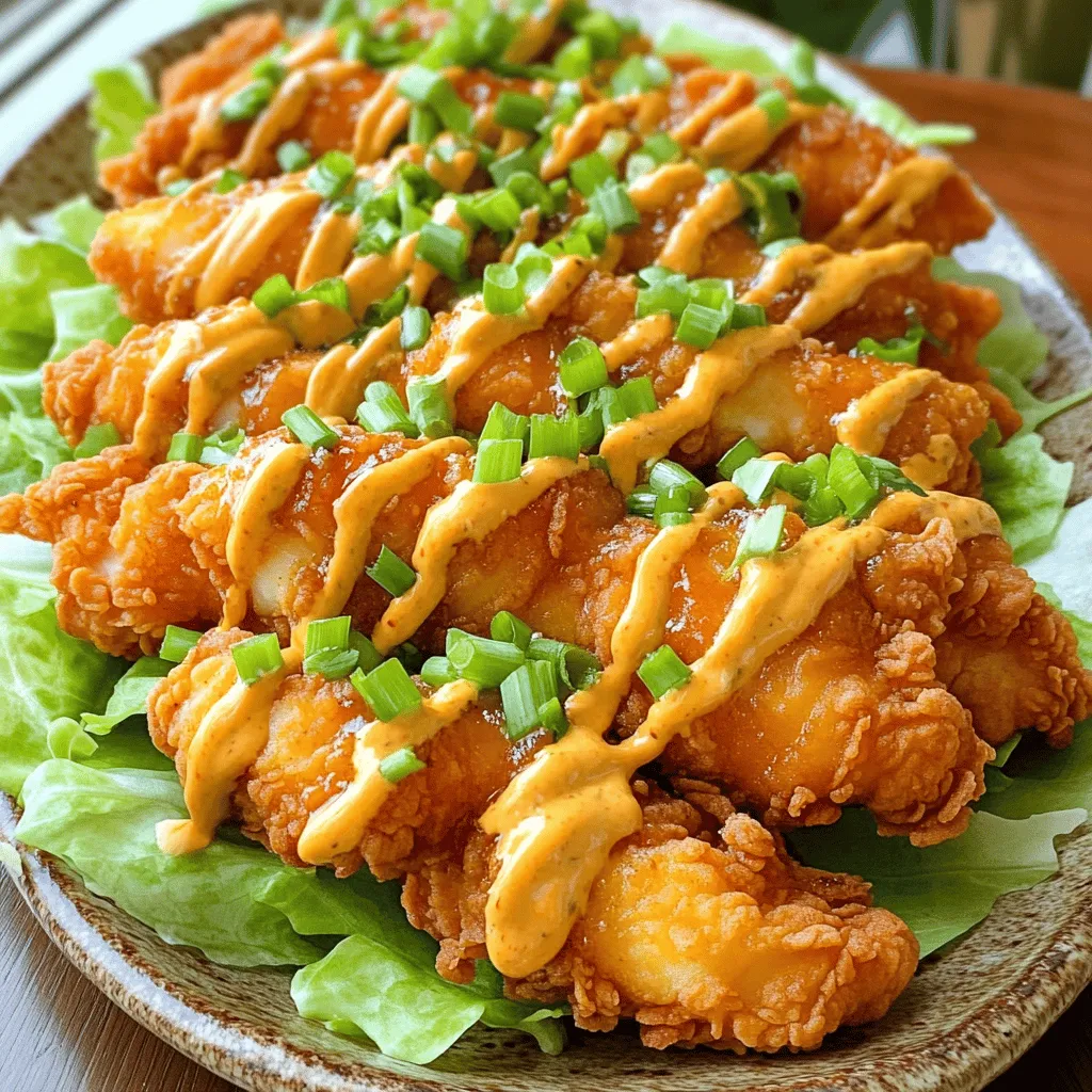 To make Bang Bang Chicken, gather these main ingredients: - 2 boneless, skinless chicken breasts - 1 cup buttermilk (or regular milk mixed with a splash of lemon juice) - 1 cup all-purpose flour - 1/2 cup cornstarch - 1 teaspoon garlic powder - 1 teaspoon onion powder - 1 teaspoon paprika - Salt and pepper to taste - Oil for frying The chicken is the star here. Buttermilk helps tenderize it and adds flavor. The mix of flour and cornstarch creates a perfect crispy coating. Next, let's make the Bang Bang Sauce. You will need: - 1/2 cup mayonnaise - 2 tablespoons sweet chili sauce - 1 tablespoon Sriracha (adjust according to your spice preference) - 1 tablespoon honey - 1 teaspoon freshly squeezed lime juice - Chopped green onions for garnish This sauce is creamy and a bit sweet. The Sriracha adds the right amount of heat. Feel free to adjust spice levels to suit your taste. If you want to change things up, here are some ideas: - Swap chicken for tofu or shrimp for a different protein. - Use gluten-free flour if you need a gluten-free option. - Instead of mayonnaise, try Greek yogurt for a lighter sauce. These changes can give Bang Bang Chicken a new twist. You can find the Full Recipe to explore all these options. To start, take your chicken breasts. Place them in a bowl. Pour in the buttermilk. You can use regular milk with lemon juice if you prefer. Make sure the chicken is fully coated. Let it marinate for at least 30 minutes. For the best taste, marinate overnight in the fridge. This step tenderizes the meat and adds flavor. Next, prepare the breading. In a separate bowl, mix flour, cornstarch, garlic powder, onion powder, and paprika. Add salt and pepper to taste. This mixture gives the chicken a nice crunch. Once the chicken has marinated, take it out. Let excess buttermilk drip off. Dredge the chicken in the flour mix. Ensure it’s fully covered. This will create a crispy outer layer. Now, it’s time to cook. Heat oil in a large pan over medium-high heat. You want enough oil to cover the bottom. When the oil shimmers, it’s ready. Carefully place the breaded chicken in the hot oil. Cook for about 5 to 7 minutes per side. The chicken should turn golden brown and crispy. Check the internal temperature; it should reach 165°F (75°C). Once cooked, place the chicken on paper towels to drain excess oil. Enjoy your Bang Bang Chicken with the sauce from the Full Recipe. To make your chicken crispy, you must follow a few key steps. First, marinate your chicken in buttermilk. This adds moisture and flavor. Let it soak for at least 30 minutes, or overnight for the best results. Next, mix flour and cornstarch together. The cornstarch gives an extra crunch. Coat each chicken piece well in this mixture. When frying, make sure the oil is hot enough. If it shimmers, it’s ready. Fry the chicken for about 5-7 minutes per side. This ensures a golden brown color. The Bang Bang sauce can be spicy or mild based on your taste. To make it hotter, add more Sriracha. Start with one tablespoon and adjust as needed. If you prefer less heat, cut back on the Sriracha. You can also add more honey to balance the spice. A squeeze of lime juice adds brightness. Always taste the sauce as you mix. This way, you can find your perfect level of spice. For a fun presentation, cut the chicken into strips. Drizzle the Bang Bang sauce on top or serve it on the side for dipping. You can garnish with chopped green onions for color. To add more crunch, serve with a fresh salad. A mix of greens and colorful veggies works great. For a complete meal, consider pairing it with rice or noodles. This adds a nice balance to the dish. Don’t forget to check out the full recipe for more tips! {{image_4}} You can switch the chicken for other proteins. Tofu offers a great plant-based choice. Use firm tofu for the best texture. Just press it to remove excess water. Then, cut it into pieces and marinate it like chicken. You can also try shrimp for a quick and tasty option. Use large shrimp, peel them, and marinate them too. Both options give the dish a fresh twist. Making Bang Bang Chicken gluten-free is easy. For the breading, replace all-purpose flour with a gluten-free blend. Ensure the cornstarch you use is certified gluten-free. This way, you still get that crispy texture. Check the sauce ingredients too. Some mayonnaise brands may contain gluten, so choose a safe one. With these swaps, everyone can enjoy the same great taste. While the classic Bang Bang sauce is delicious, feel free to explore other flavors. You could try a spicy peanut sauce for a new take. Simply blend peanut butter, soy sauce, and a bit of honey. Another option is a tangy yogurt sauce. Mix yogurt with garlic, lemon, and herbs for freshness. These alternatives keep your meals exciting and full of flavor. For the original recipe, check out the Full Recipe. After you enjoy your Bang Bang Chicken, let it cool. Place any leftovers in an airtight container. This keeps the chicken moist and prevents it from absorbing other smells. Store it in the fridge. It will stay fresh for up to three days. If you want to keep it longer, you can freeze it. Wrap the chicken tightly in plastic wrap and then in foil. It can last for up to three months in the freezer. When it's time to eat your leftovers, make sure to reheat them well. For best results, use an oven. Preheat it to 350°F (175°C). Place the chicken on a baking sheet and cover it with foil. Heat for about 15-20 minutes. This keeps the chicken crispy. If you're in a hurry, you can use the microwave. Heat it in short bursts, about 30 seconds each time. Check it to avoid drying it out. The Bang Bang Sauce can last longer than the chicken. If you store it in a sealed container, it can stay good for up to a week in the fridge. For longer storage, freeze it in an ice cube tray. Once frozen, pop the cubes into a bag. This way, you can take out small amounts as needed. Just remember to label the bag with the date so you know when you made it. Bang Bang Chicken is a tasty dish from Asian cuisine. It features crispy chicken coated in a spicy, creamy sauce. The chicken is first marinated to keep it juicy and tender. Then, it gets a crunchy breading before frying. The sauce combines mayonnaise, sweet chili, and Sriracha for a punch of flavor. This dish is a perfect mix of crunchy, spicy, and creamy. Yes, you can prepare some parts of Bang Bang Chicken ahead of time. You can marinate the chicken in buttermilk for up to overnight. The breading can be mixed and stored in a sealed bag. However, I suggest frying the chicken fresh for the best crunch. You can also make the sauce ahead and store it in the fridge. Bang Bang Chicken goes well with many sides. Here are a few options: - Steamed rice or jasmine rice - Fresh salad with light dressing - Stir-fried vegetables - Crispy spring rolls - Noodles tossed in soy sauce These sides add balance to the meal and complement the flavors of the chicken. Yes! You can try different sauces if you want to mix it up. Consider using a peanut sauce for a nutty taste. A sweet and sour sauce can also work well. You can even make a yogurt-based sauce for a lighter option. The key is to match the sauce with the crispy chicken for the best experience. Store leftover Bang Bang Chicken in an airtight container. Make sure it is cool before sealing. Keep it in the fridge for up to three days. For best results, reheat it in the oven. This helps keep the chicken crispy instead of soggy in the microwave. Reheating in the oven is the best choice. Preheat your oven to 375°F (190°C). Place the chicken on a baking sheet. Heat for about 10-15 minutes until warm. This method keeps the chicken crispy and delicious. If you are in a hurry, a skillet can work too. Heat a bit of oil, then fry the chicken until hot. Absolutely! You can adjust the spice level in the sauce. Add more Sriracha if you like it hot. You can also mix in some cayenne pepper or chili flakes. Start with a little and taste as you go. This way, you can find the perfect heat level for your taste buds. This article covered the key ingredients for Bang Bang Chicken and its sauce. We explored how to prepare, cook, and serve this dish perfectly. You learned tips to make your chicken crispy and adjust the spice level to your taste. We also discussed variations and how to store leftovers properly. Bang Bang Chicken is fun to make and enjoy. Now you can impress your family and friends with this flavorful dish. Dive in, get cooking, and enjoy every bite!