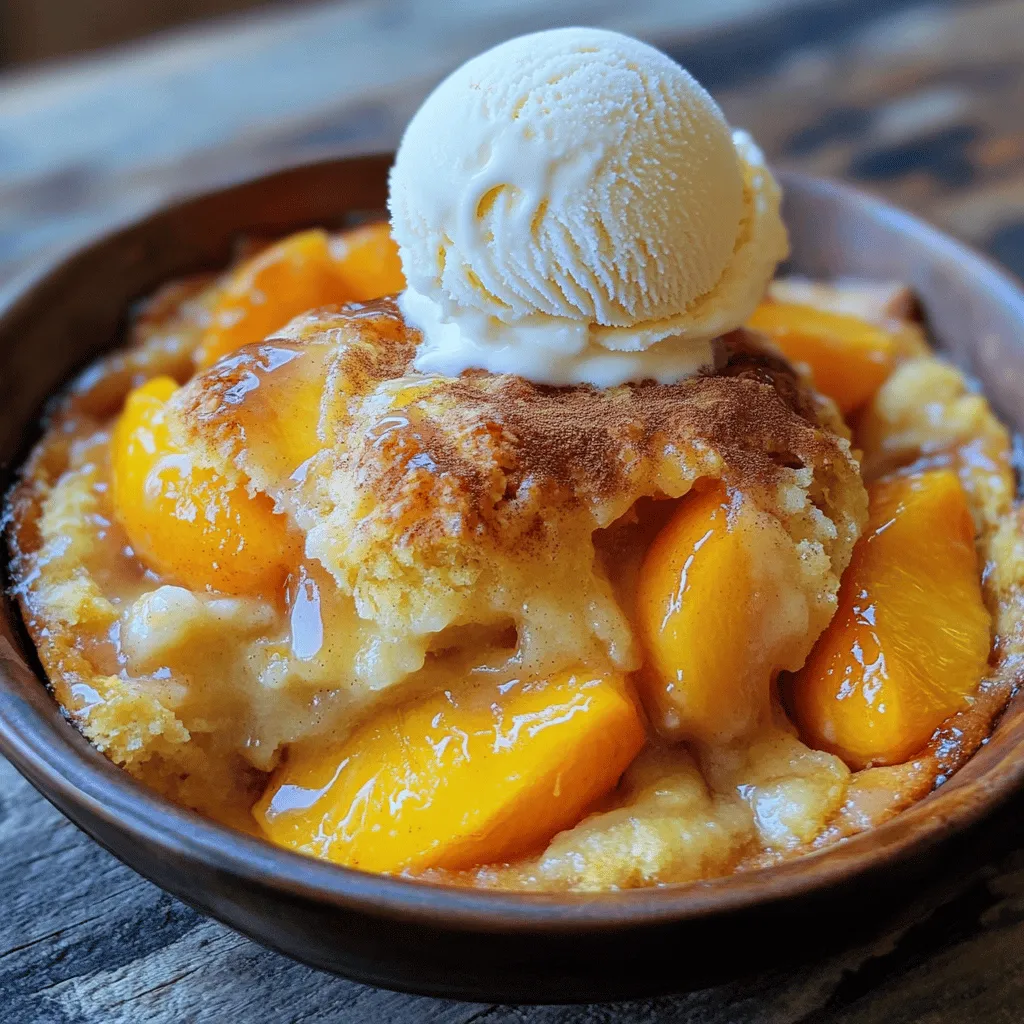 Here are the simple ingredients you need for this easy peach cobbler: - 4 cups fresh peaches, sliced (or 2 cans of peaches, drained and rinsed) - 1 cup granulated sugar (divided into two ½-cup portions) - 1 teaspoon pure vanilla extract - 1 tablespoon fresh lemon juice - 2 teaspoons ground cinnamon (divided) - 1 cup all-purpose flour - 1 teaspoon baking powder - ½ teaspoon salt - 1 cup whole milk - ½ cup unsalted butter, melted - Optional: Vanilla ice cream for serving Fresh peaches shine in this recipe. If you use canned peaches, rinse them well. This helps remove extra syrup. Sugar helps bring out the sweetness of the peaches. You will use half for the fruit and half for the batter. The vanilla extract adds a warm flavor, while lemon juice brightens up the dish. Ground cinnamon brings a warm spice that pairs well with peaches. You'll need flour, baking powder, and salt for the batter. These create a light, fluffy texture. Whole milk and melted butter keep the batter moist. For an extra treat, serve your cobbler with vanilla ice cream. The creaminess balances the warm, sweet peaches perfectly. For the full recipe, check out the detailed instructions. To start, you need fresh peaches. If you have them, peel off the skin. Next, slice the peaches into thick wedges. Place the slices in a bowl. Now, add ½ cup of sugar, vanilla extract, lemon juice, and 1 teaspoon of cinnamon. Toss the peaches gently. Let them sit for about 10 minutes. This helps the juices mix in. Grab another bowl for the dry ingredients. Mix the flour, the rest of the sugar, baking powder, salt, and the other teaspoon of cinnamon. Use a whisk to blend these ingredients. In a new bowl, combine the milk and melted butter. Pour this wet mix into the dry ingredients. Stir gently until blended. It’s okay if the batter is a bit lumpy. Grease your baking dish with butter. Pour the batter into the dish and spread it evenly. Now, take the peach mix and spoon it over the batter. Do not stir! This keeps the layers nice. Preheat your oven to 350°F (175°C) and bake for 45-50 minutes. The top should be golden brown. A toothpick must come out clean when you test it. Once done, let it cool for 10 minutes before serving. This makes the flavors blend better. You can find the Full Recipe for more details. To make a great peach cobbler, keep a few things in mind. - Avoiding over-mixing the batter: When you mix the batter, stir just enough to combine. A few lumps are okay. Over-mixing makes the cobbler dense and tough. You want it light and fluffy. - Ideal oven temperature for baking: Always preheat your oven to 350°F (175°C). A hot oven helps the batter rise and brown. If your oven is too cool, the cobbler may not cook evenly. Serving your cobbler is just as important as making it. Here are some ideas: - Best ways to serve warm: Serve the cobbler warm from the oven. This warms the peaches and makes the batter soft. Use a spoon to scoop it into bowls. - Adding extras for flavor enhancement: For a tasty twist, top each bowl with vanilla ice cream. The cold ice cream melts into the warm cobbler, creating a delicious contrast. You can also drizzle some peach juices over the top for extra flavor. Enjoy your Easy Peach Cobbler Delightful and Simple Dessert with these tips for the best experience! For the complete recipe, check out the Full Recipe section. {{image_4}} You can swap peaches for other fruits. Try berries, apples, or plums. Each fruit brings its own flavor. For berries, like blueberries or raspberries, use about 4 cups. For apples, slice them thin and mix with the same sugar and spices. Adjust the sweetness if the fruit is very sweet or tart. Add less sugar for tart fruit and more for sweeter ones. A pinch of nutmeg can add warmth to any fruit mix. If you need a gluten-free option, replace all-purpose flour with a gluten-free blend. Many blends work well in baking. Just ensure it has xanthan gum for texture. For a vegan cobbler, swap milk with almond or oat milk. Use coconut oil instead of butter. This keeps the rich flavor while making it plant-based. You can also use flax eggs as a binder. Mix 1 tablespoon of flaxseed meal with 2.5 tablespoons of water. Let it sit for a few minutes before adding it to your mix. To keep your peach cobbler fresh, store it in the fridge. Use an airtight container to prevent it from drying out. If you have a large amount, cover the baking dish tightly with plastic wrap. This method keeps the flavors intact for up to three days. When reheating, preheat your oven to 350°F (175°C). Place the cobbler in the oven for about 15 minutes. This helps to keep the crust crisp. For quick reheating, use a microwave. Heat it for 30 seconds, then check. If it needs more time, heat in 10-second bursts. Freezing peach cobbler is easy. First, let it cool completely. Then, cut it into portions. Wrap each piece tightly in plastic wrap. Place the wrapped pieces into a freezer bag. This way, you can enjoy them later! Make sure to label the bag with the date. You can freeze it for up to three months. When you're ready to enjoy it again, remove a piece from the freezer. Thaw it in the fridge overnight. If you want to eat it warm, preheat the oven to 350°F (175°C) again. Bake the cobbler for about 20-25 minutes. This will revive the flavor and texture, just like fresh! For a quick option, you can microwave it, but the oven is best. For the full recipe, check out the Peachy Keen Cobbler section. What can I substitute for fresh peaches? You can use canned peaches or frozen peaches. If using canned peaches, choose ones without added sugar. For frozen peaches, thaw them first and drain excess liquid. This helps keep the cobbler from being too watery. How do I know when the cobbler is done baking? Look for a golden brown top. Insert a toothpick in the center. If it comes out clean, the cobbler is ready. The edges should be bubbly, and the center should feel firm to the touch. Can I make this peach cobbler ahead of time? Yes, you can prepare the peach mixture a day before. Store it in the fridge. Mix the batter and assemble the cobbler the next day. This saves time and keeps everything fresh. How to keep the cobbler from becoming soggy Make sure to drain canned or frozen peaches well. You can also bake the cobbler longer if the center seems too wet. This helps the batter cook fully and absorb juices. Best types of peaches to use for optimal flavor Use ripe, juicy peaches for the best taste. Yellow peaches are sweet and flavorful. White peaches are also great for a more delicate flavor. Look for peaches that are slightly soft when gently squeezed. To make a great peach cobbler, you need fresh peaches, sugar, and spices. I shared simple steps for prepping the peaches, making the batter, and baking. Remember to avoid over-mixing for the best texture. You can try other fruits or adjust for dietary needs as well. Store leftovers properly and enjoy them later. Peach cobbler is simple and rewarding to make. Your friends and family will love it, so get baking!