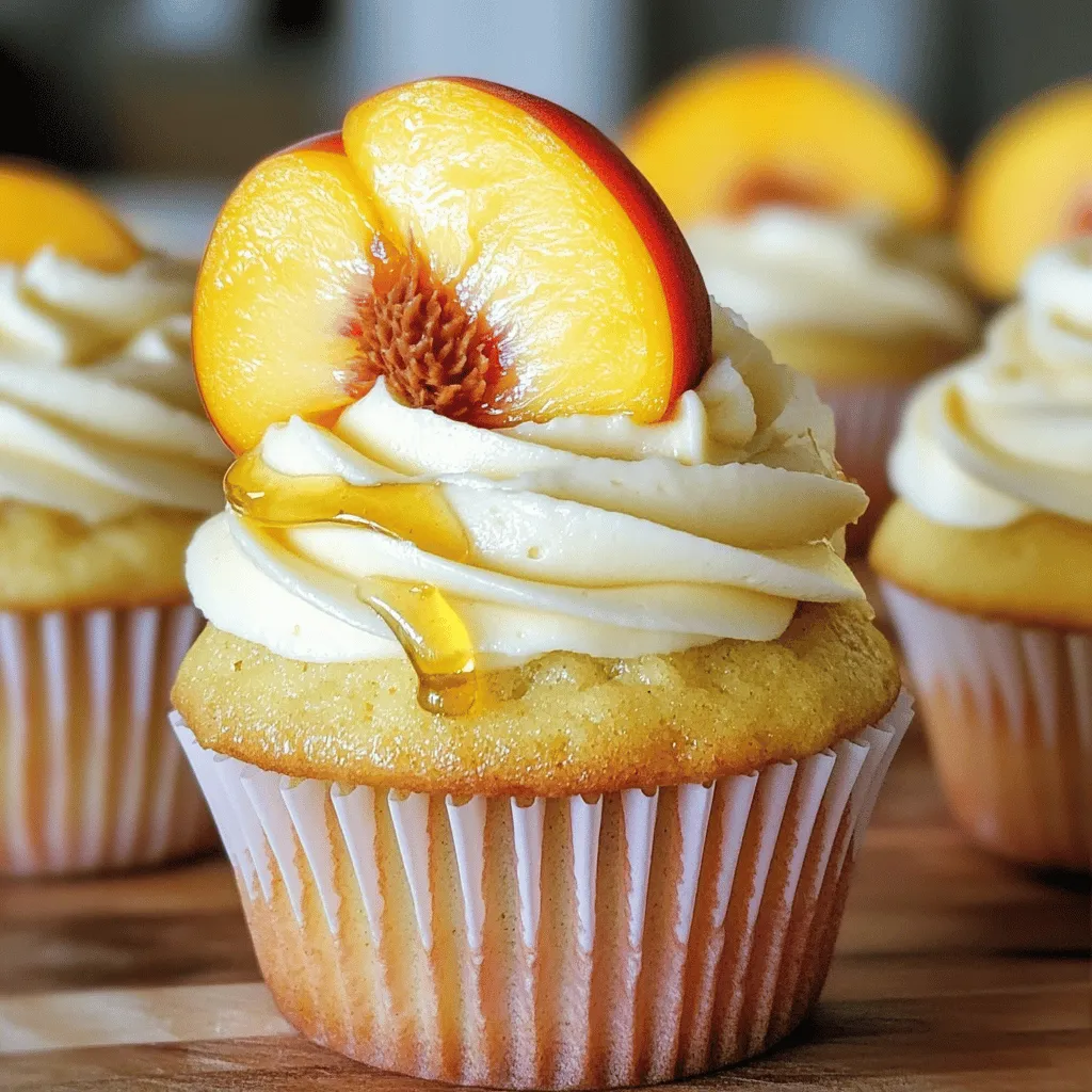 To make these sweet treats, you will need: - 1 cup all-purpose flour - 1/2 teaspoon baking powder - 1/4 teaspoon baking soda - 1/4 teaspoon salt - 1/2 cup unsalted butter, softened to room temperature - 1/2 cup granulated sugar - 1/4 cup honey - 2 large eggs, at room temperature - 1 teaspoon pure vanilla extract - 1/2 cup cream cheese, softened - 1 large ripe peach, peeled and diced into small pieces - 1/4 teaspoon ground cinnamon - 1/4 cup powdered sugar, for frosting You can swap out some ingredients if needed: - Butter: Use coconut oil for a dairy-free option. - Honey: Maple syrup works well for a vegan treat. - Cream Cheese: Try a dairy-free cream cheese for a vegan twist. - Peach: Swap with other fruits like apricots or berries. Here are the tools you’ll need: - 12-cup muffin pan - Cupcake liners - Mixing bowls (medium and large) - Electric mixer - Whisk - Spatula - Toothpick (for testing cupcake doneness) - Wire rack for cooling These ingredients and tools make the perfect setup for your Honey Peach Cream Cheese Cupcakes. Happy baking! For the full recipe, see below. To start, preheat your oven to 350°F (175°C). Grab a 12-cup muffin pan and line it with colorful cupcake liners. This adds fun to your baking. In a medium bowl, mix 1 cup of all-purpose flour, 1/2 teaspoon of baking powder, 1/4 teaspoon of baking soda, and 1/4 teaspoon of salt. Whisk them well and set aside. In a larger bowl, cream together 1/2 cup of softened unsalted butter, 1/2 cup of granulated sugar, and 1/4 cup of honey. Beat this mixture on medium speed until it gets light and fluffy. This takes about 3 to 5 minutes. Next, add 2 large eggs one at a time. Mix well after each egg. Then, stir in 1 teaspoon of pure vanilla extract and 1/2 cup of softened cream cheese. Blend until smooth. Now, slowly add the flour mixture to the wet ingredients. Mix gently until just combined. Don’t overmix or your cupcakes will be tough. Using a spatula, fold in 1 large ripe peach, peeled and diced, along with 1/4 teaspoon of ground cinnamon. This adds great flavor and sweetness. Spoon the batter into the prepared cupcake liners, filling each about two-thirds full. This gives them room to rise while baking. Place the muffin pan in the oven and bake for 18 to 20 minutes. To check if they are done, insert a toothpick into the center of a cupcake. If it comes out clean, they are ready. Once baked, let the cupcakes cool in the pan for about 5 minutes. After that, move them to a wire rack to cool completely before frosting. For the frosting, use the remaining softened cream cheese and mix in 1/4 cup of powdered sugar. Beat until it’s smooth and creamy. Once your cupcakes are fully cool, frost each one generously with the cream cheese mix. For extra flair, top each frosted cupcake with a small slice of fresh peach and a drizzle of honey. This adds a lovely touch and enhances the sweetness. Enjoy this delightful treat! For the full recipe, check the details above. Baking can be tricky, but knowing common mistakes helps. Here are some key points: - Measuring Ingredients: Always use the right tools. Use dry measuring cups for flour and sugar. Liquid measuring cups work best for honey and other liquids. - Overmixing Batter: Mix just until combined. Overmixing makes cupcakes tough. You want light and fluffy treats. - Not Preheating the Oven: Always preheat your oven. This step helps your cupcakes rise properly. An oven that's too cool can lead to dense cupcakes. - Ignoring Cooling Time: Let your cupcakes cool before frosting. If they are still warm, the frosting will melt away. The right texture is key to great cupcakes. Here are my best tips: - Use Room Temperature Ingredients: Butter, eggs, and cream cheese should be at room temperature. This helps create a smooth batter and better texture. - Don’t Skip the Creaming Step: Cream butter and sugar well. This step adds air and makes your cupcakes light. - Fold in the Peaches Gently: When adding peaches, fold carefully. This keeps the batter airy and prevents it from collapsing. Adding ingredients can boost flavor. Here are some ideas: - Use Fresh Herbs: A hint of mint or basil can brighten the flavors. Try adding finely chopped mint to the batter for a refreshing twist. - Add Zest: Grate a little lemon or orange zest into the batter. The zest adds a bright note that pairs well with peaches. - Try Different Sweeteners: Instead of just honey, you can mix in brown sugar or maple syrup. This adds depth and richness to the flavor. Explore these tips as you bake your Honey Peach Cream Cheese Cupcakes. For the full recipe, check out the details earlier! Enjoy making these delightful treats! {{image_4}} You can switch the peaches for other fruits. Try ripe strawberries, sweet blueberries, or juicy raspberries. Each fruit brings its own flavor and color. This helps your cupcakes look and taste unique. Experimenting with fruits lets you create your own special recipe. Adding spices or extracts can boost flavors. Consider adding a dash of nutmeg for warmth. A touch of almond extract gives a nice twist. For a fun kick, mix in a bit of ginger. These small changes can make a big difference in taste. If you want gluten-free cupcakes, use a gluten-free flour blend. Many blends work well in baking. Just make sure to check the package for best results. You can still enjoy all the flavors without gluten. These gluten-free options keep the spirit of the Honey Peach Cream Cheese Cupcakes alive. To keep your Honey Peach Cream Cheese Cupcakes fresh, follow these tips. First, let the cupcakes cool completely after baking. Then, store them in an airtight container. This helps prevent them from drying out. If you want to keep them moist, you can add a slice of bread in the container. The bread will absorb extra moisture. Freezing cupcakes is a great way to enjoy them later. Start by allowing the cupcakes to cool down completely. Next, wrap each cupcake in plastic wrap. After that, place the wrapped cupcakes in a freezer-safe bag. Label the bag with the date. They can stay in the freezer for up to three months. When you want to enjoy one, take it out and let it thaw in the fridge overnight. Honey Peach Cream Cheese Cupcakes last about three days at room temperature. If you store them in the fridge, they can last about a week. However, you should check for signs of spoilage. If you see any mold or an off smell, it’s best to toss them. The texture might change after a few days, too. Fresh cupcakes should feel soft and moist. If they feel hard or dry, they are past their prime. Yes, you can use canned peaches. Drain them well and chop them into small pieces. Fresh peaches add a bright flavor and juicy texture, but canned peaches work well too. They can make the cupcakes softer and sweeter. Just remember to adjust the honey if the canned peaches are syrupy. You can make several swaps to match dietary needs. For a gluten-free version, use a gluten-free flour blend. If you need dairy-free cupcakes, replace butter and cream cheese with plant-based options. You can also use flax eggs instead of regular eggs. These changes make the recipe more inclusive while still keeping it delicious. To reheat leftover cupcakes, set your oven to 350°F (175°C). Place the cupcakes on a baking sheet and cover them with aluminum foil. Heat them for about 5-10 minutes, or until warm. You can also use a microwave. Heat a cupcake for 10-15 seconds. This method keeps the cupcakes moist and soft for a tasty treat anytime. For the full recipe, check the section above! You now have a complete guide for making Honey Peach Cream Cheese Cupcakes. We covered ingredients, substitutions, and tools you’ll need. I shared simple steps for baking, frosting, and tips to avoid mistakes. You can try different fruits or flavors to make the recipe your own. Proper storage will keep your cupcakes fresh longer. I hope you feel ready to bake and enjoy these delicious treats!