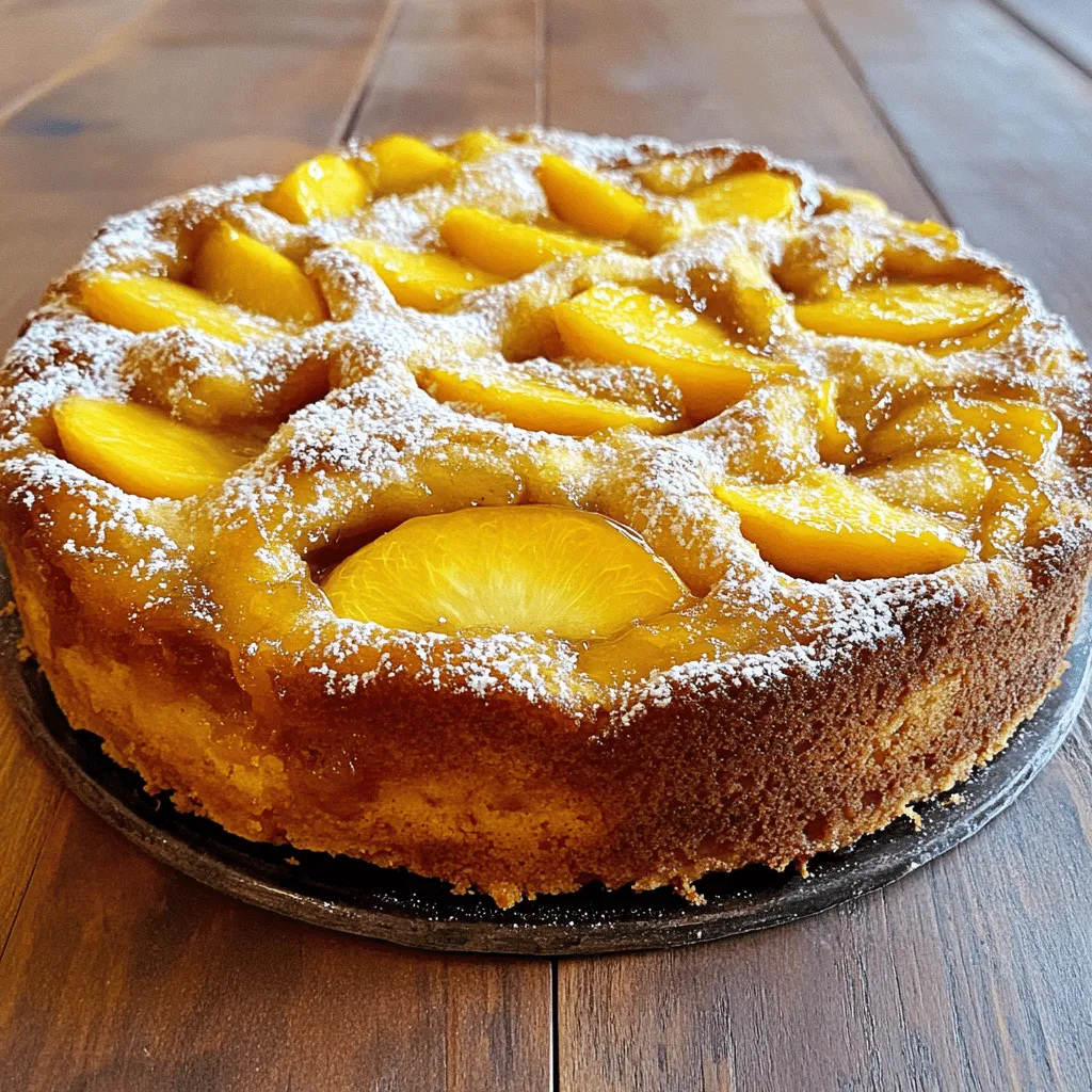 To make this Peach Upside-Down Cake, gather these fresh and simple ingredients: - 4 ripe peaches, pitted and sliced into thin wedges - 1/2 cup unsalted butter, melted and slightly cooled - 3/4 cup packed brown sugar - 1 teaspoon ground cinnamon - 1 1/2 cups all-purpose flour, sifted - 2 teaspoons baking powder - 1/2 teaspoon sea salt - 1 cup granulated sugar - 2 large eggs, at room temperature - 1 teaspoon pure vanilla extract - 1/2 cup whole milk, at room temperature Measuring your ingredients accurately is key to a great cake. Use dry measuring cups for flour and sugar. For sticky ingredients like brown sugar, pack it down firmly in the cup. Use a liquid measuring cup for milk and melted butter. To get the best results, always level off dry ingredients with a straight edge, like a knife. If you need to make changes, here are some ideas: - Peaches: You can use nectarines or pears if peaches are not in season. - Butter: Coconut oil or margarine can replace unsalted butter for a dairy-free option. - Milk: Almond milk or oat milk works well instead of whole milk. - Sugar: You might swap granulated sugar with coconut sugar for a hint of caramel flavor. These swaps keep the spirit of the recipe while allowing for personal tastes! For the full recipe, check out Peachy Dreams Upside-Down Cake. Start by preheating your oven to 350°F (175°C). This step helps the cake bake evenly. Next, take a 9-inch round cake pan and grease it lightly with softened butter. This will help the cake release easily after baking. In a small bowl, mix together the melted butter, brown sugar, and ground cinnamon. Stir until smooth. Pour this mixture into the bottom of the greased cake pan. Spread it evenly. Now, take the sliced peaches and arrange them over the brown sugar layer. This creates a beautiful topping for the cake. In another bowl, whisk together the sifted flour, baking powder, and sea salt. Make sure there are no lumps. In a large mixing bowl, beat the granulated sugar and the remaining melted butter until light and fluffy. This should take about 3 to 5 minutes. Next, add the eggs one by one, mixing well after each. Stir in the vanilla extract. Gradually mix the flour mixture with the butter mixture and alternately add the whole milk. Start and end with the flour mixture. Carefully pour the cake batter over the arranged peaches in the pan. Use a spatula to spread the batter evenly. Place the pan in your preheated oven and bake for 35-40 minutes. The cake is done when a toothpick comes out clean with a few moist crumbs attached. Once baked, let the cake cool in the pan for about 10 minutes. Then, carefully invert it onto a serving plate. This lets the juicy peaches shine on top. For a nice touch, you can dust the cake with powdered sugar. Serve it warm with a scoop of vanilla ice cream for a delightful treat. You can find the Full Recipe for more details. To make your Peach Upside-Down Cake shine, follow these tips: - Use ripe peaches: They add sweetness and flavor. - Room temperature eggs: They mix better and help the cake rise. - Avoid overmixing: Mix just until combined to keep the cake light. - Grease the pan well: This helps the cake release easily after baking. If your cake doesn’t turn out as planned, here are solutions: - Cake is too dry: Reduce baking time or add more milk next time. - Topping sticks to the pan: Make sure to grease the pan well and let it cool slightly before inverting. - Peaches sink: Use firmer peaches and arrange them tightly to help them stay in place. To elevate the flavors of your cake, consider these ideas: - Add almond extract: It pairs beautifully with peaches. - Use brown butter: This gives a nutty flavor to the cake and topping. - Sprinkle a pinch of sea salt: This enhances sweetness and balances flavors. For more detailed instructions, check the Full Recipe for Peachy Dreams Upside-Down Cake. {{image_4}} You can swap peaches for other fruits. Pineapple slices work well. Apples or pears add a nice crunch. Berries like blueberries or strawberries give a fresh taste. Just remember to adjust the sugar level based on the fruit's sweetness. This keeps your cake balanced and delicious. If you want a healthier twist, try using honey or maple syrup instead of brown sugar. These options add a unique flavor. For the flour, consider almond or coconut flour for a gluten-free cake. Make sure to adjust the liquid in the recipe as these flours absorb moisture differently. To make a gluten-free version, use a gluten-free flour blend. You can find many blends at the store. Follow the same steps in the recipe. The cake may be a bit denser, but it will still be delicious. Enjoy this treat without worry, and share it with everyone! For the detailed recipe, check the Full Recipe for all the steps and tips! To keep your cake fresh, store leftovers in an airtight container. Place the container in the fridge. This will help maintain the cake’s moisture and flavor. Enjoy the cake within three to four days for the best taste. If you want to enjoy warm cake, preheat your oven to 350°F (175°C). Place a slice of cake on a baking sheet. Heat it for about 10 minutes. You can also use the microwave for quick warmth. Heat a slice for 15 to 20 seconds. Just be careful not to overheat it. You can freeze Peach Upside-Down Cake for later enjoyment. Wrap the cooled cake tightly in plastic wrap. Then, place it in a freezer-safe bag or container. It will stay fresh in the freezer for up to three months. To thaw, leave it in the fridge overnight before serving. For the best taste, enjoy it within one month of freezing. For the full recipe, check out the Peachy Dreams Upside-Down Cake recipe. Peach Upside-Down Cake comes from the classic upside-down cake style. This style began in the United States during the 1920s. It became popular because it was easy to make and looked great. The method of cooking fruit under a cake batter made it special. Peaches were often used due to their sweet flavor and juicy texture. Yes, you can use canned peaches. They work well in this recipe. Just make sure to drain them well to avoid extra liquid. Canned peaches will also save you some prep time. However, fresh peaches add a brighter taste and a lovely texture to the cake. To check if the cake is done, use a toothpick. Insert it into the center of the cake. If it comes out clean or with a few moist crumbs, the cake is ready. You can also gently press the top. If it springs back, your cake is done baking. Yes, you can make this cake in advance. It tastes great the next day. Let it cool completely before storing. Keep it in an airtight container at room temperature. You can also refrigerate it if you prefer. Just remember to bring it back to room temperature before serving. Peach Upside-Down Cake pairs well with many tasty options. Here are some ideas: - A scoop of vanilla ice cream - Whipped cream for a light touch - Fresh mint leaves for a pop of color - A drizzle of caramel sauce for extra sweetness These toppings will enhance the flavors and make your dessert even more delightful. You can find the full recipe to get started on your delicious Peach Upside-Down Cake! This blog post covered how to make a delicious peach upside-down cake. We looked at the ingredients, including measuring tips and substitutions. I shared clear steps for prepping, baking, and serving the cake. In addition, I provided key tips to avoid common issues and flavor-enhancing ideas. You can also try tasty variations and learn how to store or reheat leftovers. With these tips, you can bake a delightful cake every time. Enjoy your baking journey!