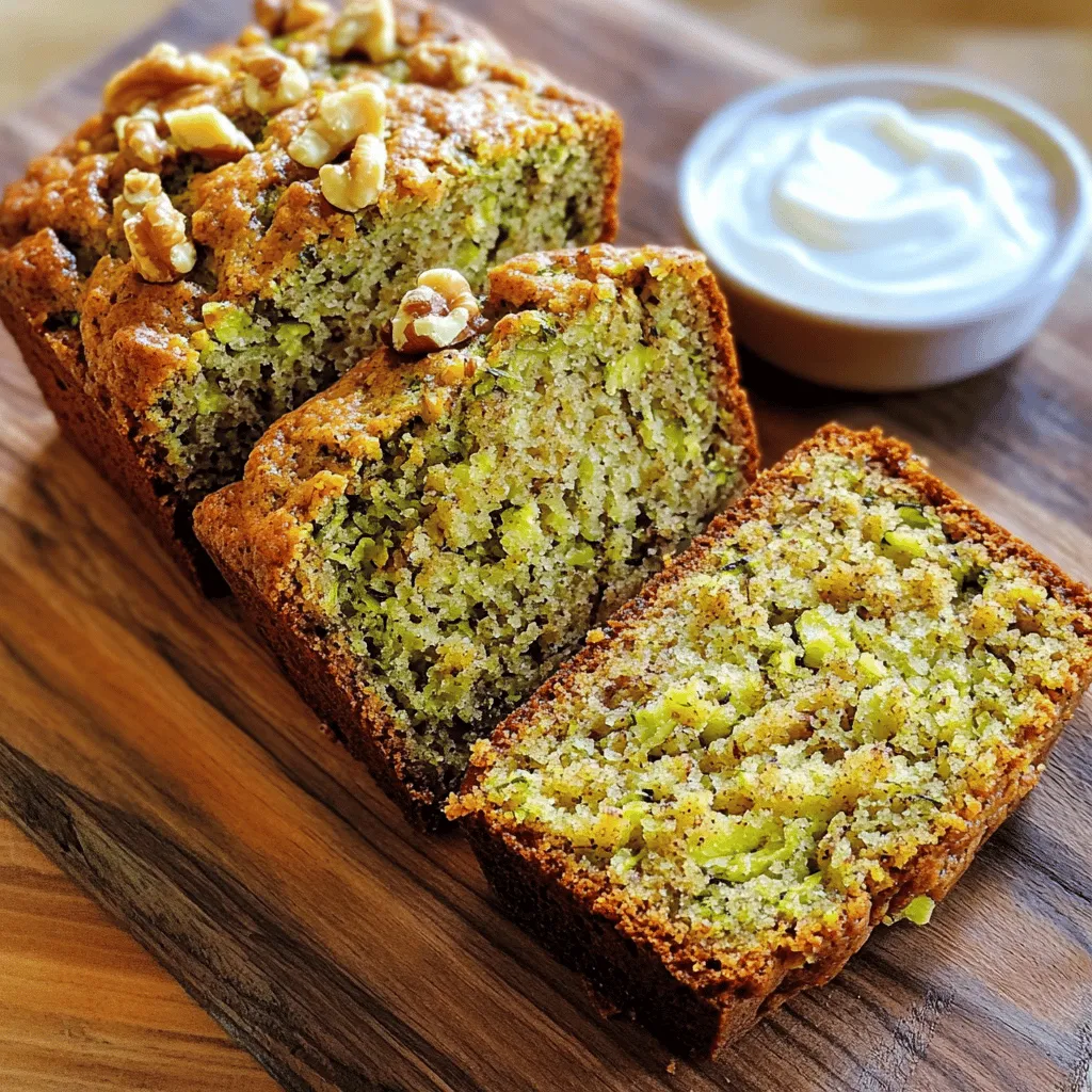 - Zucchini: Using finely grated zucchini keeps the bread moist. It blends well into the batter. This veggie also adds nutrients without a strong flavor. - Flour options: Almond flour gives a nutty taste and is low in carbs. Whole wheat flour adds fiber and a hearty texture. You can mix both for a balanced loaf. - Sweeteners: Natural sweeteners like maple syrup or applesauce work best. They add moisture and flavor without being too sweet. Opt for pure maple syrup for the best taste. - Nuts: Chopped walnuts or pecans add crunch and healthy fats. They make the bread more filling and enhance the flavor. - Raisins: Adding raisins brings a hint of extra sweetness. They also add chewiness and depth to the bread's texture. - Gluten-free alternatives: If you need a gluten-free option, use only almond flour or a gluten-free flour blend. Adjust the baking time slightly to ensure it cooks through. - Egg alternatives for vegan options: Substitute eggs with flaxseed meal or chia seeds mixed with water. This keeps the bread moist and binds the ingredients well. First, you need to prepare the zucchini. Start by washing and trimming the ends of your zucchinis. Use a grater to finely grate them. You want about two cups of zucchini, which is around two medium zucchinis. Make sure to squeeze out the extra moisture using a clean kitchen towel. This will keep your bread from being too wet. Next, measure out your other ingredients. Gather almond flour, whole wheat flour, baking soda, baking powder, sea salt, cinnamon, and nutmeg. You will also need your sweeteners: maple syrup or honey, and unsweetened applesauce. Do not forget the eggs, vanilla extract, and any nuts or raisins you want to add. Prepare your loaf pan by greasing it lightly with cooking spray. You can also line it with parchment paper for easy removal after baking. This step is key to prevent sticking. In a medium bowl, add your grated zucchini. Pour in the maple syrup or honey, applesauce, eggs, and vanilla extract. Use a whisk to mix these wet ingredients together until they look smooth. In a large bowl, sift together the dry ingredients: almond flour, whole wheat flour, baking soda, baking powder, sea salt, ground cinnamon, and ground nutmeg. Sifting helps to aerate the flour. This will make your bread light and fluffy. Now, carefully pour the wet mixture into the bowl with the dry ingredients. Use a spatula to gently fold the two together. Be careful not to overmix. Overmixing can make your bread tough instead of light. Once combined, add in your chopped walnuts or pecans and raisins if you choose. Fold these into the batter until they are evenly spread. Transfer the batter into your prepared loaf pan. Use the back of your spatula to smooth the top. This will help it bake evenly. Now you are ready to bake! Follow the [Full Recipe] for detailed baking instructions and enjoy the delightful aroma filling your kitchen. To get the best texture, avoid overmixing the batter. When you mix too much, the bread can turn out tough. Mix just until the dry and wet ingredients blend together. This keeps your zucchini bread nice and soft. For perfectly grated zucchini, use a box grater. Grate the zucchini finely, but leave the skin on. The skin adds color and nutrients. After grating, place the zucchini in a clean cloth. Squeeze out excess moisture. This step helps prevent a soggy loaf. You can customize the spices to fit your taste. Add more cinnamon for warmth or cardamom for a floral note. A pinch of ginger can give a nice kick too. Experiment with flavors to find your perfect blend. Using different nuts can change the taste as well. Walnuts add a rich, earthy flavor. Pecans give a sweet, buttery touch. Try adding almonds or hazelnuts for a unique twist. If your bread is too dense, it might be due to too much flour. Spoon flour into your measuring cup instead of scooping it. This prevents packing down the flour, which can lead to heaviness. To avoid sogginess, ensure the zucchini is well-drained. Too much moisture can make the bread wet. Also, bake your bread until a toothpick comes out clean. This means it is fully cooked and ready to enjoy. For the complete recipe, refer to the Full Recipe section. {{image_4}} You can easily make this low sugar zucchini bread your own. Adding citrus zest brings a bright and fresh twist. Lime or lemon zest works great. It gives a lovely aroma and a hint of tang. Incorporating chocolate chips is another fun option. Use dark chocolate chips for a rich flavor. They add sweetness without too much sugar. A handful will make your bread a sweet treat everyone will love. If you're looking for low-carb adaptations, you can swap out some ingredients. Try using only almond flour. This keeps your bread light and fluffy. You can also add in protein powder for an extra boost. For those who need vegan options, replace the eggs with flax eggs. Mix one tablespoon of ground flaxseed with three tablespoons of water. Let it sit for a few minutes to thicken. This simple swap works well in this recipe. Summer is the perfect time to enjoy zucchini bread. You can add fresh herbs like basil or mint for a unique taste. These herbs make this dish refreshing and bright. In the fall, try adding pumpkin puree. It gives a warm flavor and moist texture. You can also use other veggies like grated carrots or apples. They add unique sweetness and moisture. This makes your zucchini bread even more exciting to eat. For the full recipe, check out the amazing low sugar zucchini bread instructions. To keep your zucchini bread fresh, store it at room temperature. Wrap it in plastic wrap or place it in an airtight container. This way, it stays moist and tasty. If you live in a warm area, refrigerate it after a few days. This helps it last longer. Freezing is a great option for long-term storage. You can freeze either slices or the whole loaf. Wrap the bread tightly in plastic wrap and then in aluminum foil. This keeps out air and prevents freezer burn. When you want to enjoy it, thaw it in the fridge overnight or let it sit at room temperature for a few hours. For the best texture, toast slices lightly before eating. Your low sugar zucchini bread can stay fresh for about a week at room temperature. If refrigerated, it can last up to two weeks. Always check for signs of spoilage. If you see mold or smell something off, it’s time to throw it away. Enjoy your baking adventure with this delightful low sugar zucchini bread! For the full recipe, check out the link. You can tell if the zucchini bread is done by looking for a few signs. First, the edges should pull away from the sides of the pan. Second, the top should be golden brown. Lastly, use a toothpick—insert it into the center. If it comes out clean, your bread is ready. This toothpick test is a reliable way to check doneness. Remember, over-baking can dry it out, so keep an eye on the time. Yes, you can make this recipe gluten-free! Use almond flour for the full amount or mix it with coconut flour. If you use coconut flour, reduce the amount to about 1/3 cup. This helps keep the bread moist and fluffy. You can also try gluten-free all-purpose flour, following package instructions for ratios. If you want to replace eggs, there are several options. Common choices include applesauce, mashed banana, or flaxseed meal. Use 1/4 cup of applesauce or mashed banana for each egg. For flaxseed, mix 1 tablespoon of flaxseed meal with 2.5 tablespoons of water and let it sit. These replacements may change the texture a bit, making it denser or sweeter, but they work well. When serving zucchini bread, slice it into thick pieces. Arrange the slices on a wooden board for a rustic look. For a fun twist, offer cream cheese or Greek yogurt in a small dish for spreading. This bread is tasty warm or at room temperature. Pair it with a cup of coffee or tea for a delightful treat. In summary, this blog post covers how to make zucchini bread, focusing on key ingredients, detailed steps, and helpful tips. You learned about important elements like finely grated zucchini and flour choices. You also discovered optional ingredients that boost flavor and how to customize the recipe. Remember, careful mixing is crucial for great texture. Experiment with flavors and seasonal ingredients to make it your own. With these insights, you can confidently bake delicious zucchini bread that suits your taste and diet. Enjoy your baking journey!