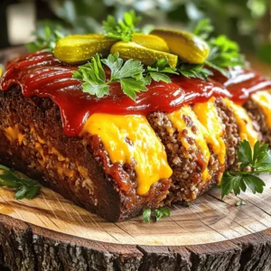 - 1 ½ pounds ground beef - 1 cup shredded sharp cheddar cheese - ½ cup seasoned breadcrumbs - ½ cup finely chopped yellow onion - ½ cup ketchup (plus additional for topping) - 2 large eggs - 1 tablespoon Worcestershire sauce - 1 teaspoon garlic powder - 1 teaspoon onion powder - ½ teaspoon smoked paprika - Salt and freshly ground black pepper - ½ cup dill pickles, chopped - Fresh parsley, chopped I love to create recipes that bring joy to families. Cheeseburger meatloaf is one of those dishes. It has all the flavors of a classic cheeseburger, but in a warm and hearty loaf. The main ingredients are simple. Ground beef gives it a rich base, while cheddar cheese adds a sharp flavor. The seasoned breadcrumbs help bind everything together. Next, we have onion and ketchup. The onion adds sweetness, and the ketchup gives it moisture and a hint of tang. For the extra flavor, I always use Worcestershire sauce. This sauce adds depth and umami, making each bite burst with taste. Now let’s talk about the spices. Garlic powder and onion powder brighten the flavor. Smoked paprika adds a touch of warmth and smokiness that is hard to resist. Remember to season with salt and black pepper to bring everything together. If you want to elevate your dish, consider garnishing with dill pickles and chopped parsley. Dill pickles offer a crunchy contrast, while parsley adds fresh color. For the full recipe, be sure to check out the detailed instructions. This dish is not just easy to make but also a fun family favorite. Everyone loves a good meatloaf! - Preheat oven to 350°F (175°C). - Mix ground beef, cheese, breadcrumbs, onion, and ketchup in a large bowl. To start, I preheat my oven to 350°F (175°C). This makes sure the meatloaf cooks evenly. Next, I grab a large bowl. In this bowl, I combine 1 ½ pounds of ground beef, 1 cup of shredded sharp cheddar cheese, ½ cup of seasoned breadcrumbs, ½ cup of finely chopped yellow onion, and ½ cup of ketchup. I mix these ingredients until they are well blended. - Whisk eggs, Worcestershire sauce, and spices in a separate bowl. - Integrate the egg mixture into the meat mixture thoroughly. In another bowl, I whisk together 2 large eggs, 1 tablespoon of Worcestershire sauce, 1 teaspoon of garlic powder, 1 teaspoon of onion powder, and ½ teaspoon of smoked paprika. I also add some salt and pepper to taste. After it is frothy, I pour this egg mixture into the meat mixture. I stir it all together very well until everything is fully combined and no egg streaks are left. - Shape the mixture into a loaf in a greased pan. - Top with remaining ketchup and bake for about 1 hour. Now, I transfer the meat mixture into a greased loaf pan. I shape it into a nice loaf that fits well in the pan. Next, I take the remaining 2 tablespoons of ketchup and spread it evenly over the top of the meatloaf. This gives it a lovely glaze. I then place the pan in the preheated oven and bake for about 1 hour until it reaches an internal temperature of 160°F (70°C). - Rest after baking and garnish with pickles and parsley before serving. After baking, I carefully take the meatloaf out of the oven. I let it rest for at least 10 minutes. This step helps keep the meatloaf juicy. To finish, I garnish it with chopped pickles and fresh parsley. This adds color and flavor, making it look as good as it tastes. For the full recipe, check out the details provided earlier. - Use high-quality ground beef for better taste. - Allow ingredients to come to room temperature before mixing. Using good ground beef makes a big difference in flavor. I always choose 80/20 ground beef for a juicy result. Letting your other ingredients warm up helps them blend well. Cold items can make the meat tough. - Avoid overmixing the meat mixture to keep it tender. - Let the meatloaf rest to retain moisture after baking. Mix just enough so everything blends. Overmixing can lead to a dry meatloaf. After baking, let it rest for ten minutes. This step keeps the juices inside, making each slice moist and tasty. - Pair with creamy mashed potatoes and steamed vegetables. - Drizzle with additional ketchup for added flavor. For a classic touch, serve with mashed potatoes and veggies. A little ketchup on top adds extra flavor, too. I love garnishing with chopped pickles or parsley for a pop of color. For the full recipe, check out the details above. {{image_4}} You can change the taste of your cheeseburger meatloaf by using different cheeses. Mozzarella gives a nice stretch, while pepper jack adds a kick. For spice lovers, mixing in jalapeños or hot sauce makes it exciting. You can adjust flavors to fit your family's taste. If you want a lighter option, use ground turkey or chicken instead of beef. This swap keeps the meatloaf juicy while cutting fat. For those who need gluten-free meals, use gluten-free breadcrumbs. It keeps the texture without the gluten. You can easily adjust this recipe to serve more or fewer people. Simply scale the ingredients up or down based on your needs. For a fun twist, try using a muffin tin. This method makes small, individual meatloaves that cook quicker and are perfect for kids. Check out the Full Recipe for more details! To keep your cheeseburger meatloaf fresh, refrigerate it in an airtight container. It can last for up to 3-4 days. Always make sure it is cooled completely before storing. This helps maintain its great texture. If you want to store it longer, wrap the meatloaf tightly in foil or plastic wrap. Then, place it in a freezer bag. It will keep well for up to 3 months in the freezer. This way, you can enjoy it later. When you are ready to eat your frozen meatloaf, thaw it overnight in the refrigerator. For the best results, reheat it in the oven. Make sure it is warmed thoroughly to enjoy it fully. - Approximately 1 hour, with a resting period before slicing. Cheeseburger meatloaf needs about one hour in the oven. Cooking times may vary based on your oven. Use a meat thermometer to check for doneness. The internal temperature should reach 160°F (70°C). After baking, let it rest for about 10 minutes. This resting time helps keep it juicy and easy to slice. - Yes, it can be assembled and refrigerated before baking. You can prepare the cheeseburger meatloaf in advance. Mix your ingredients and shape the loaf. Cover it tightly with plastic wrap or foil. Place it in the fridge for up to 24 hours. When you are ready, bake it straight from the fridge. Just remember to adjust the cooking time as needed. - Consider mashed potatoes, green beans, or a fresh garden salad. Cheeseburger meatloaf pairs well with many sides. Creamy mashed potatoes bring comfort and flavor. Steamed green beans add a nice crunch and color. A fresh garden salad offers a crisp, healthy contrast. You can also serve it with fries for a fun twist. - Ensure to mix ingredients well and let the meatloaf rest after baking to set. To keep your meatloaf from crumbling, mix the ingredients well. Don’t overmix, as this can make it tough. After baking, let it rest for at least 10 minutes. This helps it firm up and makes slicing easier. Following these steps will give you a perfect meatloaf slice every time. This blog post covers how to make a tasty cheeseburger meatloaf. We explored essential ingredients, mixing steps, and tips for the best flavor and texture. You can tweak this recipe with different cheeses or make it leaner with ground turkey. Remember to store leftovers properly for later enjoyment. This dish pairs great with mashed potatoes and greens. Try this fun twist on meatloaf at your next meal. Your family will love it!